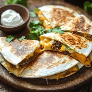- 1 lb ground beef - 1 cup shredded cheddar cheese - 1 cup shredded mozzarella cheese - 1 small onion, finely chopped - 2 cloves garlic, minced - 1 bell pepper, diced (any color) The main ingredients create a rich flavor. The ground beef serves as the star. Cheddar and mozzarella blend well, giving a creamy texture. Onions, garlic, and bell peppers add depth and sweetness. - 1 teaspoon ground cumin - 1 teaspoon chili powder - ½ teaspoon paprika - Salt and pepper to taste Spices bring the dish to life. Ground cumin adds warmth. Chili powder gives a mild kick. Paprika enhances the color and flavor. Salt and pepper balance everything, making each bite tasty. - 4 large flour tortillas - 2 tablespoons olive oil - Fresh cilantro for garnish - Sour cream for serving Flour tortillas hold the filling. They get crispy when cooked. Olive oil helps with browning. Fresh cilantro brightens the dish. Sour cream adds creaminess and cools the heat. For the full recipe, check out the detailed instructions in the article. First, heat a large skillet over medium heat. Add 1 tablespoon of olive oil. Once the oil is hot, add the ground beef. Break it up with a spatula. Cook until the beef is browned. This should take about 5 to 7 minutes. Next, add the chopped onion, minced garlic, and diced bell pepper to the skillet. Stir everything together. Cook for another 3 to 4 minutes. The veggies should become soft and fragrant. Now it's time to add flavor! Stir in the ground cumin, chili powder, paprika, salt, and pepper. Mix well and cook for another minute. The spices will release a nice aroma. Once done, remove the skillet from heat. Let the mixture cool for a few minutes. Grab a clean surface and lay out one tortilla. Sprinkle half of the cheddar and mozzarella cheese on one half. Next, spoon about a quarter of the beef mixture on top of the cheese. Add another layer of cheese over the beef. Finally, fold the tortilla in half to create a half-moon shape. Repeat this with the other tortillas. In the same skillet, or a new one if you prefer, heat 1 tablespoon of olive oil over medium heat. Carefully place one quesadilla in the skillet. Cook for 3 to 4 minutes on each side. You want them to be golden brown and the cheese to melt. Repeat for the remaining quesadillas. Once cooked, take the quesadillas out of the skillet. Let them cool for a minute before slicing into wedges. For a nice look, serve the wedges on a platter. Garnish with fresh cilantro. Don’t forget a small bowl of sour cream for dipping. Enjoy your cheesy ground beef quesadillas with friends and family! Check out the Full Recipe for more details. To get the best cheese melt, use a mix of cheddar and mozzarella. Cheddar adds sharpness, while mozzarella gives that gooey texture. Make sure your skillet is hot enough before putting in the quesadilla. This helps the cheese melt faster. To avoid soggy tortillas, do not overfill them. A little beef and cheese go a long way. Also, ensure the skillet is hot when you cook them. This will keep the outside crispy. You can cook quesadillas in several ways. A non-stick skillet works well for easy flipping. A traditional skillet gives a nice char. If you want to cook multiple at once, use the oven. Preheat it to 400°F. Place the quesadillas on a baking sheet and bake for 10 minutes. Grilling is another fun option. It gives a smoky flavor. Just keep an eye on the heat to avoid burning. To add extra flavor, sprinkle in some spices like cayenne or garlic powder. You can also try toppings like jalapeños, olives, or avocado slices. These add crunch and taste. For sides, sour cream is a classic. You can also serve guacamole or salsa. These dips enhance the meal and make it more fun to eat. For more tips on enhancing flavors, check out the Full Recipe for Cheesy Ground Beef Quesadillas. {{image_2}} You can easily make a tasty vegetarian quesadilla. Simply swap ground beef for either beans or jackfruit. Both options offer great texture and flavor. Black beans or refried beans work well. Jackfruit gives a nice pulled texture that many enjoy. You can also add different vegetables for filling. Spinach, mushrooms, or zucchini can brighten up the dish. Get creative and mix your favorites for a unique spin. When it comes to cheese, feel free to experiment. Try using different types for varied flavors. Pepper jack adds a spicy kick, while gouda offers a smoky taste. Mixing cheeses can create a rich and creamy filling. For example, combine cheddar and mozzarella for a classic blend. Each cheese brings something special, so don't be afraid to explore. Adjusting spice levels allows you to make your quesadillas just right. Add more chili powder for heat or keep it mild with less. You can also incorporate different herbs to enhance flavor. Oregano adds a nice touch, while cilantro brightens the dish. Experiment with these adjustments to find your perfect blend. Each change can create a new favorite quesadilla. For the full recipe, check out the original instructions. To keep your cheesy ground beef quesadillas fresh, store them in the fridge. Place them in airtight containers. This helps prevent them from drying out. You can also wrap them tightly in plastic wrap. Make sure to eat them within 3 days for the best taste. The best way to reheat quesadillas is in a skillet. Heat the skillet over medium heat. Place the quesadilla in the skillet for about 2-3 minutes. Flip it over and heat for another 2-3 minutes. This keeps the cheese nice and melty. You can also use an oven. Preheat it to 350°F and bake for about 10 minutes. This method works well too. Just cover the quesadilla with foil to keep it from getting too crispy. To freeze quesadillas, let them cool completely first. Then, wrap each one in plastic wrap. Place them in a freezer-safe bag. This helps keep out air and prevents freezer burn. When you’re ready to eat, take a quesadilla out and let it thaw in the fridge overnight. Reheat it in the skillet or oven as mentioned above. Enjoying a frozen quesadilla can feel like a treat! To make your quesadillas crispy, use a hot skillet and enough oil. I recommend using two tablespoons of olive oil in your skillet. Heat the oil until it shimmers before adding your quesadilla. Cook each side for 3-4 minutes. This gives a nice golden brown color and a crunchy texture. You can also try using a cast iron skillet for better heat retention. If you want an alternative to ground beef, you have many great options. You can use shredded chicken, turkey, or even crumbled tofu. Black beans are also a delicious choice for a vegetarian twist. Just make sure to season these proteins well to add flavor. This way, you can enjoy cheesy quesadillas without beef. Yes, you can prepare the filling ahead of time. Cook the beef and veggies as directed, then let the mixture cool. Store it in an airtight container in your fridge. This will keep the filling fresh for up to three days. When you're ready to eat, just heat it up before assembling your quesadillas. You can tell your quesadillas are done when they are golden brown and the cheese is melted. Gently press the quesadilla with a spatula; it should feel firm. If you see cheese oozing out, that is a good sign! Let them cool for a minute before slicing. Enjoy them warm for the best taste. In this post, we covered how to make flavorful quesadillas. We explored the main ingredients like ground beef and cheeses. We also discussed spices and cooking tips. You learned step-by-step instructions for cooking and assembling. Additionally, we shared storage tips and answered common questions. Quesadillas are fun meals. You can make them your own with different flavors. Try new ingredients and enjoy! Happy cooking!