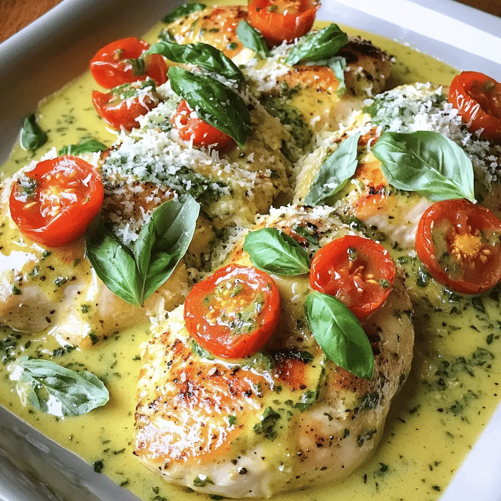 - 4 boneless, skinless chicken breasts - 1 cup heavy cream - 1 cup fresh basil leaves, chopped - 2 tablespoons olive oil - 1 teaspoon salt - 1/2 teaspoon black pepper - 1 teaspoon Italian seasoning - 3 cloves garlic, minced - 1 cup cherry tomatoes, halved - Grated Parmesan cheese for serving When I make Hearty Creamy Basil Chicken, I love how simple the ingredients are. You only need a few items to create rich flavors. Start with the chicken. I prefer boneless, skinless breasts. They cook evenly and soak up the sauce well. Next, heavy cream is the star of this dish. It adds a rich, creamy texture. Fresh basil gives a bright, herbal note that lifts the dish. I always chop the basil finely to release its oils. For seasonings, I use olive oil for cooking. It adds flavor and helps brown the chicken. Salt and black pepper enhance the taste. Italian seasoning brings a warm, aromatic touch. Garlic is a must for me. I use fresh cloves, minced finely. They add depth to the sauce. Cherry tomatoes, halved, add a pop of color and sweetness. Finally, I finish the dish with grated Parmesan cheese. It adds a savory kick and ties everything together. You can find the full recipe in the article for more detailed steps. Enjoy cooking and savoring this delightful meal! - Seasoning the chicken breasts Start by seasoning the chicken breasts. Use salt, black pepper, and Italian seasoning. Coat both sides evenly. This adds flavor and enhances the dish. - Cooking on the skillet Heat two tablespoons of olive oil in a large skillet. Set the heat to medium-high. Once hot, add the seasoned chicken breasts. Cook for 6-7 minutes on each side. Look for a golden brown color. Make sure they are cooked through. Remove the chicken from the skillet and set aside. - Sautéing the garlic In the same skillet, add three minced garlic cloves. Sauté for about one minute. You want the garlic to become fragrant. This brings out its rich flavor. - Adding the heavy cream Pour in one cup of heavy cream after the garlic. Stir well to mix. Scrape any browned bits from the bottom of the skillet. These bits add great taste to the sauce. - Incorporating cherry tomatoes and basil Next, add one cup of halved cherry tomatoes and one cup of chopped fresh basil. Stir these into the cream sauce. Let it simmer for 3-4 minutes. This thickens the sauce and blends the flavors. - Blending flavors with cooked chicken Return the cooked chicken breasts to the skillet. Coat them with the creamy basil sauce. Let everything simmer together for another 2-3 minutes. This step is key to ensuring all the flavors meld beautifully. For the complete recipe, check out the full recipe section. Enjoy your cooking! To ensure chicken is cooked thoroughly, use a meat thermometer. The chicken should reach 165°F (75°C). This way, you avoid undercooking or drying it out. Also, cook the chicken in batches if your skillet is small. This helps it brown nicely. For a thicker sauce, let it simmer longer. The heavy cream will reduce and thicken. You can also add a bit of cornstarch mixed with water. This trick works great to achieve the perfect creamy texture. Experimenting with additional herbs can elevate the dish. Try adding thyme or oregano for a twist. Fresh herbs bring bright flavors. You can mix in a bit of parsley for a fresh pop. For suggested spices, consider adding a pinch of red pepper flakes. This adds warmth without overpowering the dish. You can also use smoked paprika for a subtle depth. Plating is key for an appealing dish. Use a large plate and place the chicken in the center. Pour the creamy sauce around it for a lovely look. Add the cherry tomatoes on top for color. Garnishing with Parmesan adds a nice touch. Grate fresh Parmesan over the dish just before serving. It enhances the flavor and makes it look gourmet. This simple step can impress your guests! {{image_2}} You can switch the chicken for turkey or tofu. Turkey is lean and has a mild taste. It cooks in a similar way. Just season it like chicken. For a plant-based option, use firm tofu. Press it to remove water, then cut it into cubes. Cook it until golden brown before adding to the sauce. You can also cook with shrimp. Shrimp cooks quickly and adds a nice touch. Just add them to the sauce after the garlic and let them simmer until pink. If you need gluten-free options, make sure to use gluten-free broth or cream. Check the labels to ensure no hidden gluten. For those looking to cut carbs, try zucchini noodles. Spiralize the zucchini and sauté it briefly. This will create a light and fresh base for the creamy sauce. It’s a great way to enjoy the dish without the added carbs. You can add sun-dried tomatoes for a burst of flavor. Just chop them and stir them into the sauce. They bring a sweet and tangy taste that pairs well with basil. Another option is to incorporate a splash of white wine. Add it after the garlic, letting it cook down a bit. This will deepen the flavor of the sauce. These simple tweaks can make your dish even more special. For the full recipe, visit the Hearty Creamy Basil Chicken page. To keep your Hearty Creamy Basil Chicken fresh, store it in an airtight container. This method helps lock in the flavors and keeps it safe from contamination. Make sure to let the dish cool before sealing it. Your leftovers will last about 3 to 4 days in the fridge. Always check for any signs of spoilage before eating. You can freeze Hearty Creamy Basil Chicken for later enjoyment. Portion the dish into freezer-safe containers. If you plan to freeze it, do so within a day or two of cooking. This dish can last up to 3 months in the freezer. When you’re ready to eat, thaw it in the fridge overnight. For quick thawing, you can use the microwave, but be careful not to cook it. For the best taste, reheat Hearty Creamy Basil Chicken on the stove over low heat. This method helps maintain the creamy texture. Stir the sauce gently to avoid sticking. You can also use the microwave, but heat it in short bursts to prevent overcooking. Stir in between to ensure even heating. Enjoy every bite of this rich dish! For the full recipe, check out the recipe card above. To make this dish gluten-free, you can use gluten-free flour or cornstarch to thicken the sauce. This keeps the creamy texture without any wheat. You can also ensure that all other ingredients, like chicken broth, are gluten-free. Check labels to be sure. If you want a lighter option, try using coconut milk or almond milk mixed with a bit of cornstarch. Another option is Greek yogurt, which adds creaminess and protein. You can also use half-and-half for a less rich taste while still keeping the dish creamy. Yes, you can prep Hearty Creamy Basil Chicken in advance. Cook the chicken and sauce, then store them separately in the fridge. When you’re ready to eat, just reheat the chicken and sauce together in a skillet. This way, the flavors blend nicely again. For best results, eat it within three days. For the full recipe, check the recipe section above! This recipe for Hearty Creamy Basil Chicken showcases simple ingredients. It combines chicken, fresh basil, and rich cream for a tasty meal. You learned how to cook the chicken and make the sauce. We shared tips to enhance flavor and presentation. You can try protein swaps and dietary changes for variety. In conclusion, this dish is both easy and flexible. Enjoy making it for family or friends. Your cooking will impress with its rich flavors and vibrant colors.