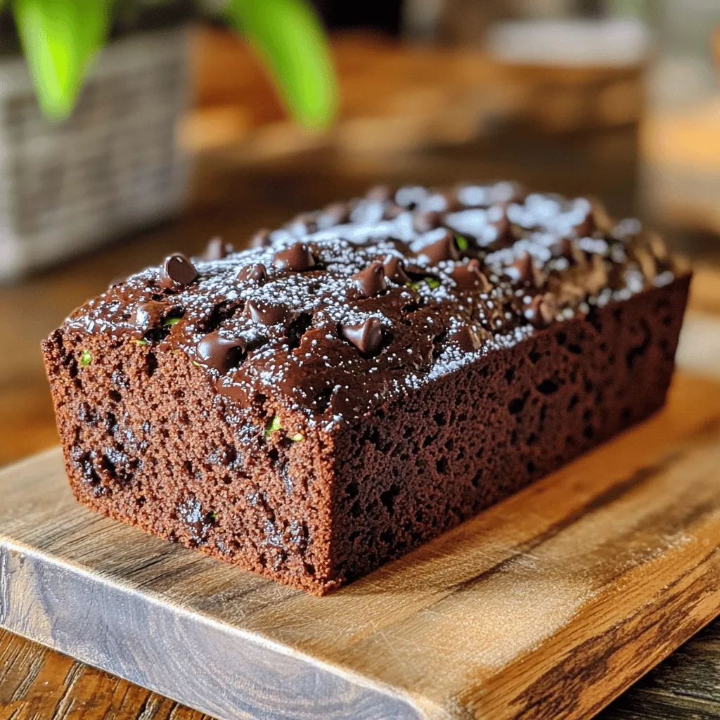 - Grated zucchini - Whole wheat flour - Unsweetened cocoa powder - Natural sweeteners (honey or maple syrup) - Unsweetened applesauce - Eggs To make Healthy Chocolate Zucchini Bread, you need simple ingredients. Grated zucchini adds moisture and nutrition. Whole wheat flour gives the bread a hearty texture. Unsweetened cocoa powder brings rich chocolate flavor without added sugar. For sweetness, you can use honey or maple syrup. Unsweetened applesauce helps keep the bread moist and adds natural sweetness. Lastly, eggs bind everything together and provide structure. - Dark chocolate chips - Ground cinnamon You can enhance the flavor with optional dark chocolate chips. They give extra chocolatey goodness. Ground cinnamon adds warmth and depth to the taste. If you love chocolate, don’t skip the chips! This recipe is flexible. You can mix in your favorite add-ins. Enjoy making this tasty treat! For the complete recipe, check out the Full Recipe. 1. Preheating the oven: Start by preheating your oven to 350°F (175°C). This step is key to getting the right bake for your bread. 2. Mixing wet ingredients: In a large bowl, mix together 1 cup of grated zucchini, 1/2 cup of honey (or maple syrup), 1/2 cup of unsweetened applesauce, 2 beaten eggs, and 1 teaspoon of vanilla extract. Stir until everything is well combined and smooth. 3. Combining dry ingredients: In a separate bowl, whisk together 1 cup of whole wheat flour, 1/2 cup of unsweetened cocoa powder, 1 teaspoon of baking soda, 1/2 teaspoon of baking powder, 1/4 teaspoon of salt, and 1/4 teaspoon of ground cinnamon if you like a hint of spice. Make sure these ingredients are mixed well. 1. Pouring batter into the pan: Gradually add the dry mix to the wet mix. Stir gently until just combined. Do not overmix; this keeps the bread soft. If you want, fold in 1/2 cup of dark chocolate chips for extra flavor. 2. Baking time and temperature: Pour the batter into a greased 9x5 inch loaf pan. Smooth the top with a spatula. Bake in your preheated oven for 50-60 minutes. Check for doneness by inserting a toothpick in the middle. It should come out clean or with a few moist crumbs. 1. Cooling time in the pan: After baking, take the loaf pan out of the oven. Let it cool for about 10 minutes in the pan. This helps it set up and makes it easier to remove. 2. Transferring to a wire rack: Carefully turn the bread out of the pan onto a wire rack. Let it cool completely before slicing. This allows the flavors to meld and makes for a better texture. For the full recipe, refer to the earlier section. Enjoy your delicious Healthy Chocolate Zucchini Bread! - Avoiding overmixing: Mix your wet and dry ingredients just until combined. Overmixing makes the bread dense and chewy. You want it light and moist. - Testing for doneness: Insert a toothpick into the center. If it comes out clean or with a few moist crumbs, your bread is ready. If it has wet batter, bake for a few more minutes. - Alternative sweeteners: You can use maple syrup or honey in this recipe. Try using agave nectar for a different flavor. Each sweetener gives a unique taste. - Gluten-free options: Substitute whole wheat flour with almond flour or a gluten-free blend. This makes the bread safe for gluten-free diets without losing taste. - Using spices like cinnamon: Adding cinnamon boosts the flavor profile. It pairs well with chocolate and zucchini. Just a pinch can make a big difference. - Adding nuts or seeds: Chopped walnuts or sunflower seeds add crunch and nutrition. They also enhance the texture and make each bite interesting. {{image_2}} You can make this healthy chocolate zucchini bread even more fun. Try adding fruits like mashed bananas. They add sweetness and moisture. You can also mix in nuts for a crunchy bite. Walnuts or pecans work well here. Just chop them up before adding. Want to cut some calories? Use Greek yogurt instead of applesauce. It keeps the bread moist and adds protein. You can also switch to lower-calorie sweeteners. Stevia or monk fruit are great options. They keep the sweetness without extra sugar. Change it up with the seasons. For fall, try pumpkin spice zucchini bread. Just add pumpkin puree and your favorite spices. You can also add festive holiday flavors. Think cinnamon, nutmeg, or even cranberries for a special touch. These variations keep the recipe exciting all year round. To keep healthy chocolate zucchini bread fresh at room temperature, wrap it in plastic wrap. Store it in an airtight container. This helps it stay soft and moist. It is best enjoyed within three days. If you plan to keep it longer, consider freezing it. For long-term storage, you can freeze the zucchini bread. First, let it cool completely. Then, wrap it tightly in plastic wrap and aluminum foil. This prevents freezer burn. You can also slice the bread before freezing, making it easier to grab a piece later. To thaw, place the bread in the fridge overnight or at room temperature for a few hours. To reheat healthy chocolate zucchini bread, use the oven or microwave. If using the oven, preheat it to 350°F (175°C). Place the bread on a baking sheet and heat for about 10 minutes. This keeps the bread moist and warm. In the microwave, heat a slice for 15 to 20 seconds, checking often. Avoid overheating, as it can dry out your delicious treat. Enjoy it warm for the best flavor! Can I use frozen zucchini? Yes, you can use frozen zucchini. Just thaw it first and drain excess water. This helps keep the bread moist without making it soggy. Fresh zucchini is great, but frozen works well too. How do I make this recipe vegan? To make this recipe vegan, replace the eggs with flax eggs. Mix 1 tablespoon of ground flaxseed with 2.5 tablespoons of water. Let it sit for a few minutes until it thickens. You can also use a plant-based sweetener instead of honey. Caloric content per slice Each slice of this healthy chocolate zucchini bread has about 150 calories. This makes it a great option for a snack or dessert. The lower sugar content helps keep the calories in check. Nutritional benefits of ingredients - Zucchini: Provides fiber and vitamins A and C. - Whole wheat flour: Adds whole grains and more fiber. - Cocoa powder: Rich in antioxidants and can boost mood. - Applesauce: Acts as a natural sweetener and adds moisture. - Honey or maple syrup: Natural sweeteners with some vitamins and minerals. Best pairings with drinks I love serving this bread with a warm cup of tea or coffee. The rich chocolate flavor pairs well with the warmth of these drinks. It also tastes great with a glass of milk or almond milk. Ideas for breakfast or snacks This bread is perfect for breakfast or a quick snack. Enjoy it plain or spread with almond butter. You can also add slices of banana on top for extra flavor. Perfect for any time of day! For the full recipe, check out the instructions above. This blog post covers the delicious and healthy zucchini bread recipe. You learned about key ingredients, preparation steps, and baking tips for success. Remember to experiment with flavors, like adding fruits or nuts, to make it your own. Proper storage ensures your bread stays fresh longer, while reheating tips keep it tasty. Use the FAQs to clarify any questions about ingredients or servings. Now, you have all the tools to bake the perfect zucchini bread. Enjoy creating your own delicious version!