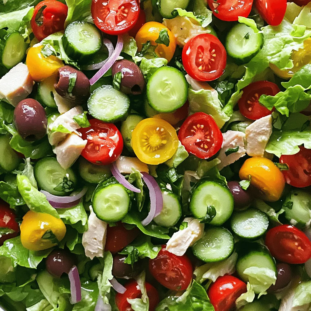 - 2 cups romaine lettuce, chopped - 1 cup cherry tomatoes, halved - 1 cup cucumbers, diced - 1/2 cup red onion, thinly sliced - 1 cup cooked turkey breast, diced (or deli meat of choice) - 1/2 cup provolone cheese, diced - 1 cup pepperoncini, sliced - 1/2 cup Kalamata olives, pitted and halved - 1/4 cup Italian dressing (low carb option or homemade) Gather these fresh and vibrant ingredients for your Low Carb Italian Grinder Salad. The romaine lettuce gives a crisp base, while the cherry tomatoes add a sweet pop. Cucumber brings a refreshing crunch, and red onion offers a mild bite. For proteins, diced turkey breast adds substance. You can also use your favorite deli meat. Provolone cheese gives a creamy touch that complements the salad well. Next, we have flavor enhancers. Pepperoncini provides a tangy kick, while Kalamata olives bring briny depth. A good Italian dressing ties everything together. You can use a store-bought low-carb option or make your own with olive oil, vinegar, and herbs. All of these ingredients harmonize to create a delicious and satisfying salad. For the full recipe, visit the main section. - In a large bowl, combine 2 cups of chopped romaine lettuce, 1 cup of halved cherry tomatoes, 1 cup of diced cucumbers, and 1/2 cup of thinly sliced red onion. - Next, add 1 cup of sliced pepperoncini and 1/2 cup of pitted and halved Kalamata olives. - Finally, mix in 1 cup of diced turkey breast and 1/2 cup of diced provolone cheese. - Drizzle 1/4 cup of Italian dressing over the salad. - Toss gently to coat all ingredients evenly. - Season with salt and pepper to taste. - Garnish with freshly chopped basil for extra flavor and color. - Serve immediately or chill in the fridge for about 15 minutes for enhanced flavors. For the full recipe, check out the detailed steps above! To make your salad shine, I suggest using homemade Italian dressing. This dressing gives a fresher taste than store-bought options. A simple mix of olive oil, vinegar, herbs, and spices will work wonders. Let your salad sit for a few minutes before serving. This allows the flavors to meld together and become more vibrant. Presentation matters! Use a serving bowl with high sides. This creates an appealing display. For a beautiful finish, garnish with extra basil leaves or a sprinkle of parmesan cheese. This adds color and a touch of elegance to your dish. Feel free to swap turkey for a different protein. Chicken or salami can add new flavors. You can also adjust the veggies based on what you like or what is in season. Try adding bell peppers or radishes for extra crunch. Personalize the salad to fit your tastes! {{image_2}} You can make this salad even better by adding different proteins. Try ham or salami for a tasty twist. Both options add a nice flavor and extra protein. You can also add more veggies. Bell peppers, radishes, or artichoke hearts work great. They add crunch and color to your salad. Don't feel stuck with just one dressing. You can try different options like ranch or vinaigrette. Each dressing brings a new taste to the salad. You can also customize your dressings. Add herbs and spices to create unique flavors. A little garlic or oregano can change the whole dish. When adding new ingredients, check they are low-carb. You want to keep the salad healthy and fitting for your diet. Another fun idea is to use lettuce wraps. Instead of a salad, wrap your ingredients in large leaves of lettuce. This gives you a fresh look and a different way to enjoy your meal. Store leftover salad in an airtight container in the refrigerator. This keeps it fresh and tasty. It is best to eat it within 2 days for optimal freshness. Freezing the salad is not a good idea. The texture of the veggies will change. If you meal prep, store the dressing separately. This keeps the salad crisp when you are ready to eat. You do not need to reheat this salad. It is served cold and refreshing. After refrigeration, toss the salad again to refresh the ingredients. This helps mix the flavors and makes it more enjoyable to eat. A Low Carb Italian Grinder Salad is a fresh salad that mimics the flavors of an Italian grinder sandwich. It includes crisp romaine lettuce, juicy cherry tomatoes, crunchy cucumbers, and zesty red onion. I also add pepperoncini and Kalamata olives for a nice tang. For protein, I use diced turkey breast or your choice of deli meat. Provolone cheese adds creaminess, and a low-carb Italian dressing ties everything together. This salad differs from a traditional Italian grinder sandwich. The sandwich is packed with meats and cheeses between bread. In contrast, this salad offers all the great tastes without the carbs from bread. You can enjoy it as a light meal or a side dish. To make this salad vegetarian, you can swap the turkey for protein-rich options like chickpeas or tofu. Both add a nice texture and help keep you full. You can also try using roasted vegetables for added flavor. For cheese, you can keep the provolone or switch to mozzarella or feta. Both choices work well and add a lovely creaminess to the dish. Yes, you can prepare this salad in advance! To keep it fresh, store the ingredients separately. Chop the veggies and protein, and keep the dressing in a small container. This way, the salad will stay crisp. Assemble the salad just before serving. Toss all the ingredients together, drizzle the dressing, and enjoy right away. This method helps keep the flavors bright and the textures nice. This blog post offered a detailed look at making a Low Carb Italian Grinder Salad. We covered fresh vegetables, proteins, and flavorful add-ins. The step-by-step guide made preparation simple. You can tweak ingredients for taste and preference. Remember, freshness is key for this dish. Enjoy customizing your salad with ease! Create a colorful plate that delights everyone. This salad is versatile, and perfect for any meal!