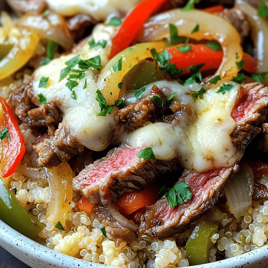 To make these tasty Philly cheesesteak bowls, you will need: - 1 lb ribeye steak, thinly sliced - 2 tablespoons olive oil - 1 medium onion, sliced - 1 medium green bell pepper, sliced - 1 medium red bell pepper, sliced - 2 cloves garlic, minced - Salt and pepper to taste - 1 teaspoon oregano - 4 cups cooked rice or quinoa (for base) - 1 cup provolone cheese, shredded - Fresh parsley for garnish (optional) You can change some ingredients if you want. For a leaner option, use flank steak or chicken. If you prefer veggies, try mushrooms or zucchini instead of meat. You can also swap provolone cheese for mozzarella or cheddar. Use brown rice or cauliflower rice for a healthier base. Gather these tools before you start cooking: - A large skillet for sautéing - A sharp knife for slicing - A cutting board for prep - Measuring spoons for accuracy - A spatula for stirring - Bowls for serving These items will help you create these delicious Philly cheesesteak bowls with ease. For the full recipe, follow along! To make Philly Cheesesteak Bowls, start with the veggies. Heat 1 tablespoon of olive oil in a large skillet over medium-high heat. Add sliced onions, green bell peppers, and red bell peppers. Sauté these for about 5-7 minutes until they soften. Next, stir in minced garlic, oregano, salt, and pepper. Cook for another 2 minutes until the garlic smells great. Remove the veggies from the skillet and set them aside. In the same skillet, add another tablespoon of olive oil. Now, add the thinly sliced ribeye steak. Cook this for 3-4 minutes until the steak is brown but still tender. Return the sautéed veggies to the skillet with the steak. Mix everything well. Lower the heat and sprinkle shredded provolone cheese evenly over the steak and veggies. Cover the skillet with a lid to help the cheese melt for about 2-3 minutes. To serve, place a scoop of cooked rice or quinoa into a bowl. Top it with the cheesy steak and veggie mix. If you like, you can garnish with fresh parsley. For a tasty steak, choose ribeye. It has a great flavor and stays tender when cooked. Slice the steak thinly against the grain. This makes it easier to chew. Cook the steak quickly over high heat to keep it juicy. Don’t overcrowd the skillet; cook in batches if needed. These bowls are fun to customize. You can add hot sauce for a kick. Try adding sautéed mushrooms or jalapeños for extra flavor. You can also swap rice or quinoa for a salad base. The Full Recipe has all the details you need to create this dish. Enjoy your meal! One mistake is cutting the steak too thick. Thick slices can make the meat tough. Aim for thin slices to keep it tender. Another common issue is overcooking the vegetables. They should be soft but still crunchy. Watch the heat; cooking too fast can burn them. Lastly, don’t skip the cheese! It adds creaminess and flavor. To boost flavor, use fresh herbs. Fresh parsley or basil can brighten the dish. Adding a splash of Worcestershire sauce while cooking the steak gives it depth. For a smoky taste, consider using smoked provolone cheese. You can also add sautéed mushrooms for extra texture. Meal prepping makes busy days easier. Cook a larger batch of rice or quinoa. Store it in individual containers. You can prepare the steak and veggies in bulk too. Just separate them into containers and reheat when needed. This dish stays tasty for about three days in the fridge. When ready to eat, top the rice with the steak mix and cheese. Enjoy a quick and satisfying meal! For the full recipe, check out the details above. {{image_2}} You can create a tasty vegetarian version of Philly cheesesteak bowls. Use mushrooms instead of ribeye steak. Portobello mushrooms work well. They have a meaty texture. You can also add sautéed zucchini and eggplant for more flavor. Use the same spices and cheese. This keeps the dish rich and satisfying. If you want a different protein, try chicken or turkey. Thinly sliced chicken breast cooks quickly and tastes great with the same veggies. Ground beef or sausage also makes a hearty meal. Use these in the same way as the ribeye steak. Just adjust the cooking time for ground meat. You can change up the flavors easily. Add barbecue sauce for a smoky taste. A splash of hot sauce gives it a spicy kick. For a gourmet touch, use blue cheese instead of provolone. Fresh herbs like basil or cilantro can brighten the dish. Try adding roasted red peppers for extra sweetness. Each twist makes your Philly cheesesteak bowl unique and fun. For the full recipe, check the guide above. To keep your Philly cheesesteak bowls fresh, place leftovers in an airtight container. This helps lock in flavors and keep the dish safe. Store them in the fridge for up to three days. If you want to save them longer, consider freezing. When you're ready to enjoy leftovers, heat them in a skillet over medium heat. This method warms everything evenly. Stir often to avoid burning. You can also use a microwave, but it may make the rice a bit soggy. Heat in short bursts, checking often. For meal prep, freeze the cheesesteak mixture separately from the rice or quinoa. Use freezer-safe bags or containers. Label them with the date. They can last up to three months in the freezer. When you're ready to eat, thaw overnight in the fridge for best results. Reheat as mentioned above, and enjoy your tasty meal! The best cut of steak for Philly Cheesesteak Bowls is ribeye. Ribeye has great flavor and tenderness. It cooks well when sliced thin. Other good options include sirloin or flank steak. Choose cuts with some marbling for added taste. Look for fresh meat at your local market for the best results. Yes, you can make Philly Cheesesteak Bowls ahead of time. Prepare the steak and veggies in advance. Store them in the fridge for up to three days. Reheat them in a skillet before serving. You can also prep the rice or quinoa ahead. This makes for a quick and easy meal later on. Several sides pair well with Philly Cheesesteak Bowls. Here are some tasty options: - French fries: Crispy fries complement the meal nicely. - Coleslaw: A crunchy slaw adds freshness. - Side salad: A simple salad adds color and crunch. - Pickles: Pickles give a nice tang and crunch. Feel free to mix and match these sides for a complete meal. Philly Cheesesteak Bowls are a fun and tasty meal. You learned about key ingredients and tools. I shared tips for cooking steak just right. We explored alternative ingredients and variations to meet your needs. Don’t forget storage and reheating tips to keep meals fresh. Now you can make delicious Philly Cheesesteak Bowls anytime. Enjoy your cooking and share your results with friends!