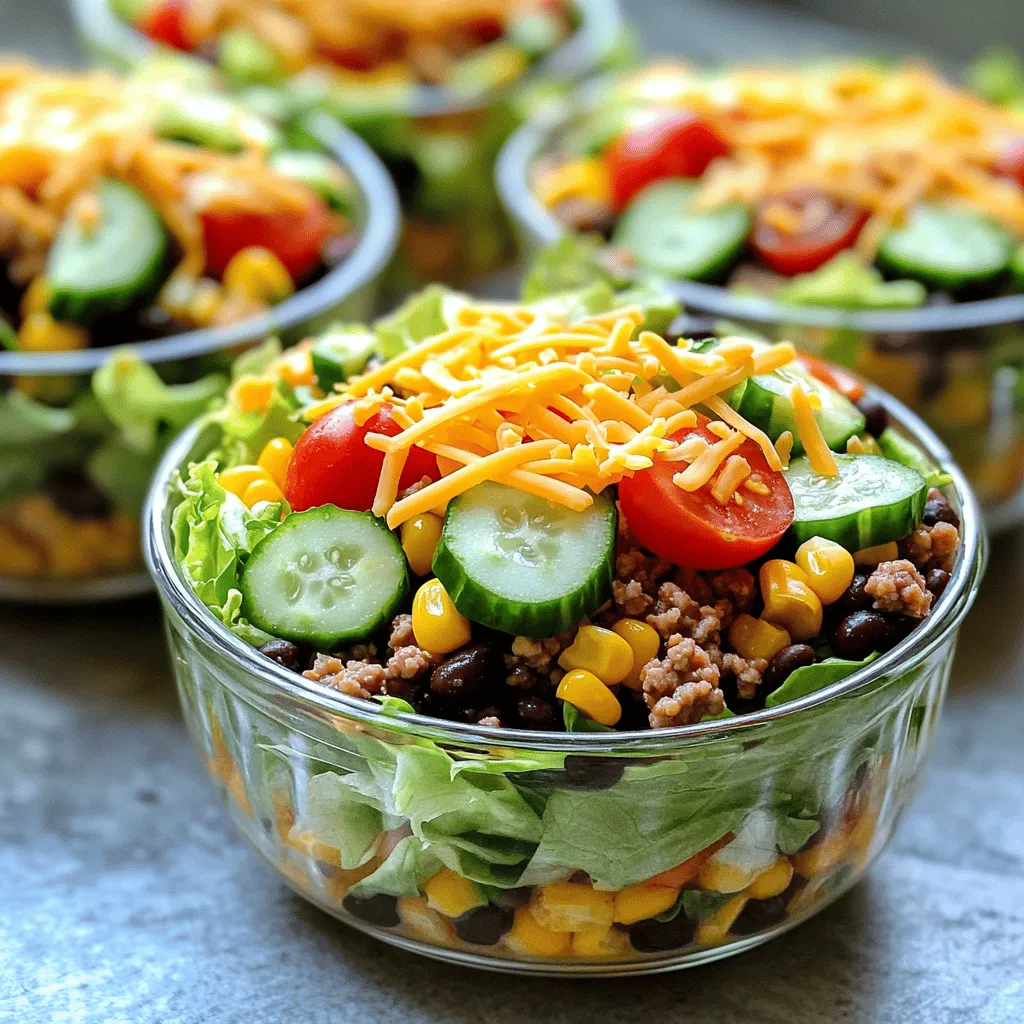 - Ground turkey or beef - Black beans (1 can, rinsed and drained) - Corn kernels (1 cup, fresh or frozen) - Romaine lettuce (1 head, chopped) - Cherry tomatoes (1 cup, halved) - Cucumber (1 cup, diced) - Avocado (1, diced) - Shredded cheddar cheese (1/2 cup) - Sour cream (1/2 cup) - Mayonnaise (1/4 cup) - Chipotle sauce (1-2 tablespoons, adjust to taste) - Lime juice (1 tablespoon) - Salt and pepper (to taste) - Tortilla chips (for garnish) - Extra shredded cheese - Crushed tortilla chips - Fresh herbs or spices like cilantro or jalapeños - Large skillet - Salad bowl - Mixing bowls for dressing Using these fresh ingredients, you can create a taco salad that is both tasty and healthy. Each component brings its own flavor and texture. The ground meat adds protein, while beans and corn lend fiber. Fresh veggies like romaine, tomatoes, and avocado provide a refreshing crunch. The cheese and dressing tie it all together, making every bite a delight. For the full recipe, check out the detailed instructions on how to prepare this vibrant dish. Enjoy crafting your taco salad masterpiece! To start, heat a large skillet over medium heat. Add one tablespoon of olive oil. When the oil is hot, add 1 pound of ground turkey or beef. Cook it until it is browned. Use a spatula to break the meat into small pieces. This should take about 5 to 7 minutes. Next, drain any excess fat from the skillet. Now, add one packet of taco seasoning. Follow the package instructions and add water as needed. Stir in one can of black beans and one cup of corn kernels. Cook this mixture for an additional 5 minutes. Season it with salt and pepper to your taste. This savory meat mix is the heart of your taco salad. In a small bowl, combine half a cup of sour cream and a quarter cup of mayonnaise. Next, add 1 to 2 tablespoons of chipotle sauce. Adjust the amount based on how spicy you like it. Then, add one tablespoon of lime juice and a pinch of salt. Mix everything well until it's smooth. This dressing adds a creamy kick to your salad. Grab a large salad bowl and layer it with chopped romaine lettuce as the base. Next, add the cooked meat mixture on top. Then, layer in one cup of halved cherry tomatoes, one cup of diced cucumber, and one diced avocado. Finally, sprinkle half a cup of shredded cheddar cheese over the top. Drizzle the chipotle ranch dressing generously on the salad. For added crunch, crush some tortilla chips and sprinkle them on just before serving. This step makes your taco salad fun and crunchy. For the full recipe and more, check out the [Full Recipe]. To achieve the best taco salad, focus on your meat. Browning the meat well adds flavor. Use medium heat and let it sit for a minute before stirring. This gives it a nice sear. Adjusting the spice levels in the dressing is key. Start with one tablespoon of chipotle sauce. Taste it, then add more if you want heat. Lime juice balances the spice, so don’t skip it. Presentation matters. Serve the salad in clear bowls to show off colorful layers. This makes it look more appealing. Add extra tortilla chips on the side for crunch. Pair your taco salad with a refreshing drink. I recommend iced tea or a light beer. Both complement the flavors well. To boost flavor, consider adding fresh herbs. Chopped cilantro adds a bright taste. You can also try diced jalapeños for extra heat. For more crunch, add radishes or bell peppers. They add a fresh bite. You can also use toasted nuts for a unique twist. For the full recipe, check the section above. Enjoy making your taco salad! {{image_2}} You can easily make a vegetarian taco salad. Instead of meat, use more beans or lentils. Black beans and pinto beans add protein and texture. You can even mix in some quinoa for extra bite. For cheese, use plant-based options like cashew or almond cheese. They melt well and taste great. Plant-based dressings also work well here. Try avocado dressing or a creamy tahini sauce. If you want a low-carb version, swap tortilla chips for lettuce wraps. Use large leaves of romaine or butter lettuce. They hold the toppings well and are crunchy too. You can also skip high-carb items like corn and beans. Instead, focus on more veggies like bell peppers and cucumbers. This keeps the salad light and fresh. You can switch up the dressings for different flavors. Try a classic ranch or a zesty vinaigrette. You might also enjoy a creamy avocado dressing. It adds richness without overpowering the salad. Customize your flavors to match your taste. Add herbs like cilantro or a squeeze of lime for brightness. Feel free to experiment and find your favorite combination. For the full recipe, check the link provided above. To keep your taco salad fresh, store it in an airtight container. Layer the ingredients wisely. Place the meat mixture on the bottom and veggies on top. This method prevents sogginess. Use leftovers within 3 days for the best taste. When reheating the meat mixture, use a skillet over medium heat. Stir often to warm it evenly. Avoid overheating to keep the meat juicy. For the veggies, heat them separately, or add them fresh after reheating. This keeps them crisp and tasty. You can freeze the meat and dressing separately. It helps maintain the quality. Use freezer-safe containers for the meat. For the dressing, pour it into a zip-top bag. When ready to use, thaw overnight in the fridge. Enjoy the salad fresh when you’re ready! Yes, you can make taco salad in advance. I suggest preparing the meat mixture and dressing the day before. Store these in airtight containers in the fridge. Chop your veggies a bit earlier, but keep them separate until serving. Add the tortilla chips just before serving to keep them crunchy. If you need a substitute for chipotle, try smoked paprika or cayenne pepper. Both give a nice heat. You can also use regular ranch dressing and add a bit of hot sauce for kick. Yogurt mixed with lime and garlic can work for a creamier option. To spice things up, add more chipotle sauce to the dressing. You can also use spicy taco seasoning. For a milder flavor, reduce the chipotle sauce or use less spicy seasoning. Always taste as you go to find what works for you. In this blog post, we explored how to make a tasty taco salad. We covered key ingredients like ground turkey or beef, black beans, and fresh vegetables. You'll also find tips for perfecting your salad, plus ideas for variations and storing leftovers. Taco salad allows for easy customization and is great for gatherings. With these steps, you can create a dish that fits your taste perfectly. Enjoy your cooking!