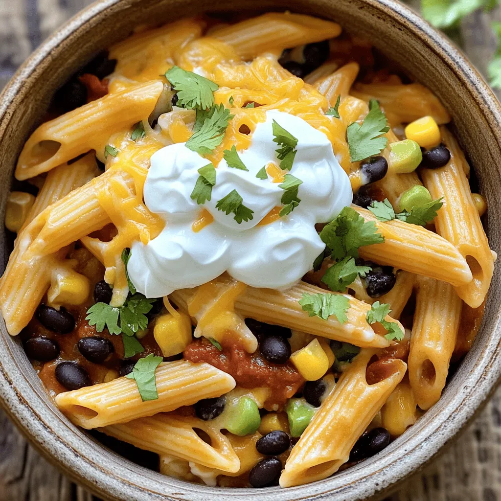 - 8 oz pasta (penne or fusilli) - 1 tablespoon olive oil - 1 medium onion, diced - 2 cloves garlic, minced - 1 bell pepper (any color), chopped - 1 can (15 oz) black beans, drained and rinsed - 1 can (15 oz) diced tomatoes with green chilies - 1 cup corn kernels (fresh or frozen) - 1 tablespoon chili powder - 1 teaspoon cumin - 1 teaspoon smoked paprika - Salt and pepper to taste - 1 cup shredded cheddar cheese - 1 cup sour cream - Fresh cilantro for garnish Enchilada pasta brings a fun twist to dinner. The ingredients are easy to find, and they blend well. You start with 8 ounces of pasta. Penne or fusilli works best to hold the sauce. You will also need some olive oil, a medium onion, garlic, and a bell pepper. Next, we add flavor. Black beans, diced tomatoes, and corn are key to this dish. They bring color and texture. Chili powder, cumin, and smoked paprika add warmth and depth. Salt and pepper finish it off. Finally, for toppings, I suggest shredded cheddar cheese and sour cream. They melt beautifully and add creaminess. Fresh cilantro gives a nice pop of flavor. You can find the Full Recipe to create this delightful dish. Enjoy every bite! - Cook pasta according to package instructions until al dente. - Drain and set aside to cool. Cooking pasta correctly is key. Al dente means the pasta is firm to the bite. This texture will hold up well with the sauce, making each bite enjoyable. Follow the timing on the package, and keep an eye on it. - Heat olive oil in a skillet over medium heat. - Add diced onion and sauté until translucent. - Stir in garlic and bell pepper, cooking for additional time. Start by heating the olive oil in a large skillet. This oil adds flavor and helps cook the veggies. Once the oil is hot, add the diced onion. Cook until it is soft and clear. This should take about three to four minutes. Then, add minced garlic and chopped bell pepper. Cook these for two to three more minutes until the bell pepper is soft. - Incorporate black beans, diced tomatoes, corn, spices, and seasonings. - Simmer to blend flavors before mixing in pasta. Now it’s time to make the dish pop with flavor. Add black beans, diced tomatoes, corn, chili powder, cumin, smoked paprika, salt, and pepper. Stir it all together. Let this mixture simmer for about five minutes. This helps the flavors blend well. After simmering, mix in the cooked pasta. Make sure the pasta is well-coated in the sauce. - Sprinkle shredded cheese, cover to melt. - Stir in sour cream before serving. For the final step, sprinkle shredded cheese over the top. Cover the skillet for two to three minutes. The cheese will melt beautifully. Once melted, remove the skillet from heat. Stir in half of the sour cream. This adds creaminess and richness to the dish. Serve in bowls, topping with a dollop of the remaining sour cream. Enjoy your Enchilada Pasta Delight! For the complete recipe, check [Full Recipe]. Cooking pasta al dente means it is firm to the bite. This gives your dish a nice texture. If your pasta is too soft, it can become mushy in the sauce. To cook pasta al dente, follow these steps: - Check the package for cooking time. - Start timing when the water reaches a boil. - Taste a piece a minute or two before the time is up. This helps keep the pasta from getting too soft when mixed with the sauce. Not everyone likes the same level of heat. You can adjust the spice in your enchilada pasta easily. Here’s how: - Start with less chili powder and add more as needed. - Consider using mild salsa instead of diced tomatoes for less heat. - You can add jalapeños or red pepper flakes for a kick. Feel free to experiment with spices like oregano or cayenne for a twist on the flavor. Cheese can make your enchilada pasta creamy and tasty. Here are some great options: - Cheddar is classic, but try Monterey Jack for a mild flavor. - Cream cheese can add a rich, creamy texture. - For a stronger taste, use Pepper Jack. To get a smooth sauce, mix the cheese in while the heat is low. This will melt it nicely without clumping. Try these tips to make your enchilada pasta even better! For the full recipe, check out Enchilada Pasta Delight. {{image_2}} You can easily make enchilada pasta vegetarian. Use more veggies like zucchini, mushrooms, or spinach. These add great color and taste. For protein, choose plant-based options like tofu or tempeh. You can also swap out the black beans for pinto, kidney, or chickpeas. Each option gives a unique twist to the dish. If you prefer meat, shredded chicken or ground beef work well. For chicken, cook it in the skillet first. Shred it after cooking, then mix it with the other ingredients. For ground beef, brown it in the skillet with the onions. Once it’s cooked, add the other items. Both options will add heartiness to your meal. For gluten-free enchilada pasta, choose gluten-free pasta. Many brands offer choices like rice or quinoa pasta. You can also check labels for gluten-free options. Adjust other ingredients too. Make sure your toppings and canned items are gluten-free. This way, everyone can enjoy the dish. To store leftovers, let the enchilada pasta cool first. Then, place it in an airtight container. I recommend glass or BPA-free plastic containers. These keep the pasta fresh longer. You can store it in the fridge for up to four days. If you want to freeze enchilada pasta, use a freezer-safe container. Make sure to leave some space at the top for expansion. You can freeze it for up to three months. When ready to eat, thaw it in the fridge overnight. Heat it in a skillet on low, stirring often. You can add a splash of water to help it heat evenly. In the fridge, enchilada pasta lasts about four days. In the freezer, it keeps well for three months. Look for signs of spoilage before eating. If you see mold or it smells off, throw it away. Always trust your senses when it comes to food safety. Enchilada pasta is a fun twist on classic enchiladas. It combines pasta with enchilada flavors. You get the taste of enchiladas in a new way. The dish is rich and savory. It includes spices like chili powder and cumin. Plus, it has black beans, corn, and diced tomatoes. Unlike traditional enchiladas, this recipe uses pasta instead of tortillas. This makes it easier and faster to prepare. You get all the delicious flavor without all the rolling! Yes, you can make enchilada pasta ahead of time. Prepare it and let it cool. Then, store it in the fridge. It stays good for about 3-4 days. To reheat, simply warm it on the stove or in the microwave. If you want to serve it later, you can also freeze it. To freeze, use airtight containers. When you're ready to eat, thaw it in the fridge overnight. Then, reheat it on the stove, adding a little water if it seems dry. If you need a substitute for sour cream, try Greek yogurt. It has a similar tangy taste. You can also use cottage cheese blended until smooth. For vegan options, use cashew cream or silken tofu. These alternatives work well in the recipe. They keep the dish creamy and tasty. You can also skip the cream altogether and add more cheese if you like! Enchilada pasta blends together tasty flavors and simple steps. You learned the key ingredients and cooking techniques to create this dish. I shared tips for making it perfect, including spice adjustments and cheese choices. Plus, options for meat lovers and vegetarians help you customize your meal. With the proper storage, this dish can stay fresh and delicious. Use this guide to impress your family with a fun twist on traditional flavors. Enjoy your cooking adventure while creating a dish everyone will love!