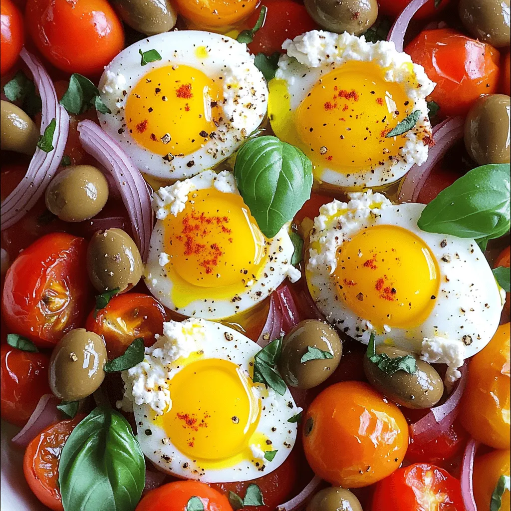 - 200g feta cheese, crumbled - 4 large eggs - 1 cup cherry tomatoes, halved - 1/2 cup Kalamata olives, pitted and halved - 1 small red onion, thinly sliced - 2 cloves garlic, minced - 1 teaspoon dried oregano - 1 teaspoon paprika - 2 tablespoons olive oil - Salt and pepper to taste - Fresh basil or parsley for garnish The ingredients for Mediterranean Baked Feta Eggs are simple yet flavorful. Feta cheese brings a creamy, tangy taste that pairs well with eggs. You can use any feta cheese, but I prefer the kind packed in brine for its rich flavor. Cherry tomatoes add sweetness and a burst of color. Halving them lets the juices mingle with the other ingredients. Kalamata olives add a briny, savory note. Their sharp flavor balances the dish perfectly. Red onion provides a mild sweetness when baked. Slicing it thin helps it cook evenly. Garlic is a must-have. It adds depth to the overall flavor. Using fresh garlic gives a more vibrant taste. Dried oregano and paprika are essential spices in this dish. Oregano has a warm, earthy flavor, while paprika adds a hint of smokiness. Olive oil not only helps cook the veggies but also enhances the dish's richness. Lastly, fresh basil or parsley is the perfect garnish. It adds color and a fresh burst of flavor. You can find the full recipe for this dish in the recipe section. - Calories per serving: Approximately 350 calories - Macronutrient breakdown: - Carbs: 15g - Fats: 25g - Proteins: 18g This dish offers a balanced meal with healthy fats from the feta and olive oil. It has some carbs from the tomatoes and is high in protein from the eggs. Enjoy this dish as a delicious breakfast or a light dinner! 1. Preheat your oven to 375°F (190°C). This step is key for even cooking. 2. Grab a baking dish. You want one that’s medium-sized to fit all the goodness. 1. First, layer the cherry tomatoes, red onion slices, and Kalamata olives in your dish. 2. Drizzle with olive oil. Sprinkle salt, pepper, dried oregano, and paprika on top. 3. Toss the mixture to coat everything evenly. This helps the flavors blend well. 4. Next, crumble the feta cheese over the veggie mix. Make sure it covers the top nicely. 1. Create four little wells in the mixture. You can use a spoon to make them. 2. Carefully crack an egg into each well. This makes for a nice presentation. 3. Lightly season the eggs with salt and black pepper. This adds flavor to your dish. 4. Place the baking dish in the preheated oven. Bake for 20-25 minutes. You want the egg whites set but the yolks still runny. 5. Once done, take it out and let it cool for a couple of minutes. 6. Garnish with fresh basil or parsley before serving. This adds a nice touch to your dish. Now, you have a colorful and tasty Mediterranean meal. For the full recipe, check the [Full Recipe]. To get the eggs just right, check for doneness. You want the whites to be firm but the yolks soft. This balance makes each bite rich and creamy. A good way to tell is to gently shake the dish. If the yolks jiggle slightly, they are still runny. You can also play with the seasoning. The recipe calls for oregano and paprika, but feel free to swap them out. Try thyme or rosemary for a fresh twist. You can even add a pinch of red pepper flakes if you like some heat. Pair this dish with crusty bread or a fresh salad. The bread is great for scooping up the eggs and feta. A light salad can add a nice crunch and freshness to your meal. For presentation, serve it in the baking dish. This keeps it warm and adds a rustic feel. Top with fresh herbs for color. A sprinkle of red pepper flakes also adds visual appeal. Enjoy the dish with family or friends for a delightful meal! {{image_2}} You might not have Kalamata olives. That’s okay! You can use green olives instead. They add a nice briny taste. If you want a milder flavor, try using feta-stuffed green olives. You can also switch up the vegetables. Instead of cherry tomatoes, use bell peppers for a sweet crunch. Spinach or zucchini work well, too. They add color and health benefits. Middle Eastern variations of baked feta eggs often include spices like sumac or za'atar. These spices give the dish a unique and fragrant twist. You can also add chickpeas for extra protein. For an Italian-style baked feta dish, use sun-dried tomatoes and fresh basil. This gives the eggs a rich, savory flavor. You can even sprinkle some Italian herbs on top for extra zest. Explore these options to create your own version of Mediterranean Baked Feta Eggs. For the full recipe, click [here](#). To store your leftovers, let the dish cool first. Once cool, cover the baking dish with plastic wrap or transfer the leftovers to an airtight container. This helps keep the baked feta eggs fresh for up to three days in the fridge. Make sure to store the dish without any additional toppings, like fresh herbs. This way, they stay fresh and bright when you reheat your meal. When it’s time to enjoy your leftovers, preheat your oven to 350°F (175°C). Place the Mediterranean baked feta eggs in an oven-safe dish. Cover it with foil to help heat evenly. Bake for about 15-20 minutes, or until warmed through. If you prefer, you can also reheat them in the microwave. Heat in short bursts of 30 seconds, checking often. This method works well, but the oven gives better results. For a tasty twist, add fresh herbs after reheating to bring back the dish's bright flavors. Can I make this dish vegetarian? Yes, this dish is already vegetarian. It features feta cheese, eggs, and fresh veggies. You can enjoy it without any meat. How can I adjust the spice level? To change the spice level, add red pepper flakes or cayenne pepper. Start with a small amount. Taste as you go to find your perfect heat. What can I serve with Mediterranean Baked Feta Eggs? You can serve this dish with crusty bread or a fresh salad. A side of roasted vegetables works well too. Can I prepare this ahead of time? You can prep the veggies and cheese the night before. Just store them in the fridge. When ready, add eggs and bake. Is it possible to freeze Mediterranean Baked Feta Eggs? I don’t recommend freezing this dish. The eggs may not reheat well. Freshly baked eggs taste the best. What are some popular Mediterranean herbs to use? You can use fresh thyme, rosemary, or dill. These herbs add great flavor. Experiment to find your favorite mix. Can I make a larger batch for meal prep? Absolutely! Just double the recipe and use a larger baking dish. This way, you can store leftovers for convenient meals later. For the full recipe, check out the details above. This blog post explored the delightful recipe for Mediterranean Baked Feta Eggs. You learned about the key ingredients, nutritional facts, and helpful steps to prepare this dish. We also discussed tips for perfecting it, variations, and storage advice. As you try this recipe, feel free to get creative. Mix in your favorite veggies or change the herbs. Cooking should be fun! Enjoy your culinary journey with Mediterranean flavors.