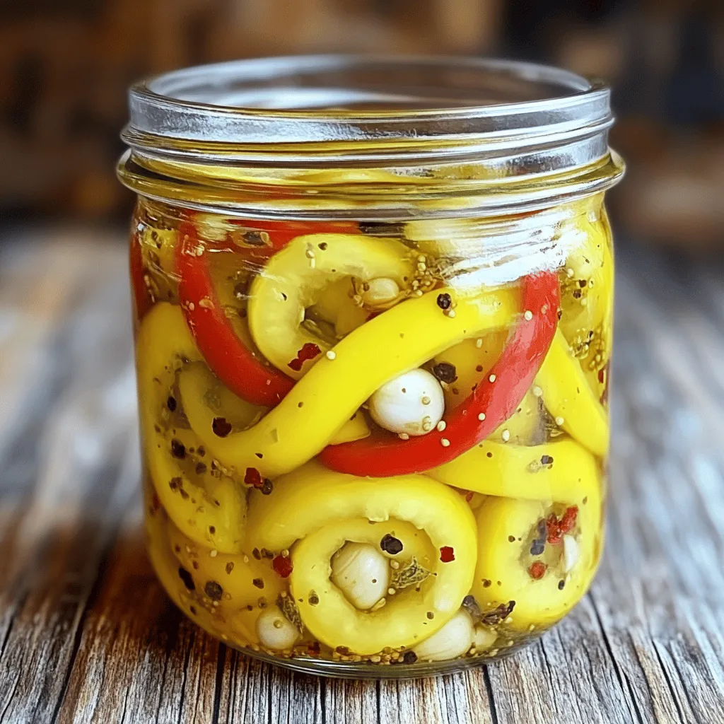 To make easy pickled banana peppers, you need a few simple items. Here is the list of ingredients: - 5-6 ripe banana peppers, sliced into rings - 1 cup distilled white vinegar - 1 cup water - 2 tablespoons sugar - 1 tablespoon salt - 3 cloves garlic, smashed - 1 teaspoon black peppercorns - 1 teaspoon dried oregano - 1/2 teaspoon crushed red pepper flakes (optional for extra spice) Each ingredient plays a key role. The banana peppers provide a fresh, crunchy base. The vinegar adds a tangy kick, while sugar and salt balance the flavors. Garlic, black peppercorns, and oregano bring depth to the mix. If you like heat, add crushed red pepper flakes. You can adjust the ingredients to suit your taste. Use less sugar for a more savory bite or add more vinegar for extra tang. This flexibility makes the recipe fun and personal. Enjoy exploring different flavor profiles! For the full recipe, check out the details above. First, wash the banana peppers under cold water. This helps remove any dirt or residue. Next, slice them into rings. You can make these slices as thick or thin as you like. If you want a milder flavor, remove the seeds. This step is key if you prefer less heat. In a medium saucepan, combine one cup of distilled white vinegar, one cup of water, two tablespoons of sugar, and one tablespoon of salt. Heat this mixture over medium heat. Stir it gently until the sugar and salt dissolve completely. This creates a balanced pickling liquid that is both tangy and sweet. Once the sugar and salt are dissolved, add in three smashed garlic cloves, one teaspoon of black peppercorns, and one teaspoon of dried oregano. If you like spice, consider adding half a teaspoon of crushed red pepper flakes. Stir well to combine all the flavors. Bring this mixture to a slight boil, then lower the heat. Let it simmer for about five minutes. This enhances the flavors and makes your pickles taste amazing. Now, carefully add the banana pepper rings to the hot pickling liquid. Make sure they are fully submerged. This ensures every ring absorbs that tasty liquid. Transfer the mixture into a clean glass jar. Pack the banana peppers tightly, and pour the liquid over them until they are completely covered. Allow the jar to cool to room temperature. It is important to wait before sealing it. Once cooled, seal the jar tightly with a lid. For the best flavor, refrigerate the pickled banana peppers for at least 24 hours. This wait time helps the flavors develop. You will be amazed at how tasty these pickles become! For the full recipe, you can refer back to the section above. - Clean your jars well to avoid spoilage. - Adjust spice levels based on what you enjoy. When you pick your jars, make sure they are clean. Any leftover food can spoil your peppers. Use hot, soapy water to wash them. Rinse them well, and let them dry. This helps keep your pickled banana peppers fresh. For spice, you can tweak the recipe. If you like it mild, remove the seeds. If you want heat, leave them in. You can also add more crushed red pepper flakes. This lets you control how spicy each bite is. - Let the peppers sit in the fridge longer for a bolder taste. - Fresh herbs can add a fun twist. After you make the pickled banana peppers, place them in the fridge. For the best flavor, let them sit for at least 24 hours. This is when the flavors really meld together. If you can wait longer, do it! The taste will be even better. You can also add fresh herbs like dill or cilantro. They give your pickles a unique flavor. Just toss in a few sprigs when you pack the peppers in jars. - Use as a topping for sandwiches or salads. - They make a great addition to antipasto platters. Pickled banana peppers are super versatile. You can stack them on sandwiches for a tasty crunch. They also brighten up salads with their tangy flavor. If you’re hosting, these peppers fit right in on antipasto platters. Pair them with cheeses, meats, and olives. They add color and a zesty kick to every bite. For more details, check out the Full Recipe. {{image_2}} You can switch up the peppers in this recipe. Try using jalapeños for a spicy kick. Habaneros are great if you want more heat. Each type of pepper adds its own flavor. Experiment with different types of banana peppers. Some may be sweeter or milder than others. This can change your pickled peppers' taste. Want to spice things up? Add dill or mustard seeds to the mix. These spices add depth and a unique twist. If you prefer sweetness, try sugar substitutes like honey or agave syrup. Each option can change the flavor profile. Play around with these options to find what you love. The type of vinegar you use matters. Apple cider vinegar gives a fruity flavor, enhancing the peppers' taste. You can also try flavored vinegars like balsamic or rice vinegar. These options add a unique twist to your pickled peppers. Don’t be afraid to experiment with what you have on hand. Store your pickled banana peppers in the refrigerator. This keeps them fresh and tasty. Always use clean glass jars for storage. Make sure they are tightly sealed to keep out air. Enjoy your pickled banana peppers within 2-3 weeks for the best taste. After this time, the flavor and texture may change. Keep an eye out for any signs of spoilage. For those wanting to store them longer, you can process the jars in a water bath. This method makes them shelf-stable. Vacuum sealing is another great option to help them last longer. You should refrigerate the pickled banana peppers for a minimum of 24 hours. This time allows the flavors to blend well. If you wait longer, the taste gets even better. Yes, you can reuse the pickling liquid. However, the flavor may change over time. Each batch may taste a little different. It's fun to experiment with flavors! Pickled banana peppers work well with cheese, meats, and grilled dishes. They add a nice zing to sandwiches and salads. You can also use them as a topping for tacos or nachos. Yes, you can can them using proper canning techniques. This will make them shelf-stable. Make sure to follow safe canning practices to keep them fresh. To add more spice, you can add more crushed red pepper flakes. Keeping some seeds in the peppers also increases the heat. Adjust it to your taste for the perfect kick! If you lack fresh garlic, you can use garlic powder instead. Just be sure to adjust the amount to your taste. It will still give you that nice garlicky flavor. For the full recipe, check out the details above! In this article, I shared simple steps to make pickled banana peppers. We covered ingredients, preparation, and storage tips. Pickling adds unique flavor, perfect for many dishes. Remember, letting them chill boosts taste! Feel free to try other peppers and spices for new twists. Enjoy your pickling adventure! These peppers can surely spice up your meals and impress your friends.