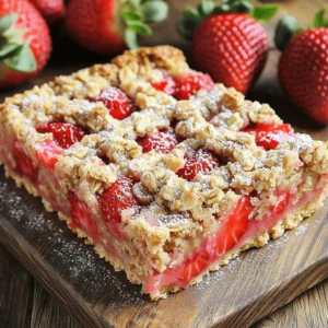 - 2 cups rolled oats - 1 cup almond flour - 1/4 cup honey or maple syrup - 1/2 cup coconut oil, melted - 1/4 teaspoon salt - 1 teaspoon vanilla extract - 1 1/2 cups fresh strawberries, hulled and diced - 1 tablespoon lemon juice - 1/2 teaspoon cinnamon - 1/4 cup chia seeds The ingredients for these healthy strawberry oatmeal bars are simple but full of flavor. Rolled oats form the base of the bars, giving them texture and heartiness. Almond flour adds a nutty taste while making the bars gluten-free. Oats and almond flour are great for your health. Oats are high in fiber, which is good for digestion. They help keep you full and can lower cholesterol. Almond flour is rich in protein and healthy fats, which support heart health. Strawberries are not just tasty; they act as a natural sweetener. They provide vitamins and antioxidants. The bright red fruit adds color and freshness to the bars. Choosing between honey and maple syrup depends on your taste. Honey is sweeter and has more nutrients. Maple syrup has a unique flavor and is lower in calories. Both do a great job of sweetening your bars. For the full recipe, check out the detailed steps to make these delicious bars. 1. Start by preheating your oven to 350°F (175°C). This gives the bars an even bake. 2. Grab a 9x9-inch baking pan. Line it with parchment paper. Leave some paper hanging over the sides. This makes it easy to lift out the bars later. 3. In a big bowl, mix the rolled oats, almond flour, salt, and cinnamon. Stir this until it is blended well. 4. In a different bowl, whisk the melted coconut oil, honey (or maple syrup), and vanilla extract together. Make sure it is smooth. 1. Pour the wet mix into the dry mix. Stir until they come together. 2. Reserve about 1/2 cup of this mixture for the topping later. 3. Take the diced strawberries and drizzle them with lemon juice. Add the chia seeds. 4. Gently fold this strawberry mix into the oat mixture. Be careful not to smash the strawberries. 1. Press the oat-strawberry mixture evenly into your prepared pan. Make sure it is flat and firm. 2. Sprinkle the reserved oat mix on top. This will create a crumbly layer. 3. Bake in your preheated oven for 25 to 30 minutes. You want the edges to turn golden brown and the center to feel firm. 4. Once baked, take the pan out. Allow the bars to cool completely in the pan. Use the parchment paper to lift them out easily. Cut the cooled bars into squares. For the full recipe, you can refer to the complete steps provided. Enjoy your healthy strawberry oatmeal bars! To get the right crumb texture, use rolled oats. They give a nice chew. Almond flour adds a light fluffiness. Make sure to mix the dry and wet ingredients well. This step is key to a good blend. For extra taste, add spices like cinnamon. Vanilla extract also boosts the flavor. You can even try a bit of nutmeg for warmth. When serving healthy strawberry oatmeal bars, keep it simple. Place them on a wooden board for a rustic look. You can dust them lightly with powdered sugar. Add a side of fresh strawberries for a pop of color. These bars are great for breakfast. They also make a perfect snack. Pair them with yogurt or a smoothie for a balanced meal. Need to make the recipe gluten-free? Swap the rolled oats for certified gluten-free oats. This keeps the bars safe for those with gluten issues. If someone has nut allergies, use oat flour instead of almond flour. For sweeteners, you can use agave syrup in place of honey or maple syrup. These simple swaps make the recipe more inclusive for everyone. {{image_2}} You can change the flavor of your strawberry oatmeal bars easily. Try using different fruits like blueberries or raspberries. These fruits add new tastes and colors. You can also mix in nuts or seeds for extra crunch. Almonds, walnuts, or pumpkin seeds work great. They bring protein and healthy fats, making the bars more filling. If you want to cut back on sugar, consider using agave syrup or coconut sugar. These sweeteners have a lower glycemic index. They can help keep your blood sugar level steady. For sugar-free options, you could use mashed bananas or unsweetened applesauce. These options add sweetness and moisture without the sugar. Using seasonal berries makes your bars fresher and tastier. In summer, go for ripe strawberries or blueberries. In the fall, try adding pumpkin puree or apples. You can mix in spices like nutmeg or ginger for warmth. This way, you adapt the recipe to fit the season and keep your snacks exciting. Check out the Full Recipe for details on creating these yummy bars! To keep your healthy strawberry oatmeal bars fresh, store them in an airtight container. The best temperature is room temperature for short-term storage. If you plan to keep them longer, the fridge is the way to go. At room temperature, they last about three days. In the fridge, they can stay good for up to a week. Just remember to let them cool completely before sealing them. Freezing is a great way to save your bars for later. To freeze them, wrap each bar tightly in plastic wrap or foil. Place them in a freezer-safe bag or container. This keeps them fresh and prevents freezer burn. You can freeze the bars for up to three months. When you’re ready to eat one, take it out and let it thaw at room temperature. For a warm treat, pop it in the microwave for about 20 seconds. Enjoy your tasty snack anytime! These bars can last about 5 days at room temperature. They stay fresh longer in the fridge, up to 10 days. Make sure to keep them in an airtight container. This helps maintain their flavor and texture. Yes, you can use frozen strawberries. However, the texture will change slightly. Frozen strawberries may release more juice. This can make the bars a bit softer. If you want to use them, add a little more oats to help absorb the extra moisture. Absolutely! These bars are packed with nutrients. They have oats, which provide energy and fiber. Strawberries add vitamins and a natural sweetness. Kids love the fruity flavor and chewy texture. They make a great snack for lunchboxes or after school. Yes, you can easily make these bars vegan. Instead of eggs, use flaxseed meal mixed with water. For a dairy-free option, use plant-based milk or yogurt. Maple syrup is a great alternative to honey for sweetness. Look for a golden brown color around the edges. The center should be firm to the touch. You can also insert a toothpick; it should come out clean. These signs mean your bars are ready to cool and cut. You can find the Full Recipe for these healthy strawberry oatmeal bars above. It has detailed steps and all the ingredients you need to make them. Enjoy your cooking! These healthy strawberry oatmeal bars are easy to make and full of flavor. We discussed the key ingredients, nutritional benefits, and how to prepare them step by step. Remember, you can customize them to fit your diet or use different fruits for variety. Store them properly, and they’ll last for days. Whether you enjoy them as a snack or breakfast, they are sure to please. Try making them today and enjoy a tasty treat that boosts your health!