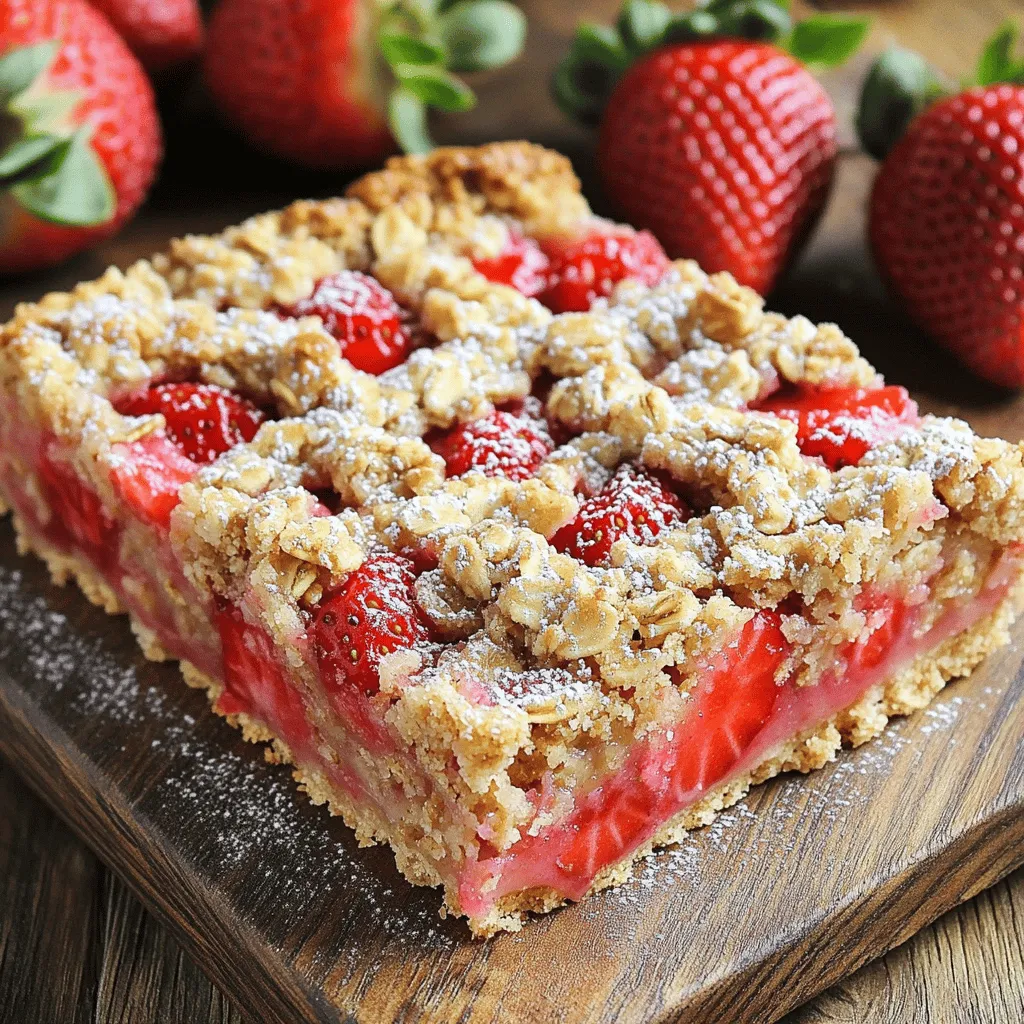- 2 cups rolled oats - 1 cup almond flour - 1/4 cup honey or maple syrup - 1/2 cup coconut oil, melted - 1/4 teaspoon salt - 1 teaspoon vanilla extract - 1 1/2 cups fresh strawberries, hulled and diced - 1 tablespoon lemon juice - 1/2 teaspoon cinnamon - 1/4 cup chia seeds The ingredients for these healthy strawberry oatmeal bars are simple but full of flavor. Rolled oats form the base of the bars, giving them texture and heartiness. Almond flour adds a nutty taste while making the bars gluten-free. Oats and almond flour are great for your health. Oats are high in fiber, which is good for digestion. They help keep you full and can lower cholesterol. Almond flour is rich in protein and healthy fats, which support heart health. Strawberries are not just tasty; they act as a natural sweetener. They provide vitamins and antioxidants. The bright red fruit adds color and freshness to the bars. Choosing between honey and maple syrup depends on your taste. Honey is sweeter and has more nutrients. Maple syrup has a unique flavor and is lower in calories. Both do a great job of sweetening your bars. For the full recipe, check out the detailed steps to make these delicious bars. 1. Start by preheating your oven to 350°F (175°C). This gives the bars an even bake. 2. Grab a 9x9-inch baking pan. Line it with parchment paper. Leave some paper hanging over the sides. This makes it easy to lift out the bars later. 3. In a big bowl, mix the rolled oats, almond flour, salt, and cinnamon. Stir this until it is blended well. 4. In a different bowl, whisk the melted coconut oil, honey (or maple syrup), and vanilla extract together. Make sure it is smooth. 1. Pour the wet mix into the dry mix. Stir until they come together. 2. Reserve about 1/2 cup of this mixture for the topping later. 3. Take the diced strawberries and drizzle them with lemon juice. Add the chia seeds. 4. Gently fold this strawberry mix into the oat mixture. Be careful not to smash the strawberries. 1. Press the oat-strawberry mixture evenly into your prepared pan. Make sure it is flat and firm. 2. Sprinkle the reserved oat mix on top. This will create a crumbly layer. 3. Bake in your preheated oven for 25 to 30 minutes. You want the edges to turn golden brown and the center to feel firm. 4. Once baked, take the pan out. Allow the bars to cool completely in the pan. Use the parchment paper to lift them out easily. Cut the cooled bars into squares. For the full recipe, you can refer to the complete steps provided. Enjoy your healthy strawberry oatmeal bars! To get the right crumb texture, use rolled oats. They give a nice chew. Almond flour adds a light fluffiness. Make sure to mix the dry and wet ingredients well. This step is key to a good blend. For extra taste, add spices like cinnamon. Vanilla extract also boosts the flavor. You can even try a bit of nutmeg for warmth. When serving healthy strawberry oatmeal bars, keep it simple. Place them on a wooden board for a rustic look. You can dust them lightly with powdered sugar. Add a side of fresh strawberries for a pop of color. These bars are great for breakfast. They also make a perfect snack. Pair them with yogurt or a smoothie for a balanced meal. Need to make the recipe gluten-free? Swap the rolled oats for certified gluten-free oats. This keeps the bars safe for those with gluten issues. If someone has nut allergies, use oat flour instead of almond flour. For sweeteners, you can use agave syrup in place of honey or maple syrup. These simple swaps make the recipe more inclusive for everyone. {{image_2}} You can change the flavor of your strawberry oatmeal bars easily. Try using different fruits like blueberries or raspberries. These fruits add new tastes and colors. You can also mix in nuts or seeds for extra crunch. Almonds, walnuts, or pumpkin seeds work great. They bring protein and healthy fats, making the bars more filling. If you want to cut back on sugar, consider using agave syrup or coconut sugar. These sweeteners have a lower glycemic index. They can help keep your blood sugar level steady. For sugar-free options, you could use mashed bananas or unsweetened applesauce. These options add sweetness and moisture without the sugar. Using seasonal berries makes your bars fresher and tastier. In summer, go for ripe strawberries or blueberries. In the fall, try adding pumpkin puree or apples. You can mix in spices like nutmeg or ginger for warmth. This way, you adapt the recipe to fit the season and keep your snacks exciting. Check out the Full Recipe for details on creating these yummy bars! To keep your healthy strawberry oatmeal bars fresh, store them in an airtight container. The best temperature is room temperature for short-term storage. If you plan to keep them longer, the fridge is the way to go. At room temperature, they last about three days. In the fridge, they can stay good for up to a week. Just remember to let them cool completely before sealing them. Freezing is a great way to save your bars for later. To freeze them, wrap each bar tightly in plastic wrap or foil. Place them in a freezer-safe bag or container. This keeps them fresh and prevents freezer burn. You can freeze the bars for up to three months. When you’re ready to eat one, take it out and let it thaw at room temperature. For a warm treat, pop it in the microwave for about 20 seconds. Enjoy your tasty snack anytime! These bars can last about 5 days at room temperature. They stay fresh longer in the fridge, up to 10 days. Make sure to keep them in an airtight container. This helps maintain their flavor and texture. Yes, you can use frozen strawberries. However, the texture will change slightly. Frozen strawberries may release more juice. This can make the bars a bit softer. If you want to use them, add a little more oats to help absorb the extra moisture. Absolutely! These bars are packed with nutrients. They have oats, which provide energy and fiber. Strawberries add vitamins and a natural sweetness. Kids love the fruity flavor and chewy texture. They make a great snack for lunchboxes or after school. Yes, you can easily make these bars vegan. Instead of eggs, use flaxseed meal mixed with water. For a dairy-free option, use plant-based milk or yogurt. Maple syrup is a great alternative to honey for sweetness. Look for a golden brown color around the edges. The center should be firm to the touch. You can also insert a toothpick; it should come out clean. These signs mean your bars are ready to cool and cut. You can find the Full Recipe for these healthy strawberry oatmeal bars above. It has detailed steps and all the ingredients you need to make them. Enjoy your cooking! These healthy strawberry oatmeal bars are easy to make and full of flavor. We discussed the key ingredients, nutritional benefits, and how to prepare them step by step. Remember, you can customize them to fit your diet or use different fruits for variety. Store them properly, and they’ll last for days. Whether you enjoy them as a snack or breakfast, they are sure to please. Try making them today and enjoy a tasty treat that boosts your health!