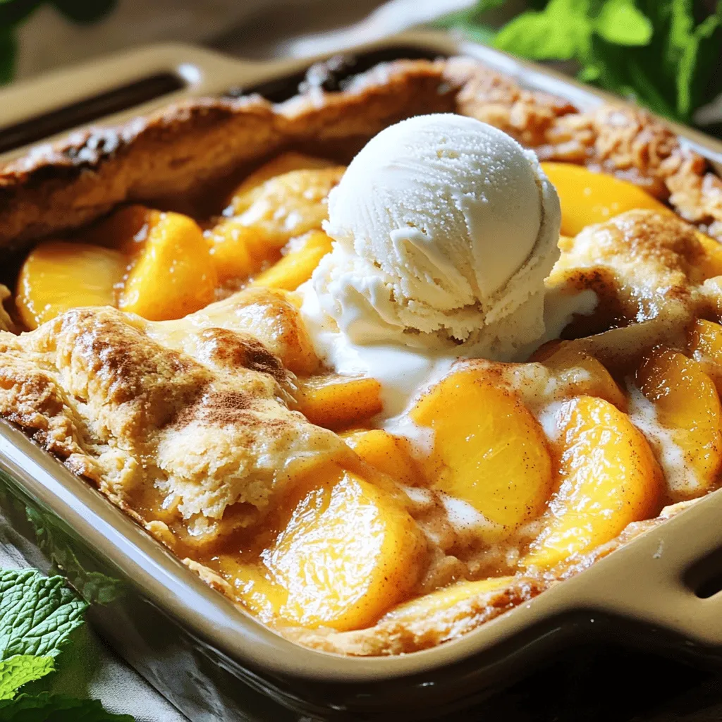 - 4 cups fresh peaches, peeled, pitted, and sliced - 1 cup granulated sugar, divided - 1 teaspoon ground cinnamon - 1 teaspoon lemon juice - 1 cup all-purpose flour - 1 teaspoon baking powder - 1/2 teaspoon salt - 1 cup whole milk - 1/2 cup unsalted butter, melted - 1 teaspoon vanilla extract For a peach cobbler, the ingredients are simple and fresh. You will need four cups of ripe peaches. Make sure they are peeled, pitted, and sliced. This adds sweetness and flavor to your dessert. You will also need one cup of granulated sugar. This sugar will sweeten the fruit and the batter. Ground cinnamon brings a warm spice to the mix. You need just one teaspoon. Lemon juice is key; it adds a bright note. You will need one teaspoon of it. Flour is the base of the batter. Use one cup of all-purpose flour to get a nice rise. Baking powder makes your cobbler fluffy. You need one teaspoon for this recipe. Salt enhances all the flavors, and you need half a teaspoon. Whole milk adds richness to the batter. You will need one cup of it. Melted unsalted butter gives the batter a lovely texture. You will need half a cup. Lastly, add one teaspoon of vanilla extract for a hint of sweetness. - Alternative fruits to use instead of peaches: You can swap peaches for berries, apples, or cherries. Each fruit gives a new taste. - Sugar substitutes for a healthier option: Use honey or maple syrup in place of sugar. They add great flavor. - Gluten-free flour alternatives: For gluten-free, try almond flour or a gluten-free flour mix. Both work well in cobblers. Using these substitutions allows you to customize your peach cobbler. It’s fun to try new flavors! For the full recipe, check out the complete instructions. 1. Preheat the oven and prepare the baking dish Start by preheating your oven to 350°F (175°C). This step is key to ensuring your peach cobbler bakes evenly. While the oven heats, grease a 9x13-inch baking dish to prevent sticking. 2. Combine peach ingredients and let them macerate In a bowl, mix the sliced peaches, 1/2 cup of sugar, ground cinnamon, and lemon juice. Stir everything together and let it sit for about 10 minutes. This process, called macerating, helps the peaches release their juices and enhances their flavor. 1. Whisk dry ingredients together In a separate mixing bowl, add the all-purpose flour, baking powder, salt, and the remaining 1/2 cup of sugar. Whisk these dry ingredients well to combine them evenly. 2. Incorporate wet ingredients carefully Pour in the milk, melted butter, and vanilla extract into the dry mix. Stir until just combined. The batter will look a bit lumpy, and that's perfectly fine. Avoid overmixing to keep the texture light and fluffy. 1. Pour batter, layer peaches, and navigate baking time Carefully pour the batter into the greased baking dish. Then, spoon the peach mixture over the batter. Spread the peaches evenly but do not stir. Bake in the preheated oven for 35-40 minutes. 2. Tips for checking doneness with a toothpick To check if your cobbler is done, insert a toothpick into the center. If it comes out clean, your cobbler is ready. If there’s batter on the toothpick, it needs more time. Keep an eye on it to avoid overbaking. Follow these steps for a delightful dessert that’s sure to impress! For the complete recipe, check out the Full Recipe section. To choose the best peaches, look for firm fruit with a slight give. The skin should be smooth and have a warm color. Smell them; ripe peaches have a sweet aroma. If you find hard peaches, you can ripen them at home. Just place them in a paper bag at room temperature. This method traps the ethylene gas, speeding up the ripening process. Check them daily until they soften. You can easily boost the flavor of your cobbler. Adding a pinch of nutmeg or ginger can create depth. You might also try a splash of almond extract for a unique twist. Serving your peach cobbler with vanilla ice cream is a must. The cold ice cream melts into the warm cobbler, creating a delightful mix. Whipped cream also adds a lovely touch. One common mistake is overmixing the batter. This can make your cobbler dense and tough. Mix until just combined; lumps are okay. Another mistake is moving the cobbler too soon. Let it set for at least 10 minutes after baking. This allows the juices to thicken and improves the overall texture. Enjoy your delicious cobbler with these helpful tips! For the full recipe, check out the [Full Recipe]. {{image_2}} You can easily change up the flavor of your peach cobbler. One fun way is to add berries or other fruits. Try mixing in blueberries, raspberries, or even cherries. This gives your cobbler a lovely burst of color and flavor. You can also spice it up with nutmeg or ginger. A pinch of these spices can add warmth and depth to your dish. If you want a vegan peach cobbler, swap out the milk and butter. Use almond milk and coconut oil instead. This keeps the rich flavor while making it plant-based. For those watching sugar intake, try using a low-sugar version. You can use a sugar substitute like stevia or monk fruit. This way, you still enjoy the sweet taste without the extra calories. When it comes to serving, think beyond the plate. A scoop of vanilla ice cream is a classic choice. It melts slightly on the warm cobbler, creating a creamy delight. Greek yogurt is another great option. It adds a tangy flavor that balances the sweetness. You might also drizzle some caramel sauce over the top for extra indulgence. At gatherings, consider serving the cobbler with fresh fruit on the side. It adds a nice touch and keeps things light. To keep your peach cobbler fresh, store it in the fridge. First, let it cool down. Then, cover it tightly with plastic wrap or foil. You can also use an airtight container. This method helps keep moisture in and prevents drying out. I recommend eating it within three days for the best taste. When you want to enjoy your cobbler again, reheating is key. The oven is best for keeping that crispy topping. Preheat the oven to 350°F (175°C). Place the cobbler in a baking dish and cover it with foil. Heat for about 15-20 minutes. If you’re short on time, the microwave works too. Just heat a slice for 30 seconds to 1 minute. But be careful, as the texture may change a bit. If you want to save some cobbler for later, freezing is a great option. First, let it cool completely. Cut it into squares for easy serving. Wrap each piece tightly in plastic wrap and then in aluminum foil. This helps prevent freezer burn. You can keep it in the freezer for up to three months. When you’re ready to eat, take it out and thaw it in the fridge overnight. Reheat it in the oven for the best results. Look for peaches that are golden. A ripe peach feels soft but not mushy. You can gently squeeze them. If they give just a little, they are ready to eat. Check the smell too; ripe peaches have a sweet scent. Yes, you can prepare the peach filling ahead of time. Just keep it in the fridge until you're ready to bake. Mix the batter just before baking to keep it fresh. This way, you will get the best texture. Peach cobbler is best when warm. The heat brings out the sweet flavors. Serving it warm with ice cream adds a nice contrast. Cold cobbler can be tasty too, but it lacks that cozy feel. Yes, you can use canned peaches. Drain them well to avoid a soggy cobbler. Adjust the sugar since canned peaches can be sweeter. This makes it easy to enjoy cobbler any time of the year. Serve peach cobbler warm with vanilla ice cream. A scoop on top melts into the cobbler. You can also add fresh mint leaves for color. Pair it with a cold drink like sweet tea for a perfect combo. This article covered key ingredients for a delicious peach cobbler, tips for making it better, and storage ideas. We explored alternatives if you lack fresh peaches and gave easy steps to bake it perfectly. Remember, selecting ripe fruit and avoiding overmixing are vital for success. This tasty dessert can be enjoyed warm or cold. With these insights, you can create your own perfect peach cobbler, impressing family and friends every time. Happy baking!