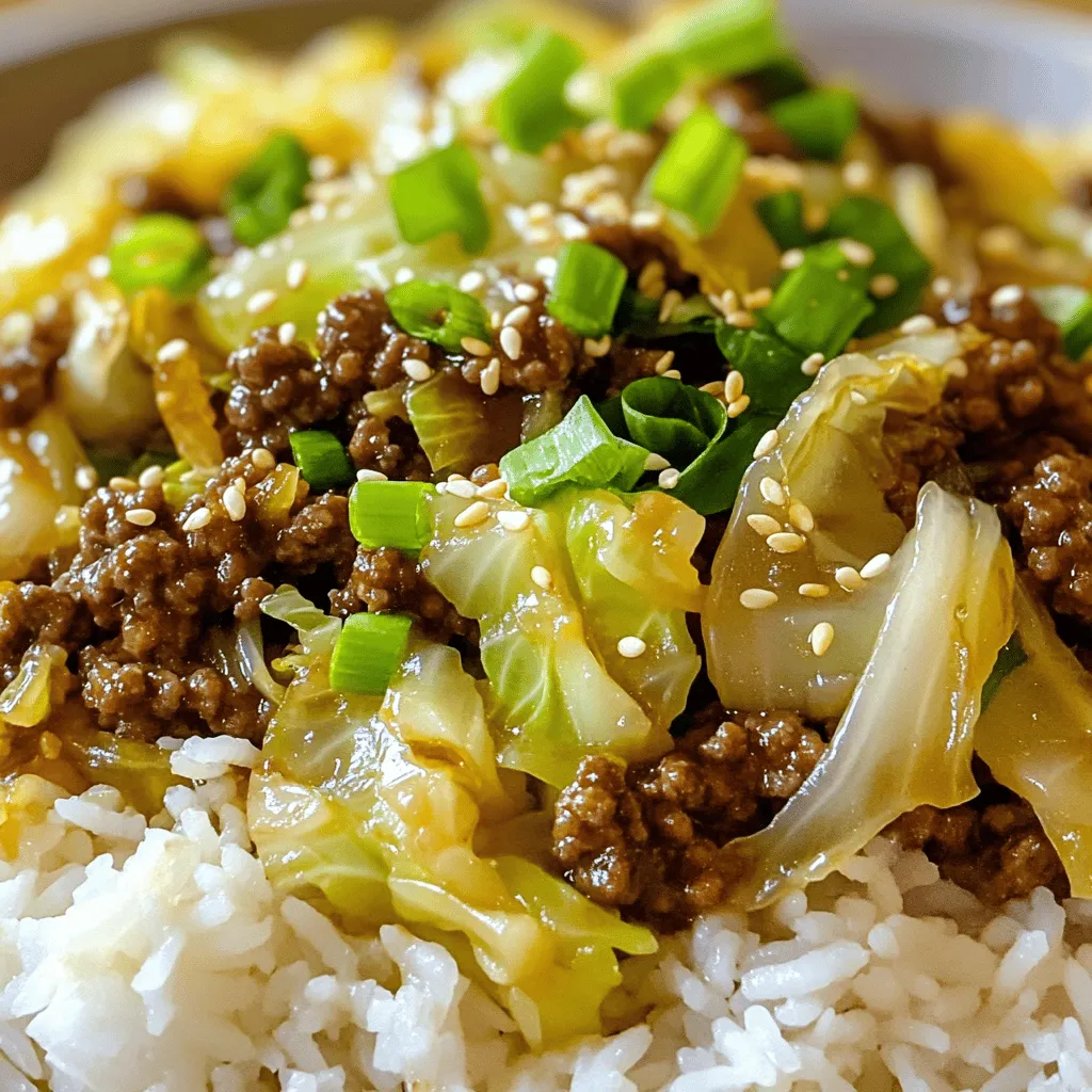 When making Quick Chinese Ground Beef & Cabbage Stir Fry, you need a few key ingredients. Each one brings flavor and texture to the dish. Here’s what you will need: - Ground Beef: Use 1 pound of ground beef for a hearty base. - Green Cabbage and Other Vegetables: Shred 4 cups of green cabbage. You can also add a medium onion, thinly sliced, and 2 cloves of minced garlic. Fresh ginger, grated, adds a nice zing. - Seasonings and Sauces: Use 2 tablespoons of low-sodium soy sauce. A tablespoon of sesame oil gives a rich flavor. If you like, add 1 tablespoon of oyster sauce. Mix 1 teaspoon of cornstarch with 2 tablespoons of water to thicken the sauce. - Garnishes and Serving Suggestions: Top your stir fry with 2 chopped green onions and a sprinkle of sesame seeds. Serve it with cooked rice or noodles for a complete meal. These ingredients blend together to create a tasty and quick meal. For the full recipe, check the details provided earlier. Prepare the Ingredients Gather all your ingredients first. This makes cooking easier and faster. You need: - 1 pound ground beef - 4 cups green cabbage, shredded - 1 medium onion, thinly sliced - 2 cloves garlic, minced - 1 tablespoon fresh ginger, grated - 2 tablespoons soy sauce (low-sodium) - 1 tablespoon sesame oil - 1 tablespoon oyster sauce (optional) - 1 teaspoon cornstarch mixed with 2 tablespoons water - 2 green onions, chopped (for garnish) - Sesame seeds (for garnish) - Salt and pepper to taste - Cooked rice or noodles for serving Cooking the Beef Heat the sesame oil in a large skillet over medium-high heat. Add the sliced onion and cook for 2-3 minutes until it looks clear. Stir in the minced garlic and grated ginger for one more minute. Then, raise the heat to high and add the ground beef. Cook it until brown, stirring every few minutes, about 5-7 minutes. Combining with Cabbage Once the beef is cooked, add the shredded cabbage to the skillet. Mix well and cook for 3-4 minutes. You want the cabbage to soften but still stay crunchy. Adding Sauces Pour in the soy sauce and oyster sauce, if you are using it. Stir everything to coat the beef and cabbage well. Thickening the Mixture Now, add the cornstarch mixed with water to thicken the sauce. Stir well and let it cook for another minute. This will help everything stick together nicely. Season it with salt and pepper to taste. Garnishing the Dish Take the skillet off the heat. Sprinkle chopped green onions and sesame seeds on top. This adds a nice touch to your dish. Serve it over rice or noodles. You can find the full recipe [Full Recipe]. Best Stir-Fry Methods Stir-frying is fast and fun. Use a large skillet or wok. Heat the pan until it’s hot. This helps the food cook evenly. Add oil and let it shimmer before adding meat. This keeps the beef juicy. Move the meat around often for good browning. Tips for Even Cooking Cut all ingredients into similar sizes. This helps them cook at the same rate. Start with the onions and garlic, as they need time to soften. Add the ground beef next. Once it’s browned, add the cabbage. It cooks quickly and should stay slightly crunchy for great texture. Alternatives for Ground Beef You can swap ground beef for other meats. Ground turkey or chicken works well. If you want a plant-based option, use crumbled tofu or tempeh. These options provide similar texture and flavor. Using Different Vegetables Feel free to mix in other veggies. Carrots, bell peppers, or snap peas add color and crunch. Broccoli or mushrooms can also work great. Just make sure to adjust cooking time so all veggies are tender but still crisp. {{image_2}} For a tasty vegetarian version, consider using tofu or tempeh. You can substitute one pound of ground beef with: - 1 pound firm tofu, crumbled - 1 pound tempeh, crumbled Both options offer a great texture and soak up flavors well. Tofu has a mild taste that pairs nicely with the sauces. Tempeh has a richer flavor and adds a nutty crunch. To add more veggies, think about mixing in: - Bell peppers, sliced - Carrots, julienned - Snap peas These veggies not only boost nutrition but also add color to your dish. If you want to spice things up, consider adding some heat. You can include: - 1 teaspoon red pepper flakes - 1-2 teaspoons chili paste These will give your stir fry a nice kick without overpowering the dish. For a different flavor profile, try other sauce combinations. You can swap the soy sauce for: - Tamari for a gluten-free option - Hoisin sauce for sweetness Mixing these sauces will create unique tastes and keep the meal exciting. Don't hesitate to experiment; this dish is versatile! Check the Full Recipe for all the details. After making your quick Chinese ground beef and cabbage stir fry, store any leftovers safely. Use an airtight container to keep the dish fresh. This helps to avoid moisture loss and keeps flavors intact. It’s best to refrigerate leftovers within two hours of cooking. How long does it last in the fridge? Your stir fry will stay good for about 3 to 4 days. Before eating, check for any off smells or changes in color. Always reheat it to a safe temperature before serving again. If you want to store your stir fry for a longer time, freezing is a great option. First, let the stir fry cool completely. Then, pack it in freezer-safe bags or containers. Remove as much air as possible to avoid freezer burns. For meal prep, consider portioning out servings before freezing. This makes it easy to grab what you need. When you're ready to eat it, thaw the stir fry overnight in the fridge. If you’re in a hurry, you can also use the microwave. Reheat it on medium power until it’s hot throughout. Always stir the dish while reheating to ensure even warming. Enjoy your meal without any hassle! How do I make this stir fry gluten-free? To make this stir fry gluten-free, simply replace the soy sauce with a gluten-free version. There are many brands available. You can also use tamari, which is a great alternative. Check all sauces to ensure they are gluten-free. Can I add other ingredients to this recipe? Absolutely! You can add vegetables like bell peppers, carrots, or snap peas. You can also mix in mushrooms for extra flavor. Just make sure to cut them into small pieces for even cooking. How can I make this recipe spicier? To add spice, you can include red pepper flakes or chili paste. Mix these into the stir fry while cooking the beef. You can also serve it with hot sauce on the side for extra heat. For the full recipe, refer to the main section above. This blog post explored ingredients, preparation, and tips for a tasty stir-fry. We covered the key ingredients like ground beef, fresh vegetables, and savory sauces. You learned how to cook them perfectly and add delightful garnishes. We also shared smart cooking tricks and substitutions for varied diets. In conclusion, stir-fry is flexible and fun. You can try new ingredients or flavors. Enjoy personalizing it to suit your taste!