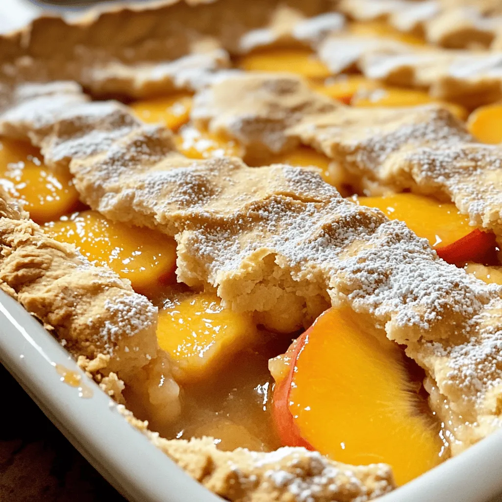 - 4 cups fresh peaches, peeled and sliced - 1 cup granulated sugar - 1 tablespoon lemon juice - 1 teaspoon vanilla extract - 1 teaspoon ground cinnamon - 1/4 teaspoon nutmeg - 2 tablespoons cornstarch - 1/2 cup unsalted butter, melted - 2 cups all-purpose flour - 1 tablespoon baking powder - 1 teaspoon salt - 3/4 cup milk - 1/4 cup brown sugar - 1 teaspoon powdered sugar for dusting When making Triple Crust Peach Cobbler, the quality of your ingredients is key. Start with ripe, fresh peaches. They bring the best flavor. Look for peaches that are slightly soft and fragrant. You can peel them easily when they are ripe. Next, granulated sugar is essential for sweetness. You can adjust the amount if you prefer less sweetness. The lemon juice adds a nice tang and balances the sugar. Vanilla extract enhances the overall flavor profile. Spices like ground cinnamon and nutmeg add warmth. They make your cobbler taste more complex. Cornstarch helps thicken the peach juices, creating a nice filling. For the crust, you need unsalted butter, flour, baking powder, and salt. The butter gives richness, while baking powder helps the crust rise and stay fluffy. Milk adds moisture to the batter. Finally, the brown sugar on top creates a sweet, crunchy layer. Dusting with powdered sugar before serving gives a lovely finish. This combination of ingredients makes the cobbler truly delightful. - Mixing bowls - 9x13-inch baking dish - Measuring cups and spoons - Whisk or spatula Having the right tools is just as important as the ingredients. You’ll need mixing bowls to combine everything. A 9x13-inch baking dish is perfect for this recipe. Use measuring cups and spoons to ensure accurate amounts. A whisk or spatula helps mix the batter smoothly. - Pair with vanilla ice cream - Garnish with mint leaves For the best experience, serve your cobbler warm. A scoop of vanilla ice cream on top adds creaminess. The cold ice cream contrasts nicely with the warm cobbler. Garnishing with fresh mint leaves gives a pop of color and freshness. Enjoy this treat fresh from the oven! If you want the complete details, check out the Full Recipe. First, gather your fresh peaches and slice them thin. In a big bowl, mix the peaches with: - 1 cup granulated sugar - 1 tablespoon lemon juice - 1 teaspoon vanilla extract - 1 teaspoon ground cinnamon - 1/4 teaspoon nutmeg - 2 tablespoons cornstarch Toss everything together. This helps the peaches soak up the flavors. Let the mixture sit for about 10 minutes. You’ll see juices forming, which makes the cobbler even better. In another bowl, take your dry ingredients and mix them well. You need: - 2 cups all-purpose flour - 1 tablespoon baking powder - 1 teaspoon salt After mixing, create a well in the center. Pour in: - 1/2 cup melted unsalted butter - 3/4 cup milk Stir until just combined. Don’t worry if it’s slightly lumpy; that’s normal. Now it’s time to put everything together. Pour half of the batter into a greased 9x13-inch baking dish. Spread it evenly. Next, layer the peach mixture on top, making sure it’s even. Then, pour the rest of the batter over the peaches. It may not cover fully, which is okay. Finally, sprinkle the top with 1/4 cup brown sugar for extra sweetness. Before baking, preheat your oven to 375°F (190°C). Once hot, place your dish inside. Bake for 40-45 minutes. Look for a golden brown color on top. A toothpick should come out clean from the crust. After baking, let it cool for about 10 minutes. You can dust it with powdered sugar for a nice touch. Enjoy your delicious Triple Crust Peach Cobbler! For the complete recipe, check the Full Recipe. To make the best peach cobbler, start with ripe peaches. Look for peaches that yield slightly when you press them. This means they are sweet and juicy. If they feel hard, let them sit at room temperature for a few days. You can also adjust the sweetness. If your peaches are very sweet, use less sugar. If they are tart, add a bit more sugar to balance the flavors. Texture matters in peach cobbler. To keep the batter fluffy, avoid overmixing. Mix until just combined; lumps are okay. This will help create a light and airy crust. To check if your cobbler is done, use a toothpick. Insert it into the center. If it comes out clean, your cobbler is ready! Serve your cobbler warm for the best experience. The warm filling melts into the crust, creating a delightful blend. You can enhance it with toppings like vanilla ice cream or whipped cream. A sprinkle of cinnamon or nutmeg on top adds extra flavor. Fresh mint leaves can add a pretty touch too. For more ideas, check the Full Recipe for variations and other serving suggestions! {{image_2}} You can switch out peaches for other fruits. Blueberries and cherries work great. For a mixed fruit triple crust cobbler, combine peaches, blueberries, and cherries. This blend adds depth to each bite. The flavors mix well, giving a unique taste. Adjust the sugar based on the fruit's sweetness. Fresh or frozen fruits both work well in this recipe. If you need a gluten-free option, use almond flour or gluten-free flour. These options keep the cobbler tender. They also provide a nutty flavor. Adjust the liquid slightly since these flours absorb more moisture. You may need to add a bit more milk or butter. Test the batter for the right texture. It should be thick but pourable. To make your cobbler healthier, reduce sugar or use honey. Honey adds a nice floral note and works well with peaches. You can also replace butter with coconut oil. This swap gives a light coconut taste. Coconut oil makes the cobbler moist while keeping it dairy-free. Smaller adjustments can lead to a delightful, guilt-free treat. For the full recipe, check out the section above. To store leftover Triple Crust Peach Cobbler, let it cool first. Place it in an airtight container. This keeps moisture in and flavors fresh. A glass dish with a lid works well for this. You can also cover it tightly with plastic wrap. Store it in the fridge for up to three days. When you’re ready to enjoy it, warm it up slightly in the oven. For longer storage, you can freeze the cobbler. First, let it cool completely. Cut it into squares and place them in freezer-safe bags. Try to squeeze out as much air as possible. You can freeze the cobbler for up to three months. When you want to eat it, thaw it overnight in the fridge. Reheat it in the oven at 350°F (175°C) for about 20 minutes. This helps restore the crisp crust. Check for signs of spoilage before eating. If you see mold or an off smell, it’s best to discard it. The cobbler is best eaten fresh but can last up to three days in the fridge. For frozen cobbler, aim to eat it within three months for the best taste. Enjoy your sweet treat while it’s at its best! You can store Triple Crust Peach Cobbler in the fridge for up to four days. Just place it in an airtight container. If you want to keep it longer, you can freeze it. In the freezer, it lasts for about three months. Just make sure to wrap it well. Yes, you can make this cobbler ahead of time. Prepare it a day in advance and keep it in the fridge. Bake it just before serving for the best taste. If you want to freeze it, do so before baking. Just thaw and bake when you’re ready to enjoy. If you need a butter substitute, use coconut oil or vegetable oil. Both work well but may change the flavor slightly. You can also use applesauce for a lower-fat option. Just remember to adjust your measurements for the best results. To enhance peach flavor, add a splash of almond extract. This adds a lovely nutty taste. You can also mix in a bit of brown sugar for caramel notes. For a fresh twist, consider adding a dash of ginger or fresh herbs like basil. Yes, you can use canned peaches in this recipe. Just make sure to drain them well to avoid excess juice. Canned peaches work in a pinch but fresh peaches give the best flavor. If using canned, cut back on added sugar since they are often sweetened. This blog post guides you through making a delicious triple crust peach cobbler. We covered the key ingredients, step-by-step instructions, and helpful tips for perfecting the dish. Remember to choose ripe peaches for the best flavor and texture. Don't hesitate to try different fruits or healthier substitutes for a twist. With the right storage tips, you can enjoy this dessert longer. Embrace your creativity in the kitchen and savor every bite of this delightful cobbler!