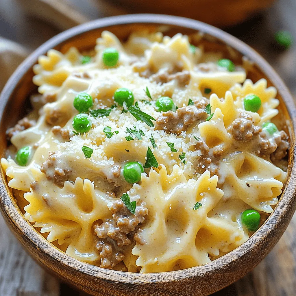 - 8 oz bowtie pasta - 1 lb ground beef - 1 cup heavy cream - 1 teaspoon Italian seasoning - 1 medium onion, finely chopped - 3 cloves garlic, minced - 1 cup grated Parmesan cheese This creamy beef and bowtie pasta dish needs simple yet tasty ingredients. The bowtie pasta gives a fun shape and holds the sauce well. The ground beef adds flavor and protein. Heavy cream makes the dish rich and smooth. For seasonings, Italian seasoning brings warmth and depth. Chopped onion and minced garlic provide a lovely base. Grated Parmesan cheese adds saltiness and a touch of creaminess. These ingredients come together to create a comforting meal. They are easy to find at any grocery store. You can use fresh or frozen peas for a pop of color and nutrition. You can find the Full Recipe for detailed steps to bring this dish to life. To start, fill a large pot with water. Add a generous pinch of salt, then bring it to a boil. Once boiling, add 8 oz of bowtie pasta. Cook it according to the package directions, usually about 10 minutes. You want the pasta to be al dente, which means it should be firm but not hard. To check, taste a piece a minute or two before the time is up. Drain the pasta in a colander and set it aside. Next, we need to prepare the meat. In a large skillet, heat 2 tablespoons of olive oil over medium heat. Add 1 medium onion, finely chopped, and sauté for about 3-4 minutes until it turns translucent. This brings out the sweet flavor. Stir in 3 cloves of minced garlic and sauté for another minute. The smell will be amazing! Now, increase the heat to medium-high and add 1 lb of ground beef. Cook it until it is browned and cooked through, breaking it up with a spatula. Season with salt, pepper, and 1 teaspoon of Italian seasoning for extra flavor. Now it's time to make the creamy sauce. Lower the heat to medium and pour in 1 cup of beef broth. Bring it to a simmer. Stir in 1 cup of heavy cream and let it cook for 2-3 minutes. This will help the sauce thicken slightly. Keep stirring until you reach a nice, smooth consistency. Finally, add the cooked bowtie pasta and 1 cup of frozen peas to the skillet with the creamy sauce. Toss everything gently to coat the pasta and peas with the sauce. Let it warm through for an extra 2-3 minutes. Stir in 1 cup of grated Parmesan cheese until it melts into the dish. Taste and adjust the seasoning with salt and pepper as needed. You’re almost ready to enjoy your creamy beef and bowtie pasta! To avoid separation or curdling in your sauce, keep the heat moderate. High heat can make the cream split. Stir gently and often as the sauce cooks. For a thicker sauce, let it simmer longer. You can also add a bit of cornstarch mixed with water to thicken it. This keeps it smooth and creamy. You can add some spices to boost flavor. Red pepper flakes give a nice kick. You can also toss in some fresh spinach or mushrooms for extra veggies. For drinks, a light red wine pairs well. Try a Pinot Noir or even a sparkling water with lemon. This dish shines with a simple side salad. A mix of greens, cherry tomatoes, and a light vinaigrette works great. For presentation, use a wide bowl and twirl the pasta in the center. Garnish with fresh parsley and extra Parmesan. It looks stunning and tastes even better! {{image_2}} You can make Creamy Beef and Bowtie Pasta lighter. Try using lean ground beef. You can also use turkey for a great swap. For pasta, consider whole wheat or gluten-free options. Whole wheat adds fiber and a nutty taste. Gluten-free pasta works for those with dietary needs. Both options keep the dish delicious. Switching proteins can change the taste. Chicken or sausage can add new flavors. Ground turkey also works well. For a vegetarian option, use mushrooms or lentils. They bring depth and texture. You can also try vegan cream or plant-based cheese. These swaps keep the dish rich and creamy. Changing cheese can enhance the dish. Try mozzarella for a melty twist or feta for tang. Seasonal veggies also add freshness. In spring, use asparagus or peas. In fall, consider butternut squash or spinach. These swaps keep the meal vibrant and tasty. For the full recipe, check the complete instructions. To store leftovers of creamy beef and bowtie pasta, place it in an airtight container. Let it cool to room temperature first. Seal it tightly to keep out air and moisture. You can store it in the fridge for up to three days. If you want the best taste, eat it within this time. Always check for any changes in smell or look before eating. If you need to keep this dish longer, freezing is a great option. First, let it cool down completely. Divide it into portions and pack them in freezer-friendly bags. Remove as much air as possible to avoid freezer burn. You can freeze it for up to three months. When you’re ready to enjoy it again, move a portion from the freezer to the fridge. Let it thaw overnight. To reheat, warm it gently on the stove over low heat. You can add a splash of beef broth or cream to help it regain its creamy texture. Stir often to keep it from sticking. You can make a creamy sauce using alternatives like Greek yogurt or cottage cheese. These options add creaminess and protein. You can also use coconut milk for a dairy-free choice. Mix these alternatives with some beef broth to keep the flavor strong. Adjust the amount to achieve your desired creaminess. Serve this dish with a fresh salad or garlic bread. A simple side salad with greens, tomatoes, and cucumbers works well. The crunch from the salad balances the creamy pasta. Garlic bread adds a nice touch for dipping. You could also serve steamed vegetables for a colorful plate. Yes, you can prepare this dish in advance. Cook the pasta and beef sauce separately. Store them in airtight containers in the fridge. When you are ready to eat, reheat the beef sauce on the stove. Add the pasta and heat until warm. This keeps the pasta from getting mushy. For the complete instructions and ingredients, check out the Full Recipe. This blog post covered all you need to make Creamy Beef and Bowtie Pasta. We explored the key ingredients like bowtie pasta and ground beef, then discussed cooking methods step-by-step. You learned how to make a creamy sauce and bring it all together. We also shared tips for perfecting the dish and variations to suit your taste. In conclusion, this dish is versatile and easy to prepare. With these tips, you can enjoy a delicious meal any night. Happy cooking!