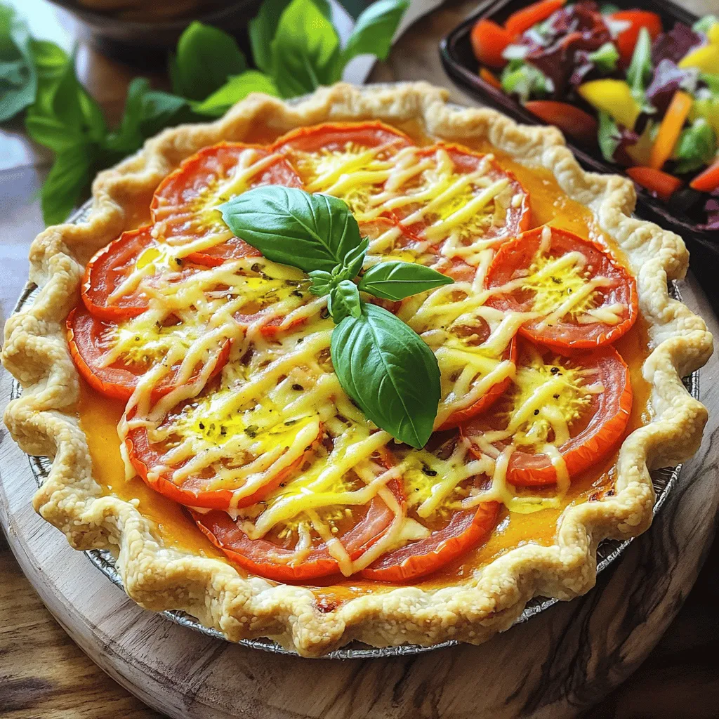 To make a great Southern Tomato Pie, you need fresh and simple ingredients. Here’s what you will need: - 2 cups fresh ripe tomatoes, sliced - 1 cup shredded mozzarella cheese - 1 cup shredded cheddar cheese - 1/2 cup mayonnaise - 1/4 cup fresh basil, chopped - 1/4 cup green onions, chopped - 1 teaspoon Dijon mustard - Salt and pepper to taste - 1 pre-made pie crust (store-bought or homemade) - 1 tablespoon olive oil - 1 tablespoon cornmeal (optional for crust texture) Each ingredient adds a special touch to the pie. The fresh tomatoes bring juicy flavor. The cheeses create a creamy texture. Mayonnaise adds richness, while basil and green onions add fresh notes. Dijon mustard gives a hint of tang. Salt and pepper enhance all the flavors. You can use a store-bought crust for ease or make your own for a personal touch. Cornmeal is optional, but it helps make the crust crisp. For the full recipe, check out the detailed steps in the article. Enjoy cooking this Southern classic! - Preheat the Oven: Start by preheating your oven to 375°F (190°C). This step is key for a perfect bake. - Prepare the Pie Crust: If you use a store-bought pie crust, fit it into a 9-inch pie plate. For a homemade crust, roll out your dough and press it into the plate. You can sprinkle cornmeal on the bottom for extra texture. - Prep the Tomatoes: Slice your fresh tomatoes and sprinkle them with salt. Let them sit in a colander for about 10-15 minutes. This will help drain out excess moisture, so your pie doesn’t get soggy. - Make the Filling: In a large bowl, mix together the mozzarella cheese, cheddar cheese, mayonnaise, chopped basil, green onions, Dijon mustard, and salt and pepper. Stir until everything is well combined. This creamy filling makes the pie rich and flavorful. - Layering the Tomatoes and Cheese Mixture: Begin by layering half of the drained tomato slices at the bottom of the pie crust. Spread half of the cheese mixture over the tomatoes. Repeat this step with the remaining tomatoes and cheese mixture. - Drizzling with Olive Oil: Pour olive oil over the top of the pie. This adds flavor and helps the pie brown nicely in the oven. - Baking the Pie: Place your pie in the preheated oven. Bake for 30-35 minutes or until the top is golden and bubbly. The aroma will fill your kitchen, making it hard to wait! Follow this step-by-step guide, and you’ll create a Southern Tomato Pie that’s not only delicious but also easy to make. Check out the Full Recipe for all the details you need! Choosing the Best Tomatoes To make Southern Tomato Pie shine, you need ripe tomatoes. Look for juicy, fragrant tomatoes in the summer. Varieties like heirloom or beefsteak work well. They add flavor and texture. Before using, slice them and sprinkle salt on top. This draws out excess moisture. Let them sit in a colander for 10-15 minutes. This step helps keep your pie from getting soggy. Balancing Seasoning Seasoning is key to a great pie. Combine salt, pepper, and Dijon mustard in the filling. Taste as you mix. Adjust the flavors to suit your liking. Fresh basil adds a wonderful aroma and taste. Don’t skip the mayonnaise; it adds creaminess. Balance is what makes every bite delicious. Serving Suggestions Serve your Southern Tomato Pie warm or at room temperature. A rustic wooden board makes a beautiful display. Pair it with a fresh side salad for a complete meal. This adds color and crunch to your table. Garnishing Ideas Garnish with fresh basil leaves for a pop of green. You can also sprinkle some extra cheese on top before serving. It gives a nice touch. For a little kick, add sliced jalapeños or a drizzle of olive oil. These small details make a big difference. {{image_2}} You can change up the cheese in your Southern Tomato Pie. Try using ricotta or feta for a new twist. Mixing different cheeses can add depth to the flavor. You can also add vegetables or proteins. Spinach, zucchini, or bell peppers work well. For a protein boost, consider adding cooked bacon or chicken. These options can make your pie heartier and more filling. If you need a gluten-free option, use a gluten-free pie crust. You can buy one or make your own with almond flour. This swap keeps the pie tasty without gluten. For vegan adaptations, replace the cheese with vegan cheese. Use a mix of cashews and nutritional yeast for a creamy texture. You can also swap the mayonnaise for vegan mayo. These changes make the pie suitable for everyone. Explore the Full Recipe for more ideas and options! To keep your Southern tomato pie fresh, proper storage is key. First, let the pie cool to room temperature. Next, cover it with plastic wrap or aluminum foil. You can also place it in an airtight container. This helps prevent the pie from drying out. Store it in the fridge for up to 3 days. If you want to save it for longer, freezing is a great option. Slice the pie into portions. Wrap each slice tightly in plastic wrap, then place in a freezer-safe bag. Label the bag with the date. This way, you can enjoy it up to 2 months later. When it’s time to enjoy your leftovers, reheating properly is important. The best method is to use the oven. Preheat your oven to 350°F (175°C). Place the pie slice on a baking sheet. Cover it loosely with foil to keep it from getting too brown. Heat for about 15-20 minutes until warm. You can also use the microwave if you’re short on time. Place a slice on a microwave-safe plate and cover it. Heat for 30 seconds to 1 minute. Check to make sure it heats evenly. Enjoy your delicious Southern tomato pie again with these easy tips! What is Southern Tomato Pie? Southern Tomato Pie is a creamy, cheesy dish. It features fresh tomatoes and herbs. This pie sits in a flaky crust, making it a perfect summer meal. How do I prevent the pie from becoming soggy? To keep your pie from being soggy, salt the tomato slices. Let them sit in a colander for 10-15 minutes. This step helps draw out moisture. You can also sprinkle cornmeal on the bottom of the crust for extra crispiness. Can I make Southern Tomato Pie in advance? Yes, you can make Southern Tomato Pie ahead of time. Prepare the pie and cover it. Store it in the fridge for up to a day. Just bake it when ready to serve for the best result. What can I serve with Southern Tomato Pie? Southern Tomato Pie pairs well with a fresh salad. A simple green salad or coleslaw adds a nice crunch. You can also serve it with grilled veggies or a light soup. Where to find similar Southern dishes? You can find similar Southern dishes in many cookbooks. Look for books focused on Southern cooking. Online, blogs and cooking sites often share great recipes, too. How to pair wines with Southern Tomato Pie? Pair Southern Tomato Pie with a light white wine. A Sauvignon Blanc works well with its fresh flavors. You can also try a dry rosé for a lovely complement. Southern Tomato Pie is a delightful dish. We explored its simple ingredients, preparation steps, and helpful tips. You learned how to customize your pie with different cheeses and veggies for variety. We also covered storing leftovers and reheating them perfectly. Enjoy this recipe any time. It's perfect for dinner or a special occasion. You can impress friends and family with your skills. Embrace the flavors and share this classic with everyone. Enjoy your Southern Tomato Pie adventure!