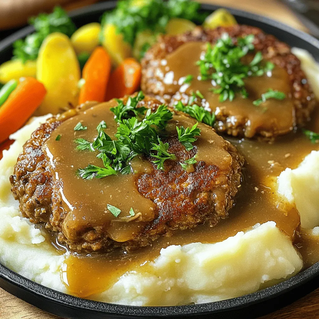 - 1 pound ground beef - 1/2 cup breadcrumbs - 1/4 cup grated Parmesan cheese - 1 small onion, finely chopped - 2 cloves garlic, minced - 1 egg, beaten To make the best Salisbury steak, start with quality ground beef. I prefer to use 80/20 beef for flavor and moisture. Then, add breadcrumbs for texture and a bit of grated Parmesan cheese for a savory kick. Finely chopped onion and minced garlic add depth to the taste. The beaten egg helps bind everything together, making the patties firm yet juicy. - 2 cups beef broth - 1 tablespoon cornstarch (optional, for thickening) - 1 teaspoon Worcestershire sauce For the gravy, beef broth is key. It brings rich flavor to the dish. Worcestershire sauce adds umami, making the gravy even better. If you want a thicker texture, use cornstarch mixed with cold water. This step is optional but gives the gravy a silky finish. - Salt and pepper - 2 tablespoons olive oil - Fresh parsley, chopped (for garnish) Season with salt and pepper to enhance all the flavors. I recommend using olive oil for cooking the patties, as it gives a nice, golden crust. Finally, top with fresh parsley for color and a fresh taste. This simple garnish brightens your dish and makes it look appealing. For the full recipe, visit the Full Recipe link. Enjoy crafting this delightful dish! To start, you need to mix the ingredients. In a large bowl, combine: - 1 pound ground beef - 1/2 cup breadcrumbs - 1/4 cup grated Parmesan cheese - 1 small onion, finely chopped - 2 cloves garlic, minced - 1 egg, beaten - 1 teaspoon Worcestershire sauce - Salt and pepper to taste Use your hands to blend everything well. This mix makes the patties tasty. Next, shape the mixture into four oval patties. Each should be about one inch thick. This thickness helps them cook evenly. Now it's time to cook the patties. Heat two tablespoons of olive oil in a large skillet over medium heat. Once hot, add the patties to the pan. Cook for about four to five minutes on each side. You want them nicely browned. After cooking, remove the patties and set them aside on a plate. This step keeps them warm while you make the gravy. In the same skillet, pour in two cups of beef broth. This adds flavor. Use a wooden spoon to scrape up any browned bits stuck to the bottom. These bits add depth to your gravy. Bring the broth to a simmer. If you like thick gravy, mix one tablespoon of cornstarch with a little cold water to create a slurry. Stir this into the broth while mixing constantly. It will thicken nicely. Finally, return the patties to the skillet. Spoon some gravy over them. Let them simmer for another five to seven minutes. This helps the flavors meld together. When ready, serve the Salisbury steak hot with extra gravy on top. Enjoy this savory dish! For the full recipe, check out the details provided earlier. To make great Salisbury steaks, start with even cooking. Use medium heat for your skillet. This helps the patties brown nicely without burning. Flip them gently to keep their shape. To keep patties moist, add breadcrumbs and an egg to the meat mix. These ingredients hold moisture. Also, don’t overcook the patties. Cook just until they are firm and no longer pink inside. For a deeper gravy flavor, add extra Worcestershire sauce. This sauce brings a savory kick that makes a big difference. You can also stir in herbs like thyme or a bay leaf. These will add a fresh taste and aroma to your gravy. When serving, creamy mashed potatoes pair perfectly with Salisbury steak. They soak up the gravy well and add comfort to the meal. For garnish, sprinkle fresh parsley on top of your patties. This adds a pop of color. A nice touch is to plate your dish with extra gravy poured over the steak. This makes it look inviting and delicious. If you want the Full Recipe, check out the detailed instructions. {{image_2}} If you want a meat-free option, you can make a vegetarian Salisbury steak. You can use lentils or black beans as the base. Cook the lentils until soft, then mash them with breadcrumbs and seasonings. For black beans, mash them and mix with chopped onions, garlic, and spices. This makes a hearty patty that holds well and tastes great. Gravy adds richness to Salisbury steak. A mushroom gravy option works well. Just sauté sliced mushrooms with onions and garlic. Then, add vegetable broth and let it simmer. You can also try a red wine gravy. Cook onions in a pan, add red wine, and reduce it. Then, stir in vegetable broth and thicken as needed. Both gravies bring unique flavors to the dish. For side dishes, you can stick with comfort food. Creamy mashed potatoes are a classic choice. They soak up the gravy and create a filling meal. Another option is steamed vegetables, like green beans or broccoli. They add color and nutrition to your plate. If you're looking for healthy sides, consider a fresh salad or quinoa. These options balance the meal and keep it light. To keep leftover Salisbury steak fresh, store it in the fridge. Place it in an airtight container. This helps to lock in moisture and flavor. If you want to keep it longer, you can freeze it. Wrap each patty tightly in plastic wrap. Then, place them in a freezer-safe bag. This prevents freezer burn and keeps your steaks tasty. When reheating, you have two main options: microwave or stovetop. For the microwave, place the steak on a plate. Cover it with a damp paper towel to keep it moist. Heat on high for about 1-2 minutes. For stovetop, warm a skillet over low heat. Add a splash of broth or water to keep it juicy. This method helps maintain the texture and flavor. Stored Salisbury steak lasts about 3-4 days in the fridge. In the freezer, it can last up to 3 months. Always check for signs of spoilage before eating. Look for an off smell or a change in color. If it seems off, it’s best to toss it. Enjoy your delicious meals safely! If you need the full recipe, check out the full recipe section. The best way to cook Salisbury steak is in a skillet. You can use a cast-iron skillet for even heat. First, brown the patties for flavor. Then, add broth to create a rich gravy. Cooking in a skillet gives you control over the heat and helps form a nice crust on the patties. If you prefer, you can also bake them in the oven. Bake at 350°F for about 25-30 minutes. However, the skillet method is faster and more flavorful. Yes, you can make Salisbury steak ahead of time. Prepare the patties and store them in the fridge for up to two days. You can also freeze them for up to three months. Just shape the patties and wrap them tightly. When ready to cook, thaw them in the fridge overnight. This way, you save time on a busy day. You can also make the gravy in advance. Heat it on the stove before serving. Salisbury steak pairs well with many sides. Here are some popular options: - Mashed potatoes: Creamy and smooth, they soak up the gravy well. - Steamed vegetables: Broccoli or green beans add freshness. - Rice: White or brown rice is a great base for the dish. - Salad: A light salad can balance the meal's richness. These sides create a complete and satisfying dinner. To wrap up, making Salisbury steak is simple and rewarding. Use quality ground beef, breadcrumbs, and fresh seasonings for tasty patties. Don’t forget the rich gravy, enhanced with beef broth and Worcestershire sauce. Try optional ingredients for personal twists, like a vegetarian version or different gravies. Store leftovers correctly to enjoy again later. With these tips, perfect Salisbury steak can be yours. Enjoy a comforting meal that brings flavor to your table.