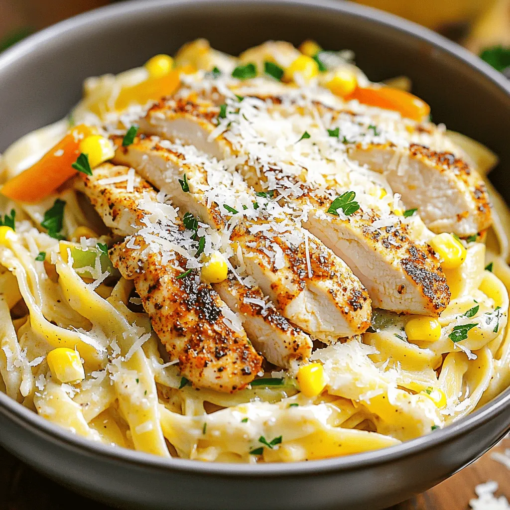 To make Creamy Cajun Chicken Pasta, gather these ingredients: - 2 boneless, skinless chicken breasts, sliced - 8 ounces fettuccine or linguine - 1 tablespoon Cajun seasoning - 2 tablespoons olive oil - 1 small onion, diced - 3 cloves garlic, minced - 1 cup bell peppers (red and green), sliced - 1 cup heavy cream - 1 cup chicken broth - 1 cup corn kernels (frozen or fresh) - 1 cup shredded Parmesan cheese - Salt and pepper to taste - Fresh parsley for garnish Use these measurement units for each ingredient: - Ounces for pasta - Tablespoons for oil and seasoning - Cups for cream, broth, corn, and cheese - Small for onion - Cloves for garlic Choose high-quality ingredients for the best flavor: - Use fresh chicken for a juicy bite. - Select ripe bell peppers for sweetness. - Opt for heavy cream, not half-and-half, for richness. - Fresh garlic and onion add more taste than powdered forms. - Grate your Parmesan cheese for a smoother melt. These tips will help you create a delicious meal. For the full recipe, check out the details above. First, gather all your ingredients. This makes cooking easier. You need: - 2 boneless, skinless chicken breasts, sliced - 8 ounces fettuccine or linguine - 1 tablespoon Cajun seasoning - 2 tablespoons olive oil - 1 small onion, diced - 3 cloves garlic, minced - 1 cup bell peppers (red and green), sliced - 1 cup heavy cream - 1 cup chicken broth - 1 cup corn kernels (frozen or fresh) - 1 cup shredded Parmesan cheese - Salt and pepper to taste - Fresh parsley for garnish Next, slice the chicken and dice the onion. Mince the garlic and slice the bell peppers. This prep helps you cook faster. Fill a large pot with water and add salt. Bring the water to a boil. Once boiling, add your fettuccine or linguine. Cook according to the package instructions until it's al dente. This usually takes about 8-10 minutes. Drain the pasta and set it aside. In a bowl, toss the sliced chicken with the Cajun seasoning. Ensure it is well coated. Heat olive oil in a large skillet over medium-high heat. Add the seasoned chicken and cook until it turns golden brown, about 5-7 minutes. Remove the chicken and set it aside. In the same skillet, add the diced onion and minced garlic. Sauté for 2-3 minutes until fragrant. Then, add the sliced bell peppers and cook for another 3-4 minutes until they soften. Pour in the chicken broth, scraping the bottom of the skillet. This adds great flavor. Let it simmer for 2 minutes. Now, stir in the heavy cream and corn kernels. Mix well. Return the chicken to the skillet and stir well with the sauce. Gradually add the Parmesan cheese and mix until it melts and becomes creamy. Finally, toss in the cooked pasta until it is well coated with the sauce. Adjust seasoning with salt and pepper as needed. For the final touch, remove from heat and garnish with freshly chopped parsley. You can find the full recipe for more details. Enjoy your creamy Cajun chicken pasta! To cook chicken right, use thin slices. This helps it cook evenly and stay juicy. Heat your skillet until hot, then add olive oil. Cook the chicken until it’s golden brown. This takes about 5 to 7 minutes. Make sure to flip it halfway. This method seals in flavor and moisture. Always check the chicken’s inside temperature. It should reach 165°F for safe eating. Cajun seasoning can pack a punch. If you like it spicy, use more seasoning. You can also add hot sauce for extra heat. If you want it milder, cut back on the seasoning. Taste as you go to find your perfect balance. Remember, you can always add spice but can’t take it away. For a rich and smooth sauce, use heavy cream. Start with a good base by sautéing onions and garlic. This adds a nice flavor. When adding cream, keep the heat low to avoid curdling. Stir in Parmesan cheese slowly for creaminess. This will help the cheese melt perfectly. If the sauce is too thick, add a splash of chicken broth. This keeps it silky and light. For a special touch, sprinkle fresh parsley on top before serving. It adds color and freshness. You can find the full recipe to create this creamy Cajun chicken pasta delight. {{image_2}} You can easily make this dish vegetarian. Just swap the chicken for firm tofu or chickpeas. Both options add great texture and protein. Use the same Cajun seasoning for flavor. Add extra veggies like zucchini or mushrooms for more taste and color. Chicken is not the only choice. You can use shrimp, scallops, or even sausage. Each protein changes the dish's flavor. Cook shrimp until pink and tender. For sausage, slice it and brown it in the skillet. Adjust the cooking time as needed for each protein. Fettuccine and linguine work great, but you can try other pasta types. Penne or rigatoni hold sauce well. Gluten-free pasta is also an option for those with dietary needs. Just follow the package instructions for any pasta you choose. For a lighter meal, use zucchini noodles or spaghetti squash. These choices give a fresh twist to the dish. For the full recipe, check the earlier section. To keep your creamy Cajun chicken pasta fresh, store leftovers in an airtight container. Make sure the pasta cools down to room temperature first. Place it in the fridge within two hours of cooking. This helps prevent bacteria growth. You can enjoy the leftovers for up to three days. When you're ready to eat the leftovers, heat them gently. Start by adding a splash of chicken broth or cream in a skillet. This keeps the pasta moist. Warm it over medium heat, stirring often. This will help the sauce return to its creamy state. If you prefer, you can use the microwave. Heat in short bursts, stirring in between, until hot. You can freeze creamy Cajun chicken pasta for longer storage. Divide it into portions and place it in freezer-safe containers. It’s best to freeze it without garnish or any added cream. The pasta may become mushy when thawed if frozen with sauce. When ready to eat, let it thaw in the fridge overnight before reheating. Enjoy your delicious meal later! Yes, you can make this dish gluten-free. To do this, swap regular pasta for gluten-free pasta. Look for brands made from rice or quinoa. They cook just like regular pasta and taste great. Always check that your Cajun seasoning is gluten-free too. If you need a substitute for heavy cream, use half-and-half or whole milk mixed with butter. Mix ¾ cup of milk with ¼ cup of melted butter. You can also use coconut milk for a dairy-free option. Just remember, this may change the flavor a bit. To increase the serving size, simply double the recipe. Use four chicken breasts instead of two. Also, double all other ingredients, including pasta, cream, and broth. This way, everyone at your table can enjoy this creamy Cajun chicken pasta delight. For the full recipe, refer back to the section above. This blog post covered all you need for a tasty Cajun chicken dish. We discussed the key ingredients and how to measure them right. I shared tips for cooking the chicken perfectly and adjusting spice levels for your taste. You also saw variations for vegetarians and other protein choices. Finally, I shared how to store leftovers and answered common questions. Embrace these tips to make your meal enjoyable and fun! You can create a dish that impresses every time. Enjoy your cooking adventure!