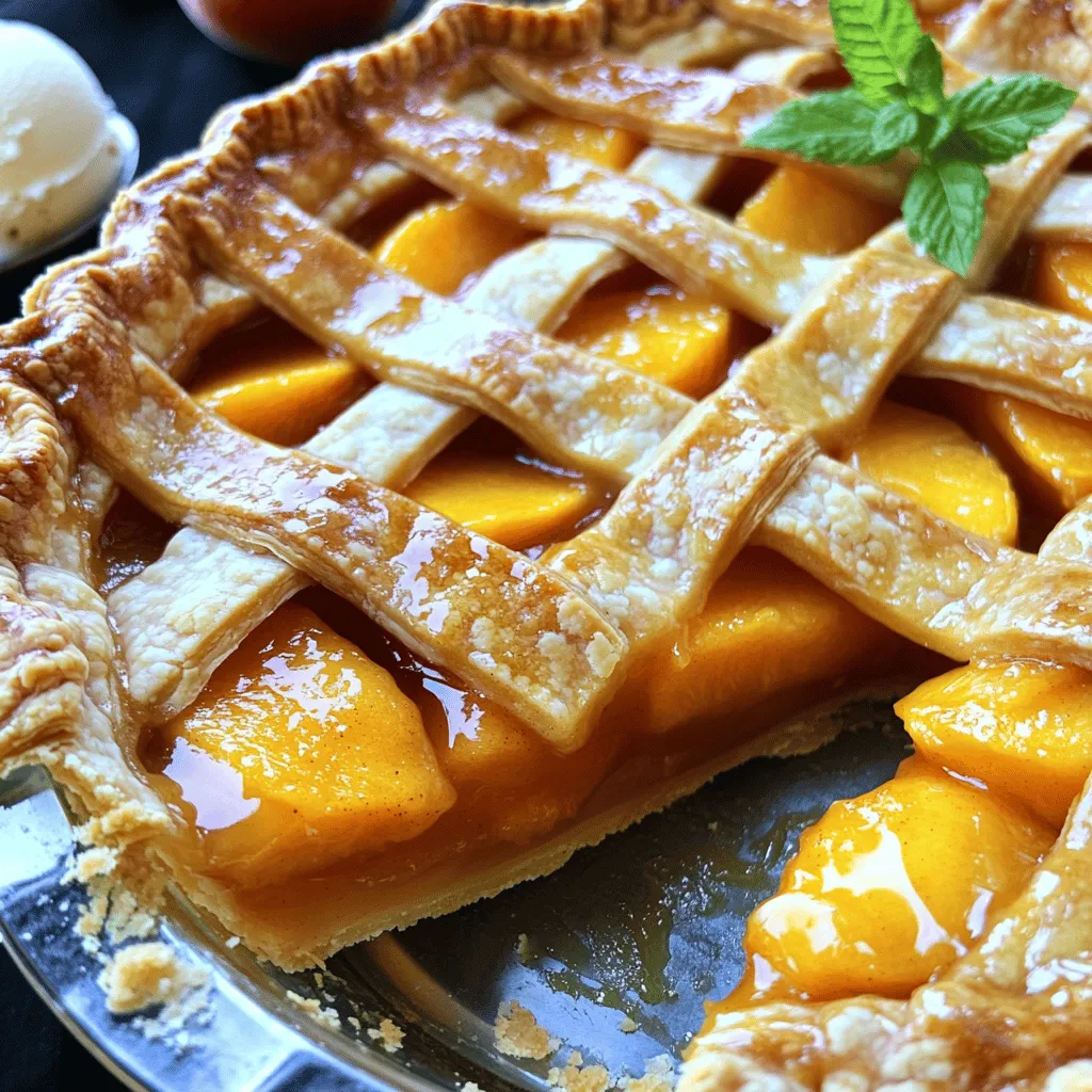 - 6 cups fresh peaches, peeled and sliced - 1 cup granulated sugar - 1 tablespoon lemon juice - 1 tablespoon cornstarch - 1 teaspoon ground cinnamon - 1/4 teaspoon nutmeg - 1 tablespoon unsalted butter, diced - 1 recipe unbaked pie crust (store-bought or homemade) - 1 egg (for egg wash) - 1 tablespoon milk (for egg wash) The heart of this pie is fresh peaches. Choose ripe fruit for the best flavor. The sugar adds sweetness, while the lemon juice brightens the taste. Cornstarch thickens the filling, ensuring it holds together when sliced. Spices like cinnamon and nutmeg bring warmth and depth. Dots of butter enhance richness in every bite. - Gluten-free pie crust alternatives - Vegan substitutes for butter and egg wash If you prefer a gluten-free option, use a gluten-free pie crust mix. For a vegan pie, swap the butter with coconut oil and use a plant-based milk for the wash. These changes make the pie inclusive for more diets without losing flavor. - Types of peaches to use - Signs of ripeness Look for yellow or orange peaches with a slight give when pressed. Freestone varieties are easier to slice. Avoid peaches with bruises or dark spots. A fragrant smell often means they are ripe and ready to use. Perfect peaches make all the difference in your pie! To start, you need to slice the peaches. Use a sharp knife to cut them into thin slices. You will want about 6 cups of fresh peaches for the filling. Next, place the sliced peaches into a large mixing bowl. Add 1 cup of granulated sugar, 1 tablespoon of lemon juice, 1 tablespoon of cornstarch, 1 teaspoon of ground cinnamon, and 1/4 teaspoon of nutmeg. Toss the peaches gently to coat them well. This mix will create a sweet and flavorful filling. Let the mixture sit for about 15 minutes. This allows the peaches to release their tasty juices. Now, roll out your pie crust. You can use a store-bought or homemade crust. Aim for a 9-inch pie pan. Gently fit the crust into the pan, pressing it to shape. Trim any excess crust, leaving a little overhang. Pour the peach filling into the crust and spread it evenly. For added richness, dot the filling with small pieces of unsalted butter. Next, if you have a second pie crust, roll it out too. You can either place it directly over the filling or cut it into strips for a lattice top. If using a full crust, cut a few slits for steam to escape. Crimp the edges of the crusts together to seal the pie. Preheat your oven to 425°F (220°C). This high heat helps the crust bake nicely. Place the pie on a baking sheet. This catches any drips while baking. Bake the pie for 45-50 minutes. You want the crust to turn golden brown, and the filling should bubble. Once done, remove the pie from the oven. Let it cool for at least an hour before slicing. This helps the filling set and makes slicing easier. For the full recipe, check the instructions above. To get a flaky crust, you need cold ingredients. Use cold butter and ice water. Mix the dough gently. Don’t overwork it, or it will be tough. You can use store-bought crust if you're short on time. It saves time but may not taste as fresh. Homemade crust often tastes better and can impress your guests. Spices make a big difference! Adding cinnamon and nutmeg gives warmth. A little butter on top of the filling adds richness. You can also mix in other fruits. Blueberries or raspberries pair great with peaches. This adds a fun twist and creates new flavors. Cooling time is key! Let the pie cool for an hour after baking. This helps the filling set. If you cut too soon, it may run. Serve it warm or at room temperature. Pair it with ice cream or whipped cream for a delightful treat. A scoop of vanilla ice cream makes it even better! Add fresh mint on top for a pretty touch. Enjoy this summer delight with friends and family. For the complete preparation, check the Full Recipe. {{image_2}} To make a gluten-free peach pie, swap the regular pie crust for a gluten-free version. You can find gluten-free pie crusts in stores or make your own using almond or rice flour. Just follow the same steps as the regular crust. The filling stays the same, ensuring you enjoy the sweet peach flavor without worry. For a vegan peach pie, replace the butter with coconut oil or vegan butter. Instead of the egg wash, brush almond milk or a mixture of non-dairy milk and maple syrup over the crust. This gives a nice shine and keeps it plant-based. The filling remains unchanged, making it a simple switch for a delicious vegan treat. You can get creative with your peach pie. Try adding berries like blueberries or raspberries for extra flavor. Nuts, such as pecans or almonds, can add a nice crunch. You can also use a different crust like a crumb crust made from crushed cookies or graham crackers. These fun twists give each slice a unique taste that keeps everyone guessing. For the full recipe, check out The Perfect Peach Pie recipe above. Enjoy experimenting! To keep your Perfect Peach Pie fresh, store it properly after serving. Here are my tips: - Refrigeration tips: Place the pie in the fridge when it cools down. Use plastic wrap or aluminum foil to cover the pie. This helps keep it moist and tasty. It stays good for about 3 to 4 days in the fridge. - Freezing options: If you want to save some pie for later, freezing works well. Wrap the pie tightly in plastic wrap and then in foil. You can freeze it for up to 3 months. When you’re ready to enjoy it, thaw it in the fridge overnight. To enjoy your pie warm, follow these steps: - Preheat your oven to 350°F (175°C). - Place the pie on a baking sheet to catch any drips. - Heat for about 15-20 minutes, or until warm. This method keeps the crust crispy and the filling bubbly. The Perfect Peach Pie lasts a few days in the fridge. If stored correctly, it remains fresh for about 3 to 4 days. If you freeze it, you can extend its life to around 3 months. Just remember, the sooner you eat it, the better it tastes! Yes, you can use frozen peaches for your pie. They are a great option when fresh peaches are not available. To prepare frozen peaches, let them thaw and drain excess water. You may need to adjust the sugar and cornstarch in your recipe. Frozen peaches can also give a different texture, but they still taste great! To keep your crust crispy, try these tips: - Blind bake the crust before adding the filling. This means baking it without the filling for a short time. - Use a thickener like cornstarch. This helps absorb juices from the peaches. - Cool the filling slightly before pouring it into the crust. This step helps prevent sogginess. If your pie is too runny, here are some fixes: - Add more cornstarch to thicken the filling. Mix it with sugar before adding. - Bake it longer to evaporate excess liquid. Keep an eye on the crust to avoid burning. - If already baked, put it back in the oven for a short time. A higher temperature can help thicken the filling. - Lastly, serve the pie with a scoop of ice cream to balance the texture. For more details, check the Full Recipe for The Perfect Peach Pie! In this blog post, we explored how to craft the perfect peach pie. We discussed key ingredients like fresh peaches and sugar. I shared tips on choosing and preparing your peaches. You learned how to assemble and bake your pie, plus tricks for a flaky crust. I also covered variations for gluten-free and vegan options. Finally, I provided storage tips and answered common questions. With these insights, you can enjoy a delicious peach pie any time!