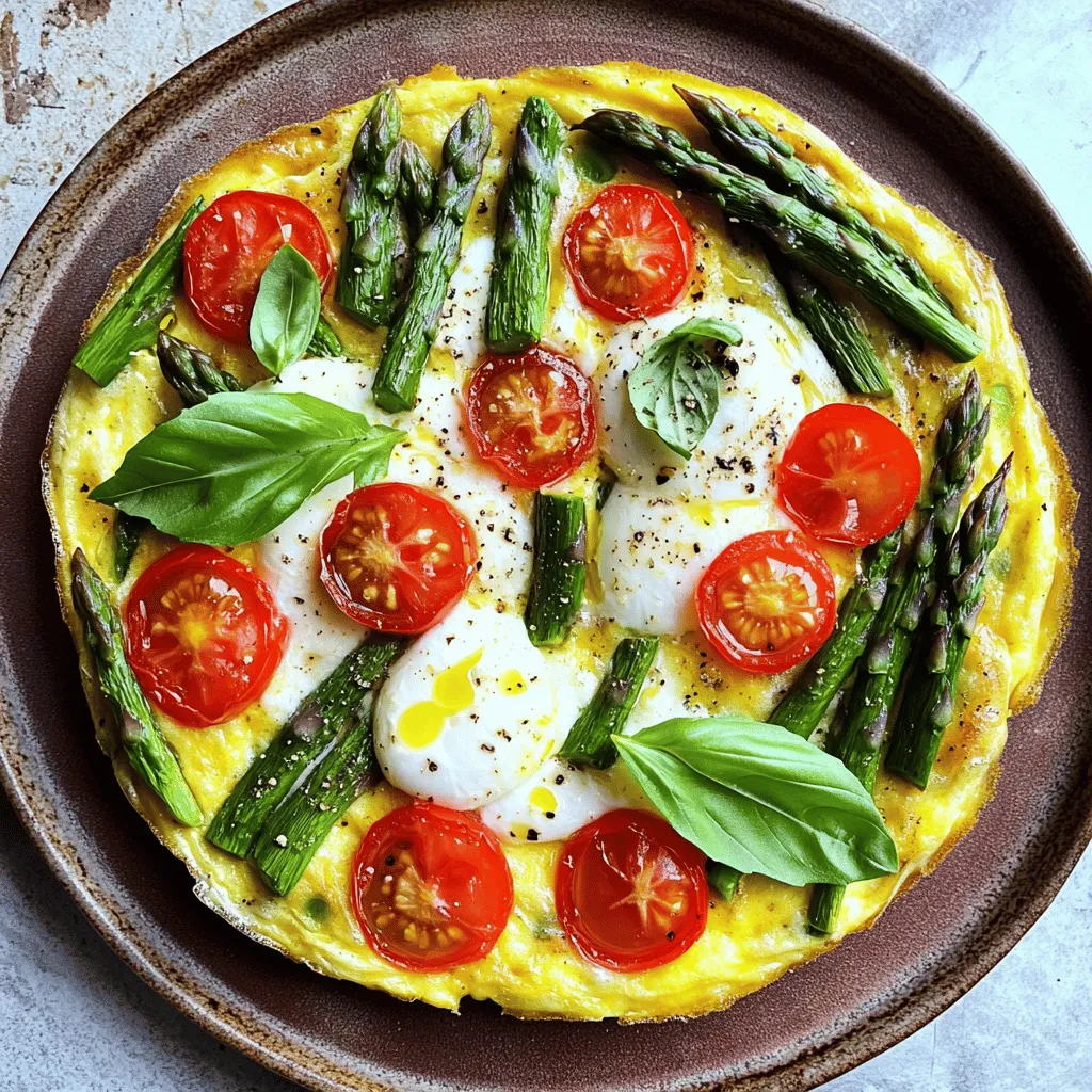 To make a delicious asparagus frittata, you'll need a few simple ingredients: - 6 large eggs - 1 cup milk - 1 cup asparagus, trimmed and cut into 1-inch pieces - 1 medium onion, diced - 1 cup cherry tomatoes, halved - 1 cup grated mozzarella cheese - 2 tablespoons olive oil - Salt and pepper to taste - Fresh basil leaves for garnish You can easily adjust the ingredients to your taste. If you don't have mozzarella, try feta or cheddar. They add a nice twist. You can swap cherry tomatoes for bell peppers or spinach, too. For a creamier texture, use heavy cream instead of milk. If you want a lighter option, use egg whites instead of whole eggs. This frittata works well with seasonal veggies. Feel free to add or mix as you like. Just keep the cooking times in mind. Each serving of this asparagus frittata is packed with nutrients: - Calories: 290 - Protein: 18g - Fat: 20g - Carbohydrates: 10g - Fiber: 2g This dish is not only tasty but also provides a good balance of protein and healthy fats. Each bite brings you closer to a wholesome meal. You can find the full recipe to make this delightful dish. First, gather all your ingredients. You will need: - 6 large eggs - 1 cup milk - 1 cup asparagus, trimmed and cut into 1-inch pieces - 1 medium onion, diced - 1 cup cherry tomatoes, halved - 1 cup grated mozzarella cheese - 2 tablespoons olive oil - Salt and pepper to taste - Fresh basil leaves for garnish Next, prep your veggies. Trim the asparagus and cut it into pieces. Dice the onion and halve the cherry tomatoes. This makes cooking easier. Now, let's start cooking. Preheat your oven to 375°F (190°C). This warms up the kitchen and gets the oven ready for your frittata. In a large bowl, whisk together the eggs, milk, salt, and pepper. Mix until it's smooth. This is your base for the frittata. Heat olive oil in an oven-safe skillet over medium heat. Once hot, add the diced onion. Sauté it for about 3-4 minutes. The onion should be soft and clear. Next, add the asparagus pieces to the skillet. Cook them for about 5 minutes. They should be tender and bright green. Then, stir in the cherry tomatoes and cook for another 2 minutes. Now it’s time for the egg mix. Pour it over the veggies in the skillet. Make sure it spreads out evenly. Lastly, sprinkle the grated mozzarella cheese on top. Cook the skillet on the stove for about 5-6 minutes. You want the edges to set but the center to remain soft. After that, carefully transfer the skillet to the oven. Bake for 15-20 minutes. The frittata will puff up and turn golden. To check if it’s done, insert a toothpick into the center. If it comes out clean, it's ready! Once it’s done, take the skillet out and let the frittata cool for a few minutes. Slice it into wedges and serve. For a nice touch, add fresh basil leaves on top. Enjoy this spring green asparagus frittata with family or friends! You can find the full recipe [here](#). To get the best texture in your asparagus frittata, focus on the eggs. Whisk them well with milk. This adds air and makes your frittata light. Cook on medium heat to avoid burning the bottom. The edges should set first, while the center remains slightly soft. This ensures a creamy bite. Many people overcook their frittatas. This makes them dry and rubbery. Avoid this by checking the center with a toothpick. If it comes out clean, it's done. Also, don’t skip the resting time after baking. Letting it sit for a few minutes enhances the flavor and texture. Lastly, if you forget the salt and pepper, the taste will lack depth. Serve the frittata warm on individual plates. Garnish with fresh basil leaves for color. A drizzle of extra virgin olive oil adds richness and flavor. You can pair it with a simple salad or crusty bread for a full meal. This dish is perfect for brunch or a light dinner. For more ideas, check the Full Recipe. {{image_2}} You can make great vegetarian versions of the asparagus frittata. Just leave out any meat. Use more fresh vegetables instead. Spinach, bell peppers, and zucchini work well. You can also add herbs like parsley or chives for added flavor. These small changes can make your frittata just as tasty! If you like meat, think about adding bacon or ham. Bacon gives a nice crunch and smoky taste. Just cook it first and set it aside. Then, use the same skillet to cook your veggies. Add the cooked bacon back in before you pour the egg mix. Ham is another good choice. It adds a savory flavor that pairs well with asparagus. You don’t have to stick to asparagus. Try other veggies too! Broccoli, mushrooms, or even spinach can be great swaps. Each vegetable offers a unique taste and texture. You can mix and match based on what you have. This way, the frittata stays fresh and exciting every time you make it. Check the [Full Recipe] for more ideas and tips! To store leftover frittata, let it cool first. Once cool, slice it into pieces. Place the pieces in an airtight container. This keeps the frittata fresh for up to three days. If you want to keep it longer, consider freezing it. When you're ready to eat the leftover frittata, you can reheat it easily. Preheat your oven to 350°F (175°C). Place the frittata on a baking sheet. Heat it for about 10-15 minutes, or until warm. You can also use the microwave for quicker reheating. Just warm it for 1-2 minutes. Make sure it is hot all the way through. Freezing frittata is a great way to save it for later. First, let the frittata cool completely. Then, wrap each slice in plastic wrap. Place the wrapped slices in a freezer bag or container. This keeps them safe from freezer burn. You can freeze the frittata for up to three months. When you want to eat it, thaw it overnight in the fridge. Reheat as mentioned above for a tasty meal. Yes, you can use frozen asparagus for this recipe. Make sure to thaw and drain it first. Frozen asparagus is often blanched, which means it cooks faster. This can save you time. Just chop it into small pieces and add it to the skillet. It will still taste great in the frittata! Asparagus frittata is tasty on its own but pairs well with many sides. You can serve it with a crisp green salad. A light vinaigrette will add some zing. Slices of fresh bread or toast are also good options. For a heartier meal, try serving it with some roasted potatoes. You can tell the frittata is done when it puffs up. Insert a toothpick into the center. If it comes out clean, your frittata is ready. The edges should be set, but the center can be slightly soft. It will continue to cook as it cools. Enjoy your delicious dish! You can find the full recipe in the earlier section. In this blog post, we explored how to make a tasty asparagus frittata. We covered all the necessary ingredients, gave you step-by-step cooking instructions, and shared helpful tips for success. You learned about variations and how to store or reheat leftovers. Now, you have all the tools to create this dish at home. Enjoy experimenting with different ingredients and flavors. A frittata is simple yet full of style. Share it with friends and family for a delightful meal. Happy cooking!
