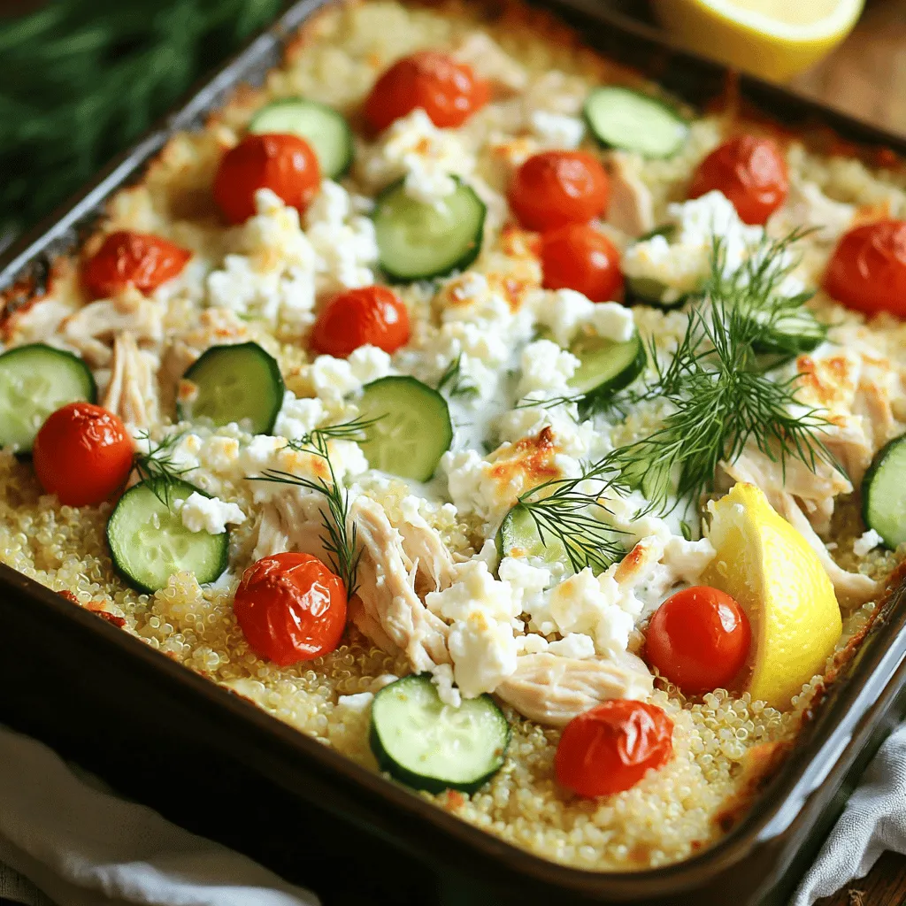 For this savory dump-and-bake chicken tzatziki casserole, you will need: - 2 cups cooked chicken, shredded - 1 cup Greek yogurt - 1 cup cucumber, diced - 1 cup cherry tomatoes, halved - 1 cup cooked quinoa or couscous - 1/2 cup red onion, finely chopped - 1/4 cup fresh dill, chopped - 2 tablespoons lemon juice - 1 tablespoon olive oil - 1 teaspoon garlic powder - Salt and pepper to taste - 1/2 cup feta cheese, crumbled - 1/2 cup grated mozzarella cheese If you need to swap ingredients, here are some options: - Use rotisserie chicken instead of cooked chicken for quick prep. - Substitute sour cream for Greek yogurt for a different texture. - Replace cucumber with zucchini for a similar crunch. - Cherry tomatoes can be swapped with diced bell peppers for sweetness. - If you don’t have quinoa, use rice or couscous instead. - You can omit feta cheese and use more mozzarella for a milder flavor. This casserole is not only tasty but also healthy. Here’s a rough idea of the nutritional value per serving (based on 6 servings): - Calories: 350 - Protein: 30g - Carbohydrates: 30g - Fat: 15g - Fiber: 3g - Sugar: 4g This dish packs protein and nutrients while being easy to make. For the full recipe, you can refer to the instructions above. First, gather your ingredients. You need cooked chicken, Greek yogurt, cucumber, cherry tomatoes, and quinoa or couscous. Also, have red onion, fresh dill, lemon juice, olive oil, garlic powder, salt, pepper, feta cheese, and mozzarella cheese. Preheat your oven to 375°F (190°C). In a large bowl, mix the shredded chicken and Greek yogurt. Add the diced cucumber, halved cherry tomatoes, and cooked quinoa or couscous. Then, stir in the chopped red onion, fresh dill, lemon juice, olive oil, garlic powder, salt, and pepper. Mix until it all blends well. Next, transfer your mixture to a greased 9x13-inch casserole dish. Spread it evenly across the dish. Now, sprinkle the crumbled feta cheese and grated mozzarella cheese on top. Cover the dish with aluminum foil and place it in the preheated oven. Bake for 25 minutes. After that, remove the foil. Bake for another 10 to 15 minutes, until the cheese is bubbly and golden brown. Once baked, take it out of the oven and let it cool for five minutes. Serve your Chicken Tzatziki Casserole warm. For a pop of color, garnish it with extra fresh dill. A wedge of lemon on the side adds a nice touch and brightens the dish. This recipe serves 4 to 6 people and works well for family dinners or gatherings. For more details, check the Full Recipe. To make the best Chicken Tzatziki Casserole, use cooked chicken. Shredded rotisserie chicken works great. It saves time and adds flavor. Mix the ingredients well to ensure even taste. Layer the cheese generously on top. This gives a rich crust. Bake until bubbly and golden brown. Let it cool for a few minutes before serving. This helps the flavors settle. Avoid using raw chicken in this casserole. The cooking time is not long enough. Don't skip the salt and pepper. They enhance the flavors of the dish. Watch the baking time. If overbaked, the cheese can burn. Also, do not rush the cooling time. It may crumble when you serve it hot. This dish pairs well with a fresh salad. A Greek salad adds a nice crunch. You could also serve it with pita bread. The bread helps scoop up the casserole. If you want more flavor, try tzatziki sauce on the side. It adds a cool, creamy touch. For a heartier meal, roasted vegetables work well too. They balance the dish nicely. For the full recipe, check out the [Full Recipe]. {{image_2}} You can easily adjust the recipe to fit your needs. If you're gluten-free, swap quinoa for rice or gluten-free couscous. For a dairy-free option, use a dairy-free yogurt for the tzatziki flavor. You could also skip the feta cheese or use a vegan alternative. If you want a lower-fat version, choose lean chicken breast and low-fat yogurt. These simple swaps keep the dish tasty while meeting different dietary needs. For extra flavor, consider adding spices to the mix. Try a teaspoon of smoked paprika for a warm, smoky taste. You could also add a pinch of cayenne pepper for some heat. Fresh herbs, like parsley or mint, can brighten up the dish. If you love garlic, increase the garlic powder to two teaspoons. These small changes can make your casserole even more exciting. Leftovers from this casserole are just as good. You can turn them into tasty wraps. Just take a tortilla and fill it with the casserole and some extra veggies. Another option is to add the leftovers to a salad for a quick lunch. You can even make a dip by mixing it with more yogurt and serving it with pita chips. These ideas keep your meals fresh and fun! After you enjoy the Dump-and-Bake Chicken Tzatziki Casserole, store leftovers in an airtight container. This keeps the flavors fresh. Let the casserole cool down to room temperature before packing it away. It will last in the fridge for up to three days. If you plan to eat it later, label your container with the date. This helps you keep track of how long it has been stored. To reheat, simply take the casserole out of the fridge. Preheat your oven to 350°F (175°C). Place the casserole in a baking dish. Cover it with aluminum foil to keep it moist. Heat for about 20 minutes or until warm. You can also microwave individual portions. Just cover them with a paper towel to avoid splatters. If you want to freeze the casserole, use a freezer-safe container. Wrap it well with plastic wrap and then foil. This helps prevent freezer burn. You can freeze the casserole for up to three months. When you’re ready to eat, thaw it in the fridge overnight. Then, reheat using the oven or microwave. This way, you can enjoy a taste of summer any time! For the full recipe, check out the Dump-and-Bake Chicken Tzatziki Casserole. It takes about 50 minutes to make this dish. You will spend 15 minutes prepping the ingredients. Then, the baking time is just 35 minutes in total. This makes it a quick meal for busy days. No, you should not use raw chicken. The chicken must be cooked before mixing it in. This keeps the dish safe to eat and ensures the chicken stays tender. Using cooked chicken also helps save time. This casserole pairs well with several sides. Here are some ideas: - A simple green salad - Pita bread or flatbreads - Roasted vegetables - Grilled zucchini or eggplant - Rice or couscous for extra carbs These options will add flavor and make your meal more filling. Enjoy your savory dump-and-bake chicken tzatziki casserole! For the full recipe, check out the provided link. This blog post guides you through making a delicious Dump-and-Bake Chicken Tzatziki Casserole. We covered ingredients, cooking steps, and tips for perfecting your dish. Remember to try ingredient swaps for any dietary needs and use our storage tips for leftovers. With these insights, you can enjoy a tasty meal that nourishes and delights. Happy cooking!
