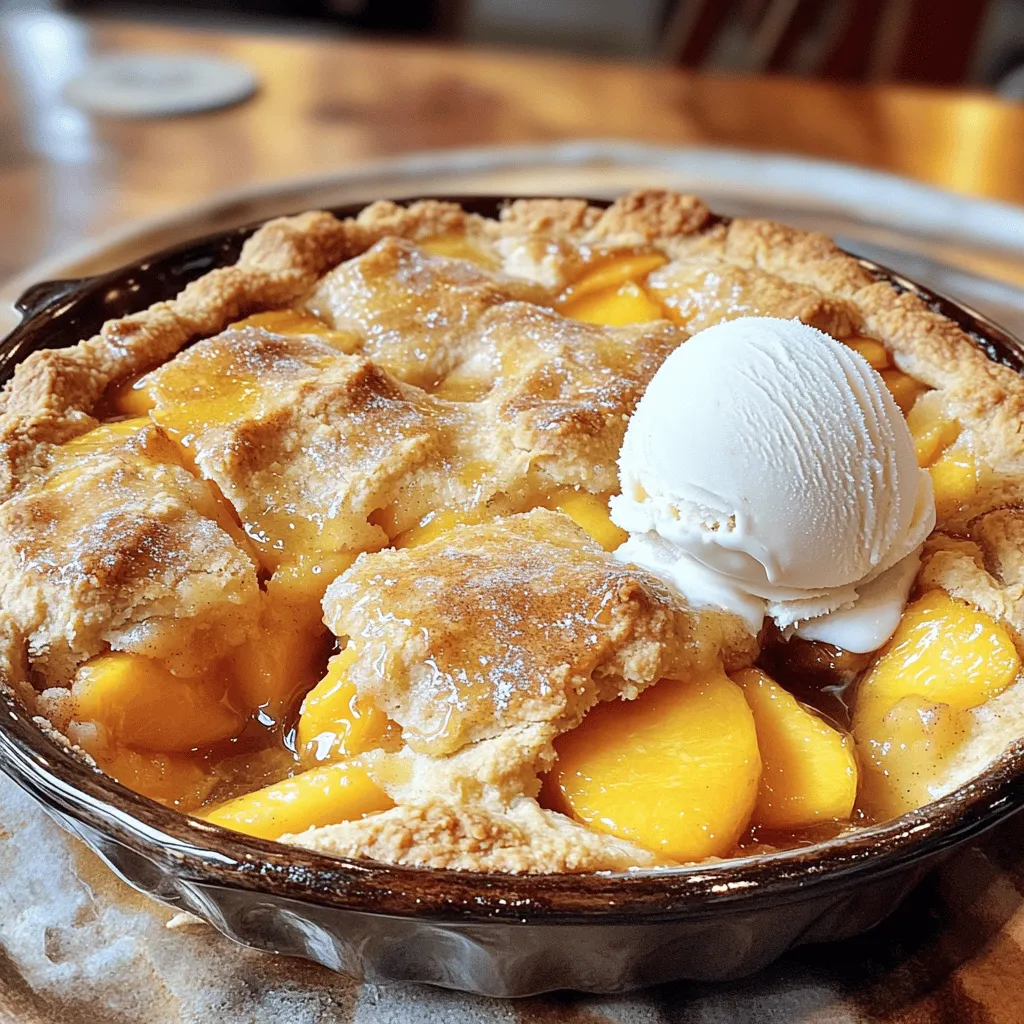 To make a tasty frozen peach cobbler, you need a few key items. Here’s what you will need: - 4 cups frozen peaches, thawed and drained - 1 cup granulated sugar - 2 tablespoons lemon juice - 1 teaspoon ground cinnamon - 1/2 teaspoon salt - 1 tablespoon cornstarch - 1 cup all-purpose flour - 1/2 teaspoon baking powder - 1/4 teaspoon baking soda - 1/4 cup rolled oats - 1/2 cup unsalted butter, melted - 1/2 cup milk - 1 teaspoon vanilla extract These ingredients come together to create a warm, sweet treat. While the main ingredients shine, you can boost the flavor with a few extras. Consider adding: - Chopped nuts, like pecans or almonds for crunch - A pinch of nutmeg for warmth - Fresh mint for a refreshing touch - A splash of bourbon for richness These optional ingredients can take your cobbler from good to amazing. You can swap some ingredients if needed. Here are some ideas: - Use brown sugar instead of white sugar for a deeper flavor. - Substitute almond flour for a gluten-free option. - Try coconut milk if you want a dairy-free version. - If you don’t have cornstarch, use flour instead, but in larger amounts. These tips help you adapt the recipe to fit your pantry and taste. For the full recipe, check out the details above. Start by thawing your frozen peaches. Place them in a bowl. Let them sit for about 30 minutes. Once thawed, drain off the extra juice. This step helps keep the cobbler from getting too soggy. Then, toss the peaches with sugar, lemon juice, cinnamon, salt, and cornstarch. Mix well until all the peaches are coated. This makes the peaches sweet and tasty. Pour the peach mixture into a greased baking dish. A 9x13-inch dish works best for this recipe. In a separate bowl, combine the flour, baking powder, baking soda, and rolled oats. Add the remaining sugar and mix all the dry ingredients together. This creates a nice base for the batter. Next, stir in the melted butter, milk, and vanilla extract. Mix until the batter is smooth. This batter will top your peaches and create a lovely crust. Now, pour the batter over the peaches in the baking dish. Use a spatula to spread it evenly. Make sure all the peaches are covered. This helps achieve a nice balance of flavors. Preheat your oven to 350°F (175°C). Once ready, place the dish in the oven. Bake for 35-40 minutes. Look for a golden brown top and bubbling filling. After baking, let the cobbler cool for about 10 minutes. This cooling time helps set the filling. You can serve it warm with ice cream for a tasty treat. For the full recipe, refer to the earlier section. To get the best texture in your frozen peach cobbler, use thawed peaches. Drain them well so the cobbler doesn’t get soggy. A mix of cornstarch and sugar helps thicken the filling. This prevents it from running all over when you cut a slice. Bake until the top is golden brown. This signals a nice, crisp topping. Serve the peach cobbler warm. It tastes great with a scoop of vanilla ice cream on top. You can also drizzle honey or caramel for extra sweetness. If you want a fun twist, sprinkle some cinnamon on the ice cream. This adds a lovely flavor layer. Place it in a pretty dish for a nice look. Avoid using too much liquid from the peaches. This can make your cobbler mushy. Don’t skip the cooling time after baking. This helps the cobbler set up and makes it easier to slice. Finally, be careful not to overmix the batter. This can make the topping tough instead of light and fluffy. For the Full Recipe, follow the steps carefully to ensure a delicious dessert. {{image_2}} You can change up the fruit in your cobbler easily. Try using frozen berries, like blueberries or strawberries. Apples and pears also work well. These fruits add new flavors and textures. Mix and match your favorites for a fun twist. If you need a gluten-free version, swap all-purpose flour with almond or coconut flour. These flours can give a nice taste and texture. For a dairy-free option, use almond milk or coconut milk instead of regular milk. You can also replace butter with coconut oil. Spices can take your cobbler to the next level. Try adding nutmeg or ginger for warmth. A hint of cardamom can add a nice kick too. You can even use a splash of vanilla extract for a richer flavor. These small changes make a big difference in taste. Explore these options to make your frozen peach cobbler even more special! For the full recipe, check out Frozen Peach Cobbler above. You can freeze peach cobbler to enjoy later. To do this, let the cobbler cool down first. Then, slice it into portions. Wrap each piece tightly in plastic wrap. Place the wrapped slices in a freezer-safe bag or container. Make sure to label it with the date. This way, you know when you froze it. For best taste, use it within three months. To thaw your frozen peach cobbler, move it to the fridge. Let it sit overnight for best results. If you’re in a hurry, you can thaw it at room temperature for a few hours. Once thawed, preheat your oven to 350°F (175°C). Place the cobbler in a baking dish. Bake for 20-25 minutes until it is warm. You can also microwave individual slices for a quick warm-up. Frozen peach cobbler can last up to three months in the freezer. For best quality, store it in an airtight container. If left longer, it may lose its flavor and texture. Always check for ice crystals or freezer burn before eating. If you notice these, it’s best to toss it out. Enjoy your peach cobbler fresh for the best taste! You can find the full recipe above for a delicious treat. Yes, you can use fresh peaches for your cobbler. Just peel and slice them first. You will need about 4 cups of fresh peaches. If you use fresh peaches, add a little more sugar. This helps bring out the natural sweetness. Frozen peach cobbler can last up to three months in the freezer. Make sure to store it in an airtight container. This keeps it fresh and tasty. If you keep it in the fridge, it will last about five days. Cover it well to keep it from drying out. The best way to reheat leftover cobbler is in the oven. Preheat your oven to 350°F (175°C). Place the cobbler in a baking dish. Heat it for about 15-20 minutes. This will help keep the crust crispy. You can also use the microwave, but the crust may get soft. If you do use the microwave, heat it in short bursts. We covered the key steps to make a tasty frozen peach cobbler. You learned about main ingredients, tips for the best texture, and how to serve it right. We explored different fruit options and even gluten-free alternatives. Remember to store it well for maximum freshness. If you follow these tips and tricks, your cobbler will impress! Enjoy this sweet treat, knowing you have the skills to make it shine. Happy baking!