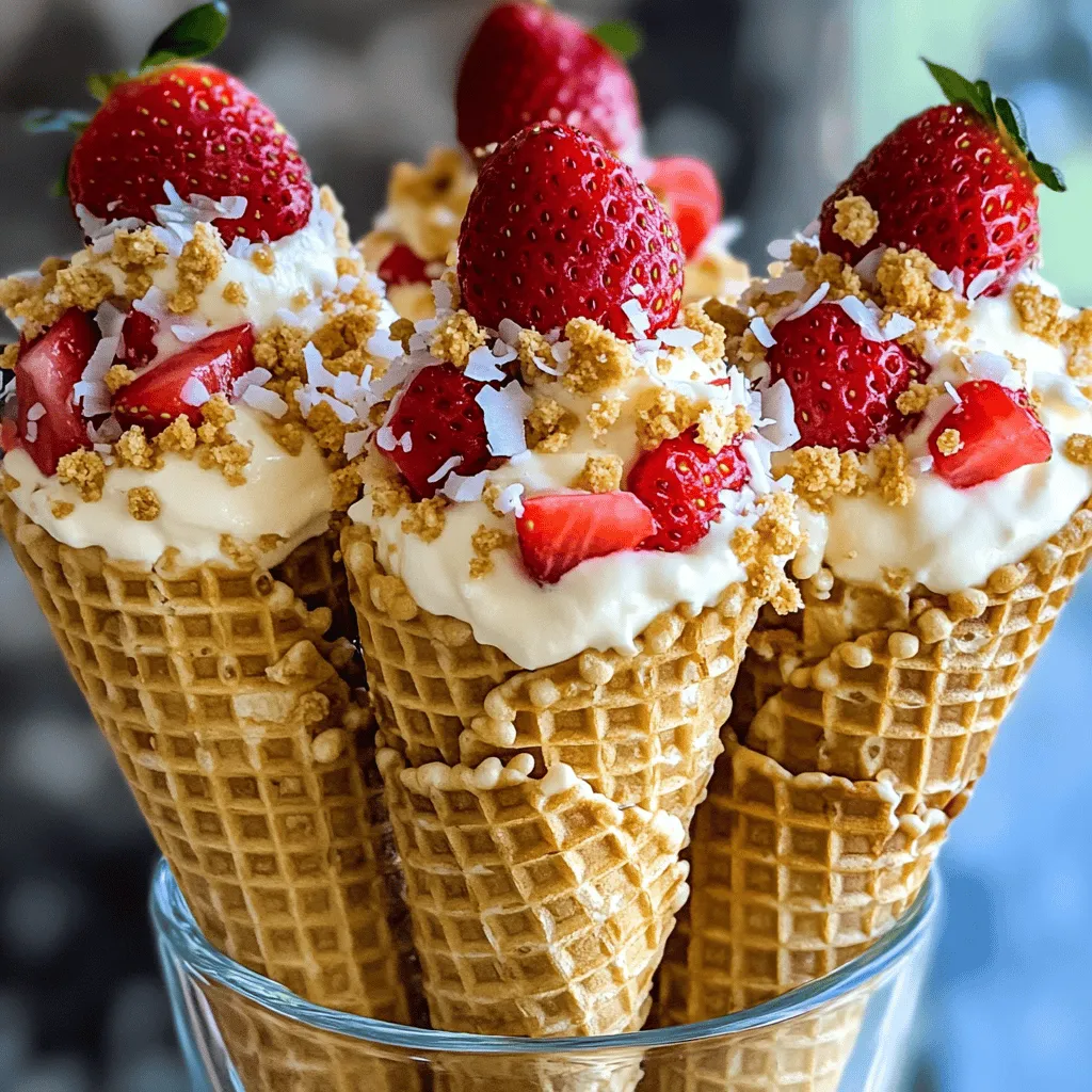 To make delicious Strawberry Crunch Cheesecake Cones, gather these fresh ingredients: - 1 cup fresh strawberries, diced - 1 tablespoon sugar - 1 teaspoon lemon juice - 1 cup cream cheese, softened - 1/2 cup powdered sugar - 1 teaspoon vanilla extract - 1 cup heavy whipping cream - 1/2 cup crushed graham crackers - 1/4 cup toasted coconut flakes - 4 sugar cones Each ingredient plays a key role. The fresh strawberries give a sweet and tangy flavor. The sugar and lemon juice help bring out the strawberry taste. Cream cheese and powdered sugar mix create the smooth filling. Heavy whipping cream adds fluffiness, making it light. The crushed graham crackers and toasted coconut flakes add a crunchy texture on top, adding to the fun. For the full recipe, check out the steps that follow. First, grab a small bowl. Add your diced strawberries, sugar, and lemon juice. This mix brings out the sweet flavor of the berries. Stir it gently to combine. Let the mixture sit for about 10 minutes. This process is called maceration. The strawberries will become juicy and sweet. Take a separate mixing bowl. Beat the softened cream cheese, powdered sugar, and vanilla extract together. Mix until the blend is smooth and creamy. In another bowl, whip the heavy cream. Keep mixing until stiff peaks form. This step adds lightness to the filling. Now, gently fold the whipped cream into the cream cheese mixture. Do this slowly, ensuring they combine well. Now it’s time to bring it all together. Once your strawberries have released their juices, fold them into the cheesecake filling. Make sure to mix them evenly. Next, take the sugar cones. Fill each cone with the cheesecake mixture. You can use a spoon or a piping bag for this task. Finish by sprinkling crushed graham crackers and toasted coconut flakes on top of each cone. These toppings add flavor and a nice crunch. Serve them right away for the best taste. You can also chill them for up to 30 minutes before serving. For the full recipe, check out the details above. To make the best cheesecake filling, you want a creamy and smooth texture. Start by softening the cream cheese. This helps it mix well with the sugar. If it’s too thick, you may end up with lumps. Beat the cream cheese until it’s fluffy. When adding strawberries, mix them in gently. You want to keep the chunks intact. This way, each bite has bits of strawberry. Ensure that the filling has an even strawberry distribution. This balance makes each cone delightful. For a fun and pretty display, stand the cones in a tall glass. This keeps them upright. You can also use a cone holder if you have one. To make it even better, add a fresh strawberry on top of each cone. It makes them pop! Pair these cones with a cool drink, like lemonade. The tartness balances the sweet cheesecake. You can also serve with whipped cream on the side. It adds extra creaminess and flavor. To save time, prepare the filling the day before. Store it in the fridge overnight. This allows the flavors to mix well. You can also chop the strawberries ahead of time. Just keep them in the fridge until you need them. Using store-bought ingredients can cut down on prep time. Look for pre-made sugar cones or whipped cream. These options can make your life easier without losing taste. For a full guide on making these delicious treats, check the Full Recipe. {{image_2}} You can change the fruits in your Strawberry Crunch Cheesecake Cones. Try using blueberries, raspberries, or peaches. Each fruit brings a different taste to the cones. You can also use a mix of fruits for fun flavors. Toppings are another way to make your cones unique. Instead of graham crackers, try crushed cookies or nuts. For a sweet twist, drizzle chocolate syrup or caramel over the top. Add whipped cream for extra fluffiness. If you need gluten-free options, use gluten-free cones. You can find them at most stores. For the filling, use gluten-free graham crackers or nuts to make a base. For dairy-free and vegan adaptations, swap cream cheese with a plant-based cream cheese. Coconut cream works great too. Use a dairy-free whipped topping in place of heavy cream. This way, everyone can enjoy these tasty cones! You can find the Full Recipe to guide your changes. To keep your filled cones fresh, store them in an airtight container. Lay a piece of wax paper between the cones to stop sticking. This helps keep their crunch. Make sure to eat them within 24 hours for the best taste. If you want to chill them before serving, place them in the fridge for about 30 minutes. This enhances the flavors and makes each bite cool and refreshing. You can freeze the cheesecake filling for later use. Just scoop it into a safe freezer bag. Squeeze out the air and seal it tight. It will last up to two months in the freezer. When you’re ready, thaw it in the fridge overnight for easy use. For serving, fill the cones right before eating. This keeps the cones crisp. If they sit too long, they may get soggy. Enjoy your Strawberry Crunch Cheesecake Cones at their best! For the full recipe, check out the earlier section. Yes, you can make the filling ahead of time. I recommend preparing the cheesecake mix up to one day in advance. Just store it in the fridge in an airtight container. Fill the cones right before serving to keep them crisp. If you wait too long, the cones may get soggy. You can find pre-made Strawberry Crunch Cheesecake Cones at some grocery stores. Check the frozen dessert aisle or the bakery section. Stores that focus on sweets may also have them. If you can't find them, making them at home is easy and fun. Just follow the Full Recipe for a tasty treat. To keep the cones crunchy, fill them just before serving. You can also coat the inside of the cones with a thin layer of chocolate. This acts as a barrier and helps keep moisture out. Store filled cones upright in the fridge. Avoid stacking them, as this can lead to sogginess. You can use leftover ingredients to make other fun desserts. Use extra cream cheese to whip up a dip for fruits. You can also blend the leftover strawberries with yogurt for a parfait. Another idea is to create mini cheesecake cups using the same filling and toppings. Get creative and enjoy! You now know how to make delicious Strawberry Crunch Cheesecake Cones. We covered essential ingredients, step-by-step instructions, and helpful tips. Remember to choose fresh strawberries and whip your cream just right. Consider flavor variations and dietary needs to customize your treat. Store any leftovers properly, so nothing goes to waste. Enjoy making this fun dessert! It's easy, tasty, and perfect for any occasion. Now, get creative and enjoy sharing your sweet creations with others!