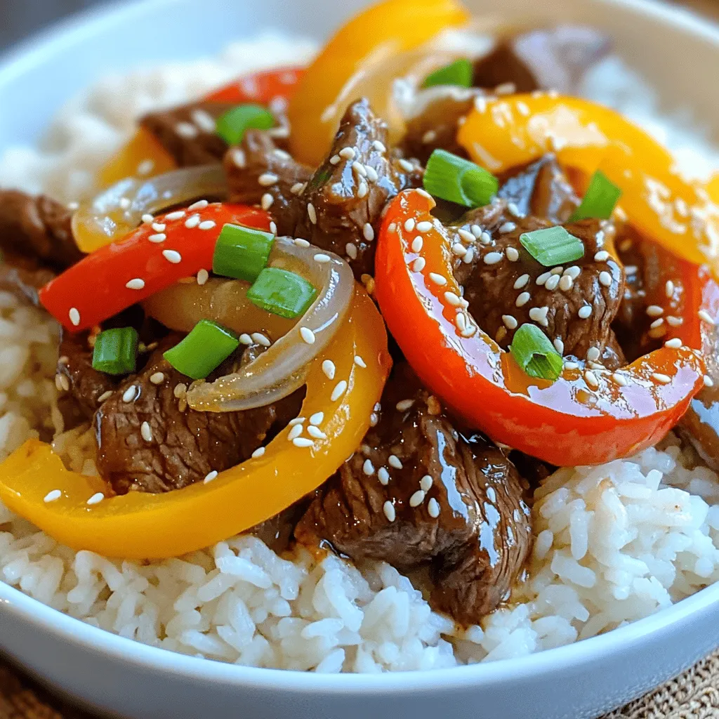 - 1 pound beef sirloin, thinly sliced - 1 bell pepper (any color), sliced - 1 onion, sliced - 2 cups cooked jasmine or basmati rice - 3 tablespoons soy sauce - 2 tablespoons sesame oil - 1 tablespoon ginger, minced - 2 cloves garlic, minced - 1 teaspoon black pepper - 1 tablespoon sesame seeds (for garnish) - 2 green onions, chopped (for garnish) When I create Beef and Pepper Rice Bowls, I start with fresh, high-quality ingredients. The beef sirloin gives a tender bite and a rich flavor. I like to slice it thinly to ensure it cooks quickly. The colors of bell peppers bring vibrancy and crunch to the dish. You can use any color, like red, yellow, or green, which all taste great. For the marinade, I mix soy sauce, sesame oil, minced ginger, and garlic. This combo adds depth to the beef, making it juicy and flavorful. Letting it marinate for at least 15 minutes lets the flavors soak in. I garnish the finished bowl with black pepper, sesame seeds, and green onions. These toppings add texture and brightness. The sesame seeds give a nice crunch, while the green onions add a fresh punch. This dish is not just delicious; it looks great too. You will enjoy every bite! For the full recipe, check out the Beef & Pepper Rice Bowls 🥩. - Combine beef with soy sauce, ginger, and garlic. - Allow marination for at least 15 minutes. Marinating the beef adds flavor and makes it tender. When you mix the beef with soy sauce, ginger, and garlic, it soaks up the tasty juices. Letting it sit for 15 minutes gives the meat time to absorb these flavors. You can even marinate it longer if you want more taste. - Prepare jasmine or basmati rice according to package instructions. - Keep warm after cooking. While the beef marinates, you can cook your rice. Jasmine or basmati rice works best for this dish. Follow the package instructions carefully. Once done, keep the rice warm so it pairs well with the beef and veggies later. - Heat sesame oil in a skillet. - Cook onions and bell peppers until vibrant. Next, heat sesame oil in a large skillet. This oil brings a nutty flavor to the dish. Add sliced onions and bell peppers. Stir-fry them for about 3 to 4 minutes. They should be soft but still bright in color. This step adds crunch and color to your meal. - Sear marinated beef in the skillet. - Stir-fry until cooked through. In the same skillet, add the marinated beef. Spread it out in a single layer. Let it sear for about 2 to 3 minutes without stirring. This helps create a nice crust. Then stir-fry for another 2 to 3 minutes until fully cooked. The beef should be brown and tender. - Mix cooked beef with vegetables. - Adjust seasoning as needed. Once the beef is cooked, add the vegetables back into the skillet. Combine everything well. This mixing lets the flavors blend. Taste it and adjust seasoning with black pepper if you want more kick. - Assemble rice and beef mixture in bowls. - Garnish with sesame seeds and green onions. For serving, place a scoop of warm rice in each bowl. Top it with the beef and pepper mixture. Finally, sprinkle sesame seeds and chopped green onions on top. This adds a nice touch and extra flavor to your dish. Enjoy your Beef and Pepper Rice Bowls! For the full recipe, check the section above. To make your Beef and Pepper Rice Bowls shine, use high heat for the stir-fry. High heat helps the beef sear nicely, locking in flavors. This method gives you that tasty caramelization. Avoid overcrowding the pan. If it’s too full, the beef will steam instead of sear. Cook in batches if needed. If you want to switch things up, try alternate proteins like chicken or tofu. Both options work well with the same marinade. For a plant-based twist, use cauliflower rice or chickpeas. These swaps keep the dish tasty and filling while catering to different diets. Want to add some kick? Toss in chili flakes or a spicy sauce. This simple step can elevate the dish. You can also experiment with different types of peppers. Each pepper brings its unique flavor and heat level, so have fun mixing them up! Try sweet bell peppers, spicy jalapeños, or smoky poblano peppers for variety. For the full recipe, check out the Beef & Pepper Rice Bowls. {{image_2}} You can twist the Beef and Pepper Rice Bowls to fit different cuisines. For a Mexican-inspired bowl, add diced avocado and a scoop of fresh salsa. This gives the dish a creamy texture and a zesty kick. On the other hand, for an Asian fusion twist, include bok choy or carrots. These veggies add crunch and color to your meal. Both styles make the dish fun and unique. If you want a gluten-free option, switch soy sauce for tamari. Tamari has a similar taste but is made without gluten. For those watching carbs, serve your beef with zucchini noodles instead of rice. This keeps the meal light and fresh, while still being full of flavor. You can use seasonal veggies to enhance your rice bowls. In summer, add zucchini to your mix. It cooks quickly and adds a nice taste. In the fall, root vegetables like carrots or sweet potatoes work great. They bring a sweet note to the dish and make it heartier. These changes keep the recipe exciting throughout the year. Explore these variations to find your favorite style! To keep your beef and pepper rice bowls fresh, store them correctly. First, place the leftovers in an airtight container. This helps prevent any off-flavors from entering. Next, it's best to separate the rice and beef. This method keeps the rice fluffy and the beef juicy. When it’s time to enjoy leftovers, you have two good options. You can use the microwave or the stovetop. If you use the microwave, heat in short bursts. Stir in between to keep it even. For stovetop reheating, add a splash of water. This keeps the rice from drying out. If you want to meal prep, freezing is a great idea. Portion out the beef and rice into separate containers. This way, you can grab just what you need. For thawing, move the frozen portions to the fridge overnight. Avoid microwaving from frozen, as it can change the texture. To add heat, you can use chili flakes or hot sauce. Mix these in with the beef marinade. Try adding sliced jalapeños when you stir-fry the veggies. A dash of sriracha on top also works well. Yes, you can prepare this dish in advance. Marinate the beef a few hours ahead. Store the marinated beef in the fridge until you're ready to cook. Once cooked, let it cool before you store it. Keep the rice and beef separate for best results. You can serve a fresh salad on the side. A simple cucumber salad adds crunch. Steamed broccoli or bok choy pairs nicely too. You can also add some crispy spring rolls for extra flavor. This dish is great for meal prep. Portion the rice and beef into containers. You can store them in the fridge for a few days. Reheat in the microwave when you are ready to eat. To make it gluten-free, use tamari instead of soy sauce. Tamari has a similar taste. Always check labels to ensure your sauces are gluten-free. Most other ingredients are already gluten-free. Jasmine rice has a nice aroma and fluffiness. Basmati rice offers a nutty flavor. Both types cook well with this dish. You can also try brown rice for extra fiber. Each type gives a different taste and texture. In this article, we explored how to create delicious Beef and Pepper Rice Bowls. We covered essential ingredients, marinade preparation, simple cooking methods, and creative variations. You can easily adapt this dish to fit any taste or diet. Remember to try out the tips and tricks for the best results. With practice, you'll master this recipe and impress family or friends. Enjoy the process and make it your own!
