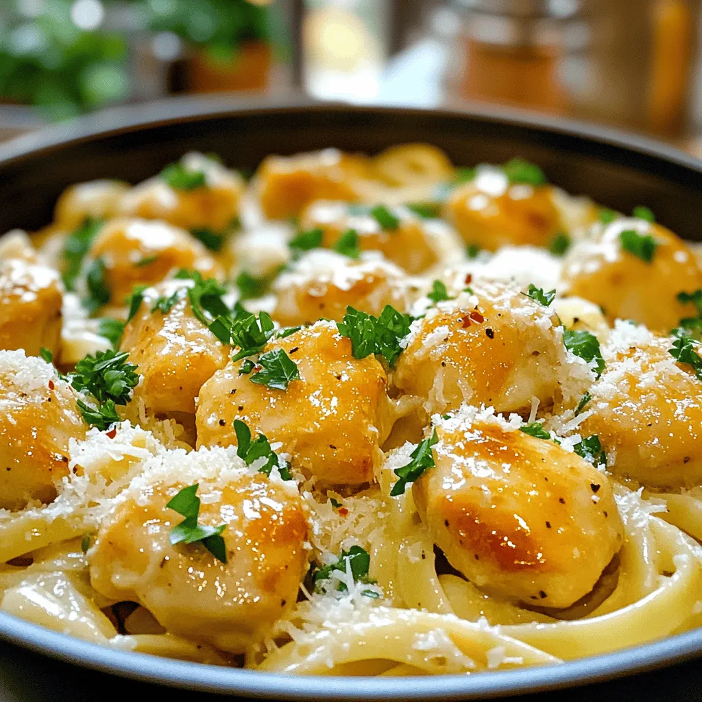 - 1 pound chicken breast, cut into bite-sized pieces - 8 ounces pasta (like fettuccine or penne) - 4 tablespoons unsalted butter - 4 cloves garlic, minced - 1 teaspoon dried oregano - 1 teaspoon dried basil - Salt and pepper to taste The chicken breast is the star of this dish. It cooks quickly and stays juicy. You want to cut it into bite-sized pieces for easy eating. For the pasta, I often choose fettuccine or penne. Both hold sauce well, making each bite flavorful. Butter and garlic transform this meal into a delight. The unsalted butter adds richness, while minced garlic gives a wonderful aroma and taste. The oregano and basil bring in classic Italian flavors. Don’t forget to season well with salt and pepper! - 1/2 teaspoon red pepper flakes (optional for heat) - 1/4 cup grated Parmesan cheese - Fresh parsley, chopped (for garnish) If you enjoy a little kick, add red pepper flakes to the mix. Just a pinch adds nice heat without overpowering. For extra creaminess, sprinkle grated Parmesan cheese at the end. It melts beautifully into the dish. Finally, fresh parsley not only adds color but also a bright flavor. For the complete preparation details, check out the Full Recipe. Start by boiling water in a large pot. Add salt to the water for flavor. Once the water is boiling, add your pasta. Cook it according to the package instructions until it's al dente. This usually takes about 8 to 10 minutes. Once it's done, drain the pasta but save a cup of the pasta water. This water helps later to make the dish creamy. In a large skillet, melt two tablespoons of butter over medium heat. Once the butter is hot and bubbly, add the chicken pieces. Season them with salt and pepper. Cook the chicken for about 5 to 7 minutes until it turns golden brown. Next, add the minced garlic to the skillet. Stir it for about one minute until it smells good. Then, mix in the oregano, basil, and red pepper flakes if you like some heat. Let it cook for another minute to blend the flavors. Now it's time to bring everything together. Turn the heat to low and add the remaining two tablespoons of butter to the skillet. Let it melt completely. Toss the drained pasta into the skillet with the chicken and garlic butter. Mix everything well, making sure the pasta is coated. If it looks a bit dry, splash in some of that reserved pasta water until it’s just right. Finally, sprinkle in the grated Parmesan cheese. Stir until everything is well mixed. Taste it, and if you want, add more salt, pepper, or cheese. Serve hot and finish with fresh parsley for a nice touch. Enjoy your Garlic Butter Chicken Bites with Pasta! For the complete recipe, check the Full Recipe section. To ensure your chicken remains juicy, use a meat thermometer. Cook the chicken to an internal temperature of 165°F. This way, you avoid overcooking. Sear the chicken until golden brown for added flavor. Let it rest for a few minutes before serving. This helps keep the juices inside. For achieving al dente pasta, follow the package directions closely. Start checking the pasta a minute before the time is up. It should be firm yet tender. Drain it but save a little pasta water. This water can help if the dish needs a bit more moisture later. To boost flavor, try adding fresh herbs like thyme or rosemary. A squeeze of lemon juice adds brightness. You might also experiment with spices like paprika or onion powder. These will give your dish a unique twist. Pair the Garlic Butter Chicken Bites with a simple side salad or steamed veggies. A light, fresh side balances the richness of the garlic butter. You can also serve it with garlic bread for a complete meal. This makes your dinner fun and filling. For more cooking tips and tricks, check out the Full Recipe. {{image_2}} You can switch up ingredients for variety. If you want an alternative to chicken, try shrimp or tofu. Both options work well with garlic butter and pasta. Shrimp cooks fast, so be careful not to overdo it. Tofu absorbs flavors nicely, making it a great choice for a meatless meal. For those who need gluten-free options, choose a gluten-free pasta. Many brands offer great alternatives that taste just as good. Quinoa pasta or rice pasta are popular choices. They keep the dish light and tasty. Adjust the spice levels to fit your taste. If you like it spicy, add more red pepper flakes. You can also try crushed black pepper for a different heat. On the other hand, if you prefer mild flavors, skip the red pepper. Incorporating seasonal vegetables can also enhance your dish. Think about adding fresh spinach, cherry tomatoes, or zucchini. These veggies add color and nutrients. Just sauté them in the skillet before adding the pasta. This adds a fresh touch and makes the meal more balanced. For the full recipe, check the detailed cooking instructions. To keep your Garlic Butter Chicken Bites fresh, follow these tips: - Place leftovers in an airtight container. - Let the dish cool down before sealing. - Store in the fridge right away. You can keep the leftovers for up to three days. After that, the flavors may fade. To reheat without losing moisture, I recommend these methods: - Microwave: Place in a microwave-safe dish. Cover with a damp paper towel to keep it moist. Heat for 1-2 minutes, stirring halfway. - Stovetop: Use a pan over low heat. Add a splash of water or broth to keep it juicy. Stir until heated through. Both methods work well, but stovetop gives better texture. Enjoy your tasty meal! For more ideas, check out the Full Recipe. To add spice, you can use more red pepper flakes. You might also try cayenne pepper, chili powder, or hot sauce. Each of these will bring heat and flavor to the dish. Make sure to taste as you go to find the right spiciness for you. Yes, you can use frozen chicken. Just remember, frozen chicken takes longer to cook. It’s best to thaw the chicken in the fridge overnight before cooking. If you need to cook it from frozen, add a few extra minutes to the cooking time. Always ensure it reaches a safe internal temperature. For this dish, a crisp white wine works great. Try a Sauvignon Blanc or Pinot Grigio. If you prefer red, a light-bodied option like Pinot Noir is lovely. These wines will enhance the garlic and butter flavors without overpowering the dish. In this post, I shared a simple recipe for Garlic Butter Chicken Bites with Pasta. You learned about the main ingredients like chicken, pasta, and key seasonings. I guided you through cooking pasta and chicken, then combining everything for tasty results. Don't forget my tips for perfect cooking and variations that suit your taste. Store your leftovers right, and you'll enjoy this dish again. Cooking should be fun and easy, so get creative and make it your own!