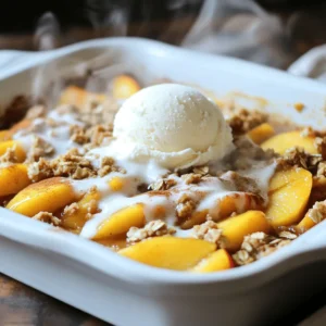 For this easy peach crisp, you need 4 cups of fresh peaches. Choose ripe peaches for the best flavor. Peel and slice them before using. Fresh peaches bring sweetness and juiciness to your dish. Gather the following dry ingredients: - 1 cup rolled oats - 1/2 cup all-purpose flour - 1/2 cup brown sugar - 1/4 cup granulated sugar - 1 teaspoon cinnamon - 1/2 teaspoon nutmeg - 1/4 teaspoon salt These ingredients create a crunchy topping that contrasts with the soft peaches. The oats and flour bind together with the sugars for a sweet, crisp finish. You can customize your peach crisp with some optional add-ons: - Vanilla ice cream for serving Serving the crisp with vanilla ice cream adds creaminess that pairs well with warm peaches. It’s a simple way to elevate your dessert. For the complete recipe, check the Full Recipe section above! First, you need to preheat your oven to 350°F (175°C). This step is key for even baking. While the oven warms up, grab a 9x13 inch baking dish. Grease it lightly to prevent sticking. Now, take your fresh, sliced peaches. In a large bowl, mix the peaches with 2 tablespoons of granulated sugar and 1 teaspoon of vanilla extract. Toss gently to coat. Spread this peach mix evenly in the bottom of your greased baking dish. In a different bowl, combine the dry ingredients. Add 1 cup of rolled oats, 1/2 cup of all-purpose flour, 1/2 cup of brown sugar, 1/4 cup of granulated sugar, 1 teaspoon of cinnamon, 1/2 teaspoon of nutmeg, and 1/4 teaspoon of salt. Mix well until everything blends. Pour in 1/2 cup of melted unsalted butter and stir until crumbly. Evenly sprinkle the topping over the peach mixture. Place the dish in your preheated oven. Bake for 30-35 minutes. The topping should turn golden brown and the peaches should bubble. Let it cool slightly before serving. For a treat, serve it warm with a scoop of vanilla ice cream. For the complete recipe, check out the Full Recipe section. For the best peach crisp, you need ripe peaches. Look for peaches that are soft but not mushy. They should have a sweet smell and a slight give when you gently press them. If they are too hard, they won’t be sweet enough. If they are too soft, they may turn to mush when baked. When you slice them, the flesh should be juicy and vibrant. A great topping makes your peach crisp special. Mix oats, flour, and sugars well. This mix gives you a crunchy texture. Use cold, melted butter to keep the topping crumbly. Don’t over-mix; you want to see some oats and flour. Adding spices like cinnamon and nutmeg boosts the flavor. For extra crunch, toss in nuts. Serve your peach crisp warm for the best taste. A scoop of vanilla ice cream on top adds creaminess. You can also sprinkle some cinnamon for a touch of spice. This dish is perfect for gatherings or cozy nights at home. For a twist, try it with whipped cream or yogurt. Enjoy your delicious creation! For the full recipe, check the earlier section. {{image_2}} You can easily elevate your peach crisp with nuts or seeds. Add 1/2 cup of chopped nuts like walnuts or pecans. You can also try seeds like pumpkin or sunflower. These add crunch and flavor to your dessert. Mix them into the oat topping for a great texture. If you need a gluten-free option, swap the all-purpose flour for almond flour or oat flour. Both work well in this recipe. Check your oats to ensure they are labeled gluten-free. This way, you can still enjoy the crisp without any gluten. Peaches are amazing, but you can mix it up! Try using apples or berries instead. Apples give a tart flavor, while berries add sweetness. You can even combine fruits for a fun twist. Experiment with what you have on hand for a unique dessert each time. For the full recipe, check out the Sweet and Simple Peach Crisp. After you make the easy peach crisp, let it cool completely. Then, cover it with plastic wrap or aluminum foil. You can store it in the fridge for up to three days. When you want to enjoy it again, just take it out and check if it's still fresh. If you want to save some for later, freezing is a great option. Allow the peach crisp to cool down first. Then, slice it into portions and wrap each piece in plastic wrap. Place the wrapped pieces in a freezer-safe bag. You can keep them in the freezer for about three months. To eat, just thaw it in the fridge overnight. To reheat your peach crisp, use the oven for the best results. Preheat the oven to 350°F (175°C). Place the crisp in a baking dish and cover it with foil. Heat for about 15-20 minutes or until it is warm throughout. If you want a crispy top, remove the foil for the last 5 minutes. Enjoy it warm, maybe with some vanilla ice cream. For the full recipe, check out the earlier section! Yes, you can use frozen peaches! Just thaw them and drain excess juice. This keeps your crisp from getting too soggy. Frozen peaches work well if fresh ones are not in season. Look for a golden brown topping and bubbling juices. The crisp should smell sweet and inviting. Bake for 30-35 minutes at 350°F (175°C) for the best results. Yes, you can prepare the peach mixture and topping ahead. Store them separately in the fridge. When ready, assemble and bake. This saves time and makes serving easy. You can use coconut oil or margarine as a butter alternative. Both will give your crisp a nice texture. Just melt them before mixing with your dry ingredients. This blog post covered how to make a delicious peach crisp. You learned about choosing fresh peaches, mixing dry ingredients, and adding fun extras. The step-by-step guide made baking simple. Tips on picking ripe peaches and serving ideas will help you shine in the kitchen. Remember, you can switch up ingredients for different flavors. Store your crisp properly to enjoy later. Baking this treat is easy and fun! Enjoy sharing it with friends and family. Your peach crisp will be a hit!