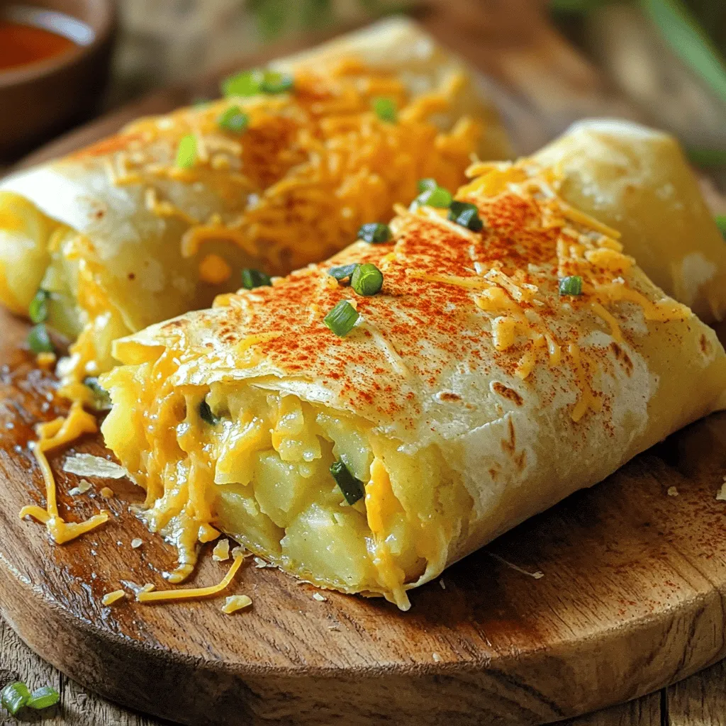 Here’s what you need to make cheesy potato burritos that everyone will love. Gather these simple ingredients: - 4 medium potatoes, peeled and diced - 1 cup shredded cheddar cheese - 1/2 cup sour cream - 1/4 cup green onions, chopped - 1 teaspoon garlic powder - 1 teaspoon paprika - Salt and pepper to taste - 4 large flour tortillas - 1 cup black beans, rinsed and drained - 1 tablespoon olive oil - Optional: hot sauce for serving These ingredients combine to create a filling and tasty meal. Each item adds its own flavor and texture. The potatoes provide creaminess, while the cheese melts beautifully. The black beans add protein, making this dish satisfying. You can customize with hot sauce to add some heat if you like! If you want the full recipe, check out the details later in this article. - Boil diced potatoes in salted water until fork-tender. - Drain and cool slightly before mixing. - Mash the potatoes until smooth in a large bowl. - Add cheese, sour cream, and spices to the bowl. - Mix until smooth and creamy. - Lay a tortilla flat on your workspace. - Place a scoop of the potato mixture in the center. - Add a tablespoon of black beans on top. - Fold the sides of the tortilla over the filling. - Roll tightly from the bottom up to seal the filling. - Heat a skillet over medium heat with olive oil. - Grill the burritos for 2-3 minutes on each side. - Serve warm and drizzled with hot sauce if you like. For the complete process, check the Full Recipe. To make the best cheesy potato burritos, I suggest using Yukon Gold potatoes. They are creamy and smooth. You can adjust the seasoning based on your taste. Try adding more salt, pepper, or even a pinch of chili powder. Warm your tortillas for a few seconds in a pan or the microwave. This helps them stay soft and flexible. I like to use a spatula when assembling the burritos. It makes the process easier and keeps your hands clean. These burritos taste great with salsa or guacamole. You can also offer toppings like diced tomatoes, fresh cilantro, or sliced jalapeños. Let your guests customize their own burritos for extra fun. Enjoy these ideas while making your cheesy potato burritos! For the full recipe, check out the earlier sections. {{image_2}} You can easily switch up the beans in this recipe. Use pinto beans instead of black beans. Pinto beans add a creamy texture and mild flavor. You can also add sautéed vegetables like bell peppers and zucchini. This adds color and nutrients to your burrito. If you want a heartier meal, add cooked chorizo or chicken. Both options bring a rich taste to the burritos. For cheese, try Monterey Jack or pepper jack. These cheeses melt beautifully and add a nice kick. Want to spice things up? Add spices like cumin or smoked paprika. These spices give your burritos a warm, earthy flavor. Fresh herbs like cilantro can brighten up the dish. They add a fresh taste that complements the cheese and potatoes perfectly. Explore the Full Recipe for more ideas and combinations! Store your Cheesy Potato Burritos in airtight containers in the fridge. They taste best within 3-4 days. After that, they may lose some flavor and texture. For a quick meal, microwave the burritos for 1-2 minutes. If you prefer a crispy texture, reheat them in a skillet over medium heat. This method keeps the outside crunchy while the inside stays warm. Wrap each burrito tightly in plastic wrap. Place them in a freezer-safe bag. These burritos can be frozen for up to 2 months. When ready to enjoy, thaw overnight in the fridge before reheating. [Full Recipe] Yes, you can prepare the filling in advance and assemble when ready to eat. This makes meal prep easy and fun. I often make the filling a day before. It saves time and enhances the flavors. Just store it in the fridge until you're ready to roll those burritos. Use gluten-free tortillas for a gluten-free option. Many stores sell these. Just check the label to be sure. This way, everyone can enjoy these tasty burritos without worry. Consider sides like Mexican rice and a fresh salad. They pair well with the creamy burritos. You can also offer salsa or guacamole for some extra flavor. These sides make your meal more colorful and satisfying. Add jalapeños or hot sauce to the filling for extra heat. This gives a nice kick to the dish. You can mix in diced jalapeños or drizzle hot sauce on top. Adjust the spice level to your taste for a perfect bite. Wrap individually in foil and place in a freezer bag for optimal preservation. This keeps them fresh and tasty. When you're ready to eat, just reheat them in the oven or microwave. Enjoy your quick and easy meal! These cheesy potato burritos are simple and tasty. We boiled potatoes, mixed them with cheese and spices, and wrapped them in tortillas. You can also add your favorite beans or proteins for more flavor. Remember, you can customize these burritos to fit your taste. Enjoy them fresh, or store for later. Mix and match ingredients and serve with your favorite dips. Dive into this delicious meal anytime!