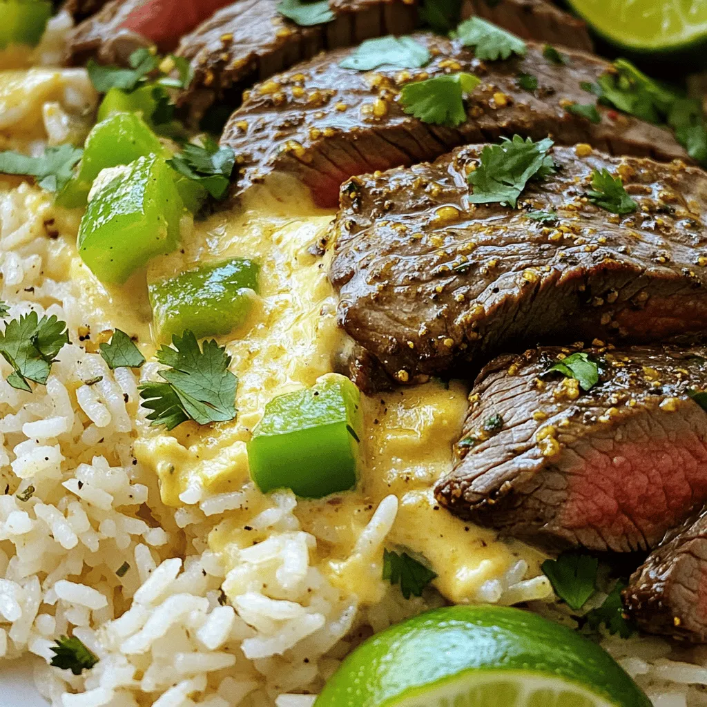 - 1 lb flank steak - 1 cup long-grain white rice - 2 cups beef broth - 1 cup queso blanco cheese, shredded - 1 medium onion, diced - 2 cloves garlic, minced - 1 green bell pepper, diced - 1 teaspoon cumin - 1 teaspoon smoked paprika - 1 tablespoon olive oil - Salt and pepper to taste - Fresh cilantro, for garnish - Lime wedges, for serving Gather these ingredients before you start cooking. The flank steak adds rich flavor to the dish. Long-grain white rice gives a nice texture. Beef broth enhances the taste of the rice. Queso blanco cheese brings creaminess. Don't forget the veggies! Onion, garlic, and green bell pepper add color and taste. Cumin and smoked paprika give depth to your dish. Olive oil helps to sauté the vegetables. Use salt and pepper to adjust the flavor to your liking. Fresh cilantro makes a nice garnish. Lime wedges add a zesty touch when serving. For more details, check the Full Recipe. First, you need to marinate the flank steak. Mix cumin, smoked paprika, salt, and pepper in a bowl. Rub this mix all over the steak. Let it rest for at least 15 minutes. This step boosts the flavors. For cooking, you can use a skillet or grill. Heat olive oil in a large skillet over medium-high heat. Cook the steak for 4-5 minutes on each side for medium-rare. Adjust time for your desired doneness. After cooking, take the steak out and let it rest for 5 minutes. This helps keep it juicy. Slice it thinly against the grain for the best texture. In the same skillet, add diced onion and green bell pepper. Sauté these for 3-4 minutes until they soften. Then add minced garlic and cook for 1 more minute. This step builds a great base flavor. Next, stir in the long-grain white rice. Toast the rice for about 2 minutes to bring out its nutty flavor. Pour in the beef broth and bring it to a boil. Cover the skillet, lower the heat, and let it simmer for 18-20 minutes. The rice will soak up all the broth and become tender. Once the rice is cooked, it's time to add the queso. Stir in the shredded queso blanco cheese. This makes the dish creamy and rich. Mix well until the cheese melts completely. Taste the rice and add salt and pepper as needed. Now, spoon the cheesy rice onto plates. Top with the sliced steak. Garnish with fresh cilantro and serve with lime wedges. This dish is now ready to enjoy! For the full recipe, refer to the earlier section. - Best cooking temperatures: Cook flank steak at medium-high heat. Aim for 130°F for medium-rare. Use a meat thermometer for accuracy. - Resting tips for optimal juiciness: Let your steak rest for 5 minutes after cooking. This helps the juices stay inside the meat. - Optional spices or ingredients: Try adding chili powder or garlic powder for a kick. Fresh herbs like oregano can also add a nice touch. - Pairing suggestions with side dishes: Serve with a fresh salad or roasted vegetables. They balance the rich, cheesy flavors of the dish. - Ensuring the right texture: Add the queso blanco cheese to the warm rice. Stir until it melts smoothly, creating a creamy texture. - Alternatives for queso blanco: You can use cheddar or Monterey Jack cheese for a different flavor. These cheeses melt well and add a nice taste. {{image_2}} For a meatless take on this dish, you can substitute the flank steak with grilled portobello mushrooms or marinated tofu. Both options provide a hearty base and soak up flavors well. When it comes to cheese, you can use a creamy cashew cheese or a rich cheddar for a similar taste. These substitutes allow you to enjoy the cheesy goodness without the meat. If you like heat, consider adding jalapeños or a splash of hot sauce. This gives the dish a lively kick. For more depth, you can mix in chorizo or spicy sausage. Cook the sausage first to get that rich flavor, then add it when you mix in the rice. This makes the dish bold and exciting. You can switch out long-grain white rice for brown rice or quinoa. Each grain has its own cooking time. For brown rice, increase the liquid to 2 ½ cups and cook for about 40-45 minutes. For quinoa, use 1 ½ cups of broth and cook for around 15 minutes. Each option offers unique flavors and textures. To keep your Steak & Queso Rice fresh, use airtight containers. Glass or plastic containers work well. Store it in the fridge for up to three days. This way, you can enjoy it later without losing flavor. When you are ready to eat, the best way to reheat is on the stove. Place the rice in a skillet over low heat. Add a splash of beef broth to keep it moist. Stir gently until it warms through. This method keeps the dish tasty and creamy. If you want to save some for later, freezing is a great option. Place portions in freezer-safe bags. Remove as much air as possible before sealing. Your dish can stay good for up to three months in the freezer. When you are ready to eat, thaw it in the fridge overnight. Reheat it on the stove as mentioned above. This way, you retain all the yummy flavors from your Steak & Queso Rice. To cook flank steak tenderly, start by marinating it. A simple mix of oil, vinegar, and spices helps. Use cumin and smoked paprika for great flavor. Let it marinate for at least 15 minutes. This step adds moisture and taste. When cooking, use high heat. Heat oil in a skillet until hot. Cook the steak for about 4-5 minutes on each side. This keeps it juicy. After cooking, let it rest for 5 minutes. This helps the juices stay in the meat when you slice it. Yes, you can use other cheeses. Cheddar adds a sharp bite. Monterey Jack gives a smooth texture. Cream cheese can make the dish extra creamy. Just make sure to melt it well for a smooth mix in the rice. Several sides work well with Steak & Queso Rice. A fresh salad adds crunch. Guacamole brings a creamy element. You can also serve black beans for protein. Corn on the cob is a fun, sweet option. These sides make the meal feel complete. Yes, you can make this dish ahead. Cook the steak and rice, then store them separately. Keep them in airtight containers. They last for about 3-4 days in the fridge. When ready to eat, just reheat them in a skillet or microwave. Add fresh cheese before serving for that creamy touch. This recipe serves about four people. Each serving has around 500 calories. It includes protein from the steak and cheese. The rice provides carbs for energy. You also get vitamins from the vegetables. This meal is balanced and satisfying. For a more detailed breakdown, check the Full Recipe for exact nutrition facts. This blog post covered a tasty recipe for steak and queso rice. We discussed ingredients like flank steak, rice, and cheese. We walked through cooking the steak and rice, plus how to make it creamy. I shared tips for perfecting the steak and enhancing flavors. You learned about vegetarian and spicy twists, too. Finally, we covered storing and reheating leftovers. I hope you feel ready to cook this dish and enjoy it with your loved ones. Get started and share your delicious results!