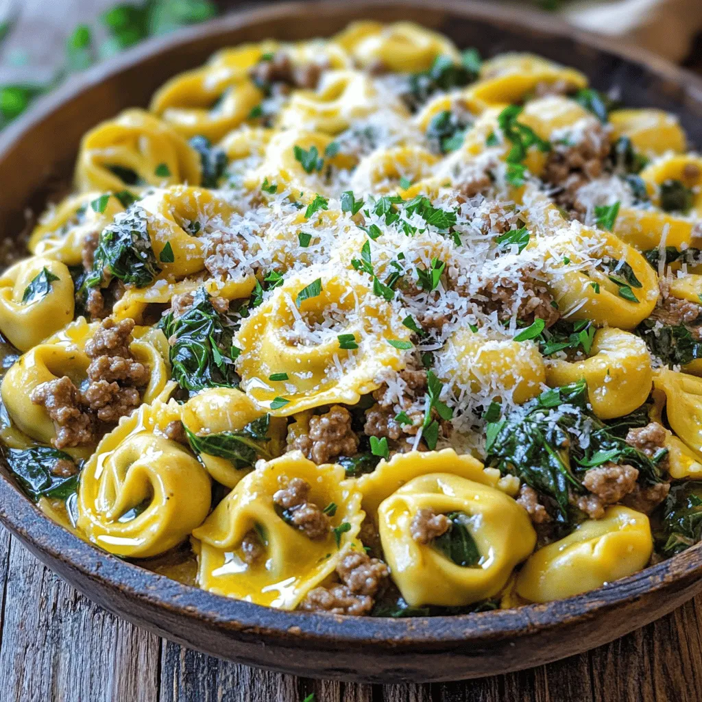 - 12 oz cheese tortellini - 1 lb ground beef - 4 cloves garlic, minced Cheese tortellini adds creaminess to the dish. It cooks quickly and pairs well with beef. Ground beef brings rich flavor and protein. Fresh garlic gives a strong, aromatic taste that makes this dish shine. - 4 tablespoons unsalted butter - 6 oz fresh spinach - 1/2 teaspoon red pepper flakes (optional) - 1 teaspoon Italian seasoning - Salt and pepper, to taste Unsalted butter creates a smooth sauce. Fresh spinach adds a pop of color and nutrients. Red pepper flakes bring a bit of heat, but they are optional. Italian seasoning ties all flavors together. Use salt and pepper to enhance the taste. - Grated Parmesan cheese - Fresh parsley Grated Parmesan cheese adds a salty touch. Fresh parsley not only looks nice but also adds freshness. Both components elevate the dish, making it perfect for serving. For the full recipe, check the details above. Start with a large pot. Fill it with water and add salt. Bring the water to a boil. Once the water bubbles, add the cheese tortellini. Cook them for about 3-5 minutes. Watch for them to float; that means they are ready. Drain the tortellini and set them aside. In a large skillet, heat over medium. Add the ground beef to the skillet. Cook it for 5-7 minutes until it turns brown. Use a spatula to break it into small pieces. If there is a lot of grease, you should drain it. This keeps your dish from being too greasy. Lower the heat after the beef is cooked. Push the beef to one side of the skillet. On the empty side, add minced garlic and butter. Let the butter melt and mix with the garlic for about 1-2 minutes. The smell will be amazing! Next, add the fresh spinach. Stir it with the garlic butter and beef. Cook for about 2-3 minutes until the spinach wilts. If you like some heat, add red pepper flakes at this stage. With these steps, you’re well on your way to making Garlic Butter Beef and Spinach Tortellini. For the full recipe, check the earlier section. To avoid overcooking the tortellini, watch the clock closely. You want them to float in the water, which means they are done. Remove them right away to keep a nice, chewy texture. If you cook them too long, they can get mushy and lose their shape. For great taste, I suggest using Italian seasoning. It adds a warm, herbal note to the dish. If you like heat, sprinkle in red pepper flakes. You can also use fresh basil or oregano for a garden-fresh flavor. Consider adding sun-dried tomatoes for a sweet touch, or even olives for a briny kick. When serving, place a generous scoop of tortellini in the center of the plate. Top with grated Parmesan cheese for a creamy finish. To impress guests, sprinkle chopped parsley around the dish. You can even add a drizzle of olive oil for shine. Serve with a slice of crusty bread for a complete meal. For the full recipe, check out the detailed instructions and enjoy creating this delightful dish! {{image_2}} You can swap the ground beef for different proteins. Chicken or turkey works great. They both add a lighter taste. If you prefer a plant-based option, use lentils or chickpeas. These options pair well with garlic and butter too. Feel free to add more veggies to your dish. Broccoli, zucchini, or bell peppers brighten the meal. You can also mix in kale or arugula for extra greens. These veggies not only add color but also boost nutrition. Changing the sauce can make this dish even better. Try adding a splash of soy sauce for a savory twist. You might also enjoy a touch of pesto for a fresh flavor. Adding cream can create a rich and smooth sauce. Each option brings a new taste profile to your garlic butter beef and spinach tortellini. For the full recipe, check out the link above. To keep your garlic butter beef and spinach tortellini fresh, use proper containers. Choose airtight containers to prevent air from spoiling the food. Let the dish cool to room temperature before sealing. Store the leftovers in the fridge for up to three days. This keeps the flavors intact and ensures safety. Reheat your tortellini on the stove for the best taste. Place it in a skillet over medium heat. Add a splash of water or broth to prevent it from drying out. Stir gently until heated through. You can also use a microwave if you prefer. Cover the dish loosely with a microwave-safe lid. Heat in short bursts, stirring in between. This method helps maintain the dish’s quality. You can freeze garlic butter beef and spinach tortellini for later use. First, cool the dish completely. Portion it into freezer-safe bags or containers. Squeeze out as much air as possible before sealing. Label the bags with the date. To defrost, place it in the fridge overnight. Reheat it on the stove or microwave. This way, you can enjoy a quick meal anytime. For the full recipe, check the previous sections. Cooking tortellini is quick and easy. It usually takes about 3-5 minutes in boiling water. You will know it's ready when the tortellini floats to the surface. This means they're cooked through. Be sure to check the package for specific times. Overcooking can make them mushy. Yes, you can use frozen tortellini! Just add them directly to boiling water. They might take a minute or two longer to cook. The flavor remains great, and they still taste fresh. This is a perfect time-saver. If you want to swap out ground beef, there are many options. You can use ground turkey or chicken for a lighter meal. If you're vegetarian, consider using lentils or mushrooms. They add good texture and flavor. Each option brings a unique taste to the dish. This blog post highlighted a tasty recipe for cheese tortellini with ground beef. You explored key ingredients, cooking methods, and tips for perfecting the dish. Remember, you can easily swap proteins and add veggies for variety. Final thoughts: Cooking can be fun and rewarding. With these steps, you'll impress anyone. Enjoy your meal!