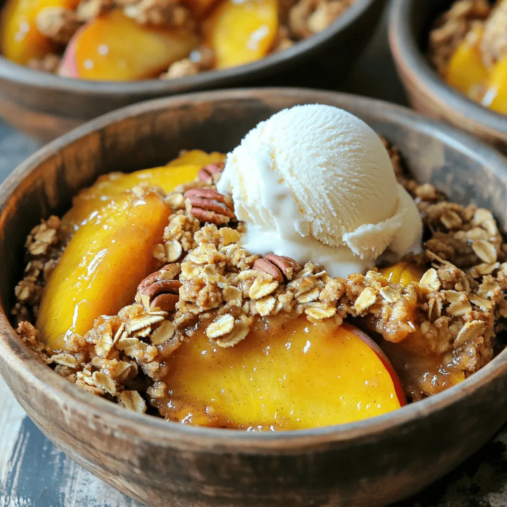 For this peach crisp, you need six ripe peaches. Look for peaches that are soft and fragrant. They should be easy to slice. Pitting them is simple; just cut around the stone and twist to remove it. Slicing the peaches lets their juice flow out, which adds flavor. You will use one cup of brown sugar for sweetness. Split it into two halves of 1/2 cup each. Add one tablespoon of lemon juice to brighten the taste. It helps balance the sweetness. One teaspoon of vanilla extract adds a warm flavor that pairs well with the peaches. The topping makes the crisp special. You need one cup of rolled oats for texture. Half a cup of all-purpose flour helps bind the mix. Use half a cup of melted unsalted butter to give it richness. One teaspoon of ground cinnamon adds a nice spice. Lastly, a pinch of salt (1/4 teaspoon) enhances all the flavors. If you like nuts, add 1/4 cup of chopped pecans for extra crunch. For the full recipe, check out the section below! Start by washing your peaches. Make sure they are ripe for the best flavor. Slice the peaches in half and remove the pit. Then, cut them into thin slices. In a large bowl, mix the sliced peaches with half a cup of brown sugar, lemon juice, and vanilla extract. Toss gently so the peaches get coated. This step adds sweetness and a nice zing from the lemon. In another bowl, combine rolled oats, the remaining half cup of brown sugar, and all-purpose flour. Pour in melted butter, ground cinnamon, and salt. If you like nuts, add chopped pecans. Mix until it looks like loose crumbs. This will create that crunchy topping we love. Preheat your oven to 350°F (175°C). Grease a 9x13-inch baking dish. Spread the peach mixture evenly in the dish. Then, sprinkle the crisp topping over the peaches. Bake for 30 to 35 minutes. You want the topping to be golden brown and the peaches to bubble. Let it cool for about 10 minutes before you serve. Enjoy your peach crisp warm! You can find the full recipe above. Pick ripe peaches for your crisp. Look for fruit with a bright color and a sweet smell. Softness is key; they should give slightly when you press them. Avoid hard or overly soft peaches. The best peaches are juicy and flavorful. Try using a mix of yellow and white peaches for extra taste. To get that crunchy topping, mix your oats with flour, sugar, and butter. Make sure the butter is melted but not hot. This helps the topping clump together. Add a pinch of salt and cinnamon for extra flavor. When baking, look for a golden brown color on top. This means your crisp is ready! Serve your peach crisp warm for the best taste. A scoop of vanilla ice cream on top makes it even better. You can also sprinkle some chopped nuts for crunch. For a fun twist, try adding a drizzle of caramel sauce. Enjoy it fresh from the oven or at room temperature! For the full recipe, check out the Peachy Paradise Crisp section. {{image_2}} You can mix other fruits with peaches. Berries like blueberries or raspberries work well. Apples or pears add a nice crunch too. If you want a tart flavor, try adding cherries. Each fruit brings its own taste. Make sure to adjust the sugar based on the fruit's sweetness. This keeps your peach crisp balanced. You can make this dessert gluten-free easily. Swap all-purpose flour with gluten-free flour. Look for a blend that works well in baking. For oats, ensure they are labeled gluten-free. This helps avoid cross-contamination. Your crisp will still taste great without gluten, and everyone can enjoy it. Nuts add crunch and flavor to your peach crisp. Instead of pecans, try walnuts or almonds. You can chop them up and mix them into the topping. If you prefer no nuts, simply leave them out. The crisp will still be delicious and satisfying. Each nut brings a different taste, so choose your favorite! For the full recipe, check out Peachy Paradise Crisp . After enjoying your peach crisp, let it cool. Once cooled, cover it tightly with plastic wrap. You can also use an airtight container. Store it in the fridge for up to four days. This keeps the crisp fresh and tasty. When you're ready to enjoy leftovers, preheat your oven to 350°F (175°C). Place the peach crisp in an oven-safe dish. Cover it with foil to prevent burning. Heat it for about 15-20 minutes. This warms it well without drying it out. You can also microwave individual portions for about 30 seconds, but the oven gives the best results. You can freeze peach crisp for later! First, let it cool completely. Cut it into portions for easy use. Wrap each piece tightly in plastic wrap. Then, place the wrapped pieces in a freezer bag. Remove as much air as you can. It can stay in the freezer for up to three months. When you're ready to eat, thaw it in the fridge overnight before reheating. Enjoy your homemade treat anytime! For the full recipe, check out the Peachy Paradise Crisp. Yes, you can use frozen peaches. Just thaw them first. Drain any excess juice. This step helps keep your crisp from getting too soggy. Frozen peaches work well when fresh ones are not in season. They still provide great flavor and texture. Your peach crisp is done when the topping is golden brown. The peaches should be bubbly and soft. Bake it for about 30-35 minutes at 350°F (175°C). You can check by inserting a fork into the filling. If it goes in easily, it’s ready! Serve peach crisp warm for the best taste. I love adding a scoop of vanilla ice cream on top. It melts and creates a creamy texture with the hot fruit. You can also sprinkle some cinnamon on top for extra flavor. Enjoy this treat in a bowl to catch any juice! For the full recipe, check out the details above. In this blog post, we explored how to make a delightful peach crisp. We covered the right ingredients, step-by-step instructions, useful tips, and fun variations. Storing your leftovers was also highlighted to keep them fresh. This recipe is simple and great for any occasion. Try it out, and enjoy the mix of flavors and textures. You’ll love making this for family and friends. Happy baking!