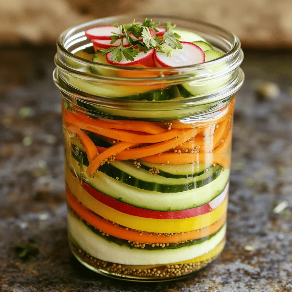 - Sliced cucumbers - Shredded carrots - Thinly sliced red radishes To make quick pickled vegetables, you start with fresh, crunchy veggies. I love using sliced cucumbers for their crispness. Shredded carrots add a sweet touch and bright color. Thinly sliced red radishes bring a peppery bite that wakes up the taste buds. - Mustard seeds - Coriander seeds - Red pepper flakes Adding spices enhances the flavor of your pickles. Mustard seeds give a nice crunch and a tangy taste. Coriander seeds add a warm, earthy note. If you like heat, sprinkle in some red pepper flakes. Adjust the amount to match your spice level. - Apple cider vinegar - Sugar and salt - Garlic The pickling liquid is key to great flavor. I use apple cider vinegar for its fruity acidity. It balances well with sugar and salt, which help to bring out the flavors. Adding smashed garlic infuses a wonderful aroma and depth. This combo creates a bright and tangy liquid that transforms your veggies. For the full recipe, check out the Zesty Quick Pickled Veggies 🥒 section. To start, I combine water and apple cider vinegar in a medium saucepan. This mix forms the base of our pickling liquid. I add one tablespoon of sugar and one tablespoon of salt. I heat the mixture over medium heat. I stir it occasionally until the sugar and salt dissolve completely. This step is key for balance in flavor. Next, I turn up the flavor. I add one teaspoon of mustard seeds, one teaspoon of coriander seeds, two smashed garlic cloves, and one teaspoon of red pepper flakes. This blend brings warmth and depth to the pickles. I bring the mixture to a gentle simmer for about one to two minutes. This helps the spices release their aromas and flavors into the liquid. Now, I prepare my veggies. I slice cucumbers, shred carrots, and thinly slice red radishes and bell peppers. I place all these colorful veggies into a large, heatproof jar or container. Then, I carefully pour the warm pickling liquid over the veggies. I make sure they are fully submerged. If any float, I gently press them down with a spoon. Once done, I let the jar cool to room temperature. After that, I seal it with a lid. For the best taste, I recommend refrigerating the pickles for at least two hours, but overnight is even better. You can find the full recipe here. To make sure your quick pickles turn out great, keep these tips in mind: - Ensuring vegetables are submerged: This is key for even flavor. When you pour the pickling liquid over the veggies, they should be completely covered. If some float, use a spoon to push them down gently. This helps every piece soak up that tangy goodness. - Cooling time for optimal flavor: After you seal the jar, let it cool at room temperature. This step is crucial. It allows the flavors to meld together nicely. For the best taste, chill the pickles in the fridge for at least two hours or overnight. The longer they sit, the better they taste! When serving your quick pickled vegetables, think about how to make them shine: - Presentation ideas for serving: Use a clear glass jar to show off the colors of the pickles. You can sprinkle some fresh herbs on top for a pop of green. This not only looks nice but adds a fresh taste as well. - Pairing with different dishes: Quick pickled veggies are versatile! Serve them with grilled meats for a zesty side. They also brighten up salads, sandwiches, and tacos. You can even add them to charcuterie boards for a fun twist. Want to take your pickles to the next level? Here are some tasty ideas: - Adding herbs or citrus zest: Fresh herbs like dill or cilantro can bring a new layer of flavor. You can also add a bit of lemon or lime zest for a citrusy kick. This adds freshness and enhances the overall taste. - Adjusting spice levels to your preference: If you like heat, feel free to increase the red pepper flakes. You can also experiment with other spices like black pepper or chili powder. Adjust to your liking for the perfect balance! {{image_2}} You can change up the veggies in your quick pickles. Try using radishes for a spicy kick. Zucchini also works great for a mild taste. Green beans add a nice crunch. Asparagus brings a fresh, bright flavor to the mix. These options can change the whole vibe of your pickles. Feel free to use what you have on hand! Switching vinegars can alter the taste. Use rice vinegar instead of apple cider for a sweeter flavor. It also gives your pickles a nice tang. You can also play with spices. Adding dill seeds, black peppercorns, or even ginger can bring new flavors. Get creative and see what you like best! If you need low-sodium options, simply cut back on the salt. You can also leave out the sugar for a sugar-free version. This way, your pickles will still taste great. For vegan diets, all your veggies are plant-based! These pickles fit right into any meal plan. Enjoy them in salads or as a snack. To keep your quick pickled vegetables fresh, choose the right container. Glass jars work best. They let you see the colors and are easy to clean. Make sure your jars have tight lids. This keeps air out and flavors in. After you make your pickles, put them in the fridge. Cold temperatures help keep them crisp and tasty. Quick pickled vegetables last about 1 to 2 weeks in the refrigerator. After that, they may lose their crunch. Look for signs of spoilage. If the pickles become soft or the liquid turns cloudy, it’s time to throw them out. Always trust your senses. If something smells off, it’s better to be safe. You can freeze quick pickled vegetables, but it’s not the best idea. Freezing changes their texture. If you want to freeze them, use freezer-safe bags. Remove as much air as you can to prevent freezer burn. When you want to use them, just thaw in the fridge. They might not be as crunchy, but they will still taste good in cooked dishes. For a full recipe, check out the Zesty Quick Pickled Veggies. Quick pickled vegetables can last about 2 to 4 weeks in the fridge. Keep them in a clean, airtight jar. Make sure to always use clean utensils when serving. This helps avoid bad bacteria. If you see any signs of spoilage, like mold or off smells, it's best to throw them away. Yes, you can use many types of vinegar for pickling. Apple cider vinegar gives a sweet and tangy flavor. White vinegar is sharp and strong. Rice vinegar is mild and slightly sweet. Each type changes the taste of your pickles. Experiment to find your favorite! Quick pickled vegetables add flavor and crunch to many meals. Use them in tacos, sandwiches, or salads. They also pair well with grilled meats or fish. Serve them as a side dish or snack. Their bright colors make any plate more appealing. You can find more ideas in the Full Recipe. Yes, you can add more heat to your pickles. Increase the amount of red pepper flakes in your recipe. You can also add sliced fresh chili peppers. If you love garlic, try adding more smashed cloves. Adjust the spices to your taste for the perfect kick. Quick pickling is a simple way to make tasty vegetables at home. You learned about key ingredients, how to prepare the pickling liquid, and tips for picking various veggies. The right jar and storage can make them last longer. You can enjoy your pickles as a snack or alongside meals. Experimenting with flavors adds fun. Now, you have the tools to create your own quick pickles. Enjoy your cooking and all the crunchy goodness that follows!