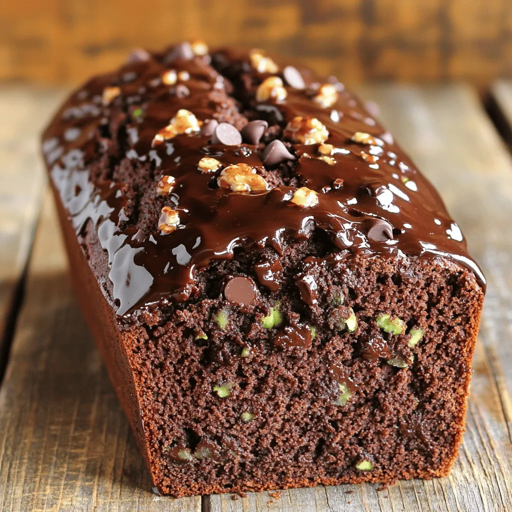 - 1 ½ cups finely grated zucchini - 1 cup all-purpose flour - ½ cup unsweetened cocoa powder You start with zucchini. Grate it finely. This gives moisture and flavor. Use about one medium zucchini. The flour helps hold it all together. Cocoa powder gives a rich, deep chocolate taste. - 1 teaspoon baking soda - ½ teaspoon baking powder - ½ teaspoon salt Baking soda and baking powder make the bread rise. Salt brings out all the flavors. These three ingredients are key for a good texture. - ½ cup granulated sugar - ½ cup brown sugar, packed - ⅓ cup vegetable oil Granulated sugar adds sweetness. Brown sugar brings a hint of caramel flavor. Oil keeps the bread moist and soft. These sweeteners help balance the cocoa taste. This recipe uses simple ingredients. You can find most in your pantry. For the full details, check the Full Recipe. - Preheat your oven to 350°F (175°C). - Prepare the loaf pan by greasing it or lining it with parchment paper. To start, preheating your oven is key. It ensures your bread bakes evenly. Next, grease a 9x5 inch loaf pan. If you use parchment paper, it makes removing the bread easy. - Combine grated zucchini with salt. - Whisk together dry ingredients. In a bowl, mix the grated zucchini with salt. Let it sit for about 10 minutes. This step removes excess moisture. After that, squeeze out the liquid using a clean towel. In another bowl, whisk together the flour, cocoa powder, baking soda, baking powder, and salt until well mixed. This creates a good base for your bread. - Blend sugars with eggs and oil. - Stir in dry ingredients and fold in zucchini and chocolate chips. In a separate bowl, blend granulated sugar, brown sugar, eggs, vegetable oil, and vanilla extract. Mix until smooth and creamy. Slowly add the dry ingredients to this wet mixture. Stir until just combined. Avoid overmixing, as this can make the bread tough. Lastly, fold in the grated zucchini, chocolate chips, and walnuts if you want. This gives your bread a delightful texture and flavor. For the full recipe, refer to the details provided earlier. Enjoy your cooking! Do not overmix your batter. This is key for a soft bread. When you mix too much, you activate the gluten. This can make your bread tough. Stir until just combined for the best results. Bake your chocolate zucchini bread for 50 to 60 minutes. Check for doneness with a toothpick. It should come out clean or with a few moist crumbs. To get rid of excess moisture, squeeze the grated zucchini. After letting it sit with salt for 10 minutes, use a clean towel. Wrap the zucchini and press firmly. This step keeps your bread from being soggy. When choosing zucchini, look for medium-sized ones. They should feel firm and smooth. Smaller zucchinis may have better flavor. Avoid zucchinis with soft spots or wrinkles. You can add spices to boost the taste. A dash of cinnamon or nutmeg works well. You might also try adding a splash of coffee for depth. Other mix-ins can include nuts or dried fruit. This gives your chocolate zucchini bread a fun twist. For the full recipe, you can find it in the previous section. {{image_2}} You can make this chocolate zucchini bread gluten-free with a few simple swaps. Use almond flour or coconut flour instead of all-purpose flour. These flours add a unique flavor and texture. If you use coconut flour, you might need less liquid. Bake for the same time, but check for doneness a bit earlier. To make this recipe vegan, replace the eggs with flax eggs. Mix 1 tablespoon of ground flaxseed with 2.5 tablespoons of water for each egg. Let it sit to thicken. For chocolate, choose dairy-free chocolate chips. Brands like Enjoy Life make great options. You can enhance the flavor of your bread easily. Add a teaspoon of cinnamon or nutmeg for warmth. These spices blend well with chocolate. You can also use dark chocolate or white chocolate chips. Each type gives a different taste and feel to your bread. For a fun twist, try adding orange zest for a bright note. For the full recipe, check the guide above. To keep your chocolate zucchini bread fresh, store it at room temperature. Wrap it in plastic wrap or place it in an airtight container. This method helps maintain its soft texture. It stays fresh for about 3 to 4 days. After that, it may lose its taste and moisture. Freezing is a great option if you have extra bread. First, let the bread cool completely. Then, wrap it tightly in plastic wrap, followed by aluminum foil. This keeps out air and moisture. You can freeze it for up to 3 months. To defrost, place the bread in the fridge overnight or leave it at room temperature for a few hours. To enjoy your bread warm, reheating is key. The best method is to use the oven. Preheat it to 350°F (175°C). Place the bread in the oven for about 10-15 minutes. This keeps the bread moist and makes it taste fresh. You can also microwave individual slices for about 15-20 seconds, but this might make it a bit dry. Yes, you can use frozen zucchini in this recipe. To do this, you need to thaw it first. Place the zucchini in the fridge overnight or use the microwave for quick thawing. Once it’s thawed, drain any liquid. Squeeze the zucchini with a clean towel to remove more moisture. This helps your bread stay fluffy and not too wet. To check if your bread is done, look for a few signs. The top should look set and not wet. You can also do the toothpick test. Insert a toothpick into the center of the bread. If it comes out clean or with a few moist crumbs, it’s done. If it's wet with batter, bake for a few more minutes. You can definitely add nuts or other mix-ins to your chocolate zucchini bread. Chopped walnuts or pecans add a nice crunch. You can also try adding chocolate chips or dried fruits for extra flavor. Just remember to mix them in gently so they spread evenly throughout the batter. This blog post explored how to make a delicious zucchini bread. You learned about the key ingredients, the step-by-step instructions, and helpful tips. We also covered variations to suit your needs, like gluten-free and vegan options. Remember, not overmixing keeps your bread light. Proper storage ensures freshness for days. Now, you can bake with confidence and enjoy this tasty treat. Get creative with flavors and mix-ins to make the recipe your own! Happy baking!