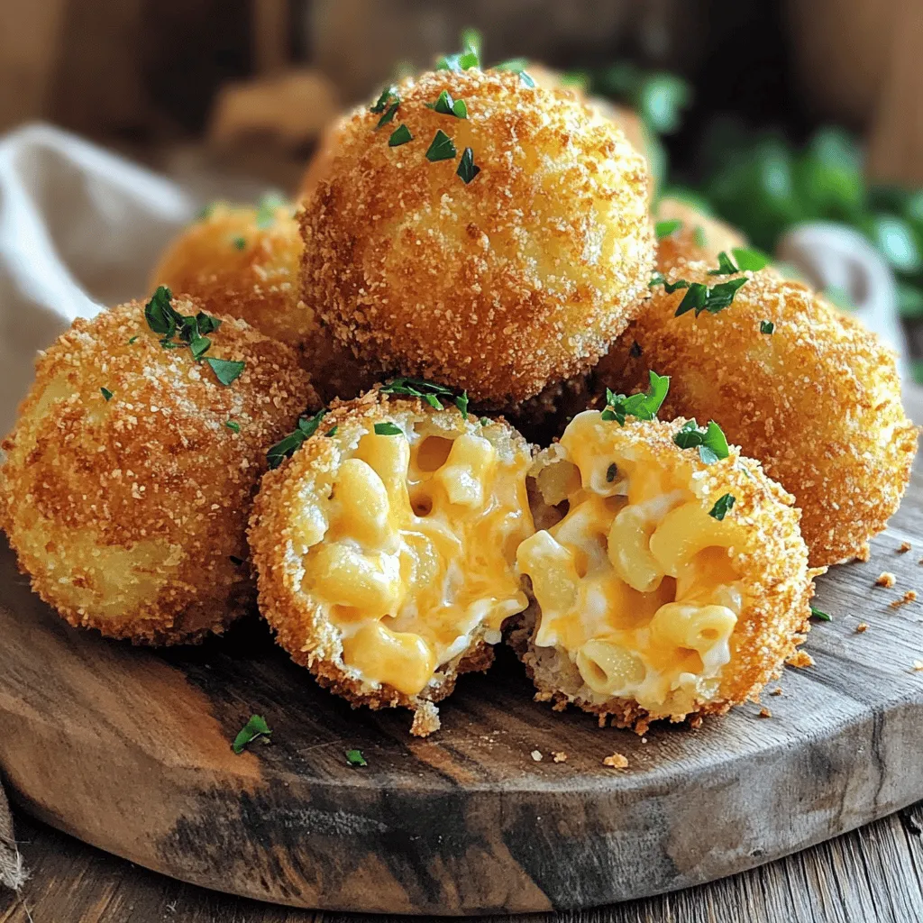 - 2 cups cooked macaroni - 2 cups shredded sharp cheddar cheese - 1/2 cup cream cheese, softened - 1/2 cup grated Parmesan cheese - 1 teaspoon garlic powder - 1/2 teaspoon onion powder - 1/2 teaspoon smoked paprika - Salt and pepper to taste - 2 large eggs - 1 cup all-purpose flour - 2 cups breadcrumbs (Panko for extra crunch) - Oil for frying Gathering the right ingredients is key for crispy fried mac and cheese balls. Start with cooked macaroni. This gives you a sturdy base. Next, sharp cheddar cheese adds a rich flavor. Cream cheese helps bind everything together for that creamy center. Grated Parmesan provides an extra layer of taste. For seasoning, garlic powder, onion powder, and smoked paprika bring warmth and depth. Don’t forget to add salt and pepper to enhance the flavors. Breading is where the magic happens. Eggs create a sticky layer. Flour helps the breadcrumbs cling better. Panko breadcrumbs give that extra crunch we all love. Finally, hot oil is essential for frying. It ensures a crispy outer layer while keeping the inside creamy. With all these ingredients ready, you will create a dish that is truly irresistible. Don’t forget to check the [Full Recipe] for detailed steps and tips! First, gather your cooked macaroni and cheeses. In a large bowl, combine: - 2 cups cooked macaroni - 2 cups shredded sharp cheddar cheese - 1/2 cup cream cheese, softened - 1/2 cup grated Parmesan cheese - 1 teaspoon garlic powder - 1/2 teaspoon onion powder - 1/2 teaspoon smoked paprika - Salt and pepper to taste Mix them well until everything is combined. It should look creamy and cheesy. Next, place the bowl in the fridge. Chill the mixture for at least 1 hour. This helps it firm up, making it easier to shape later. Once the mixture is chilled, it’s time to shape the balls. Scoop about 1 tablespoon of the chilled mix. Roll it in your hands to form a ball. Repeat this until you use all the mixture. Place these balls on a baking sheet. Make sure they are evenly spaced. Now, let's set up a breading station. You will need three bowls for this step: - One with 1 cup all-purpose flour - One with 2 large beaten eggs - One with 2 cups breadcrumbs (use Panko for extra crunch) Take each mac and cheese ball. First, dip it in the flour. Make sure to shake off any excess flour. Next, dip it in the eggs. Finally, roll it in the breadcrumbs. Ensure each ball is fully coated. For frying, heat oil in a deep pan over medium-high heat. Aim for about 350°F (175°C). Carefully add the balls in batches. Do not overcrowd the pan; this prevents them from getting crispy. Fry each batch for about 3-4 minutes. They should turn golden brown and crispy. Once done, place them on a paper towel-lined plate to drain excess oil. Enjoy them fresh and hot with your favorite dipping sauce. For the full recipe, check out the recipe section above. To get that creamy inside, use a mix of cheeses. The sharp cheddar adds great flavor, while cream cheese makes it smooth. Make sure to chill the mixture for at least one hour. This helps the balls hold their shape while frying. For a crispy coating, use Panko breadcrumbs. They create a crunchier texture than regular breadcrumbs. Coat each ball evenly and shake off any extra crumbs. This step is key to achieving that perfect crunch. The best oil for frying is vegetable oil. It has a high smoke point, which helps prevent burning. Make sure to heat the oil to about 350°F (175°C). Use a thermometer to check the temperature. This ensures even cooking and a nice golden color. To maintain oil temperature, fry in small batches. If you add too many balls at once, the oil cools down. This can lead to soggy balls. Fry for about 3 to 4 minutes, or until they’re golden brown. Dipping sauces can elevate your crispy fried mac and cheese balls. Marinara sauce is a classic choice. Ranch dressing also pairs well, adding a creamy touch. For serving, arrange them on a platter while they're hot. This makes them more inviting. You can also sprinkle some herbs on top for a pop of color. Enjoy these delicious bites at parties or as a fun snack! For the full recipe, check out the [Full Recipe]. {{image_2}} You can enhance your mac and cheese balls with different cheeses. Try gouda for a smoky taste or mozzarella for extra stretch. Mixing in cream cheese gives them a rich, creamy texture. Adding herbs can also boost flavor. Fresh parsley or chives can add a nice touch. Try Italian seasonings for a twist. If you want a lighter version, consider baking instead of frying. Baked balls can be just as tasty and crispy, especially if you spray them with oil. You can also use gluten-free breadcrumbs. This option makes them suitable for those with gluten allergies. It keeps the crunch while being healthier. Want to spice things up? Add jalapeños for a kick! They give a nice heat that pairs well with the cheese. For a sweet twist, try making dessert balls. Use sweetened cream cheese and crushed cookies. These sweet variations can surprise your guests and satisfy your sweet tooth. For the full recipe, check the section above! To keep your leftover crispy fried mac and cheese balls fresh, place them in an airtight container. This helps prevent them from drying out. You can store them in the fridge for up to three days. If you want them to last longer, freezing is the way to go. You have two main options for reheating: the oven or the microwave. The oven keeps the crispy texture better. Preheat your oven to 350°F (175°C). Bake the balls for about 10-15 minutes. If you use a microwave, they may get soft. Heat them for about 1-2 minutes, but they might lose crunch. To keep them crispy, you can also use an air fryer. Set it to 350°F and cook for about 5 minutes. If you want to freeze the balls before frying, first shape them and place them on a baking sheet. Make sure they don’t touch each other. Freeze until solid, then transfer them to a freezer bag. They can last up to three months in the freezer. For the best taste, try to fry them while still frozen. This keeps them crispy and delicious. Yes, you can make these ahead of time. You can prepare the mac and cheese mixture and shape it into balls. After that, place the balls on a baking sheet and cover them. Store them in the fridge for up to 24 hours. This way, you can fry them fresh when you are ready to eat. If you want to store them longer, you can freeze them. Just freeze the balls on the baking sheet, then transfer them to a bag. You can fry them straight from the freezer. Panko breadcrumbs are different from regular breadcrumbs in texture. Panko has a larger, flakier shape. This gives your mac and cheese balls a crunchier outside when fried. Regular breadcrumbs are finer and denser. They do not provide the same crispiness. Using Panko can really elevate the dish, making each bite more enjoyable. Look for a golden brown color on the outside. This means they are crispy and ready to eat. If you see bubbles around the balls, that’s a good sign too. You can also check the temperature inside. If it reaches 165°F, they are done. They should be hot and gooey on the inside. Yes, there are easy vegetarian alternatives. You can use plant-based cheese for a dairy-free option. Also, try using vegan cream cheese instead of regular cream cheese. For the breadcrumbs, make sure to choose a brand without animal products. This way, you can enjoy crispy fried mac and cheese balls and keep it vegetarian. For more details, check the Full Recipe. In this blog post, we explored how to make crispy fried mac and cheese balls. We covered the key ingredients, step-by-step instructions, and helpful tips to ensure success. Remember, the right seasoning and frying techniques bring out the best flavors. Don’t hesitate to get creative with different cheeses and add-ins. Whether for a snack or a party, these bites are sure to impress. Enjoy your cooking adventure and savor each crunchy, cheesy bite!