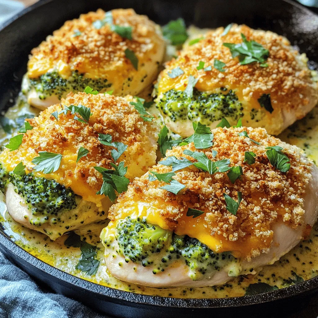 To make Broccoli Cheese Stuffed Chicken, you will need fresh and simple ingredients. Here’s what to gather: - 4 boneless, skinless chicken breasts - 1 cup broccoli florets, blanched - 1 cup shredded cheddar cheese - 1/2 cup cream cheese, softened - 1/4 cup garlic, minced - 1/4 teaspoon black pepper - 1/4 teaspoon salt - 1 tablespoon olive oil - 1/2 cup breadcrumbs (optional for topping) - Fresh parsley for garnish Start by blanching the broccoli florets. This means you should boil them for just a few minutes and then cool them in ice water. This keeps the bright green color and a nice crunch. For cheese, I love using sharp cheddar for its bold flavor. You can also try mild cheddar or a mix of cheeses. Cream cheese adds creaminess and binds everything together. This mix makes every bite creamy and cheesy! By preparing these ingredients, you set yourself up for a tasty meal. You’ll love how easy it is to create this dish with these fresh items. For the full recipe, check the main page. Preparation of chicken breasts Start by preheating your oven to 375°F (190°C). Next, take the chicken breasts and place them on a cutting board. Slice a pocket into each breast. Be careful not to cut all the way through. This pocket will hold the tasty filling. Stuffing each chicken breast In a bowl, combine the blanched broccoli, cheddar cheese, cream cheese, minced garlic, black pepper, and salt. Mix this well. Now, take the filling and stuff it into each chicken breast. Make sure to pack it in tightly. You want each bite to be full of flavor. Cooking instructions in skillet and baking Heat olive oil in a large oven-safe skillet over medium heat. Once the oil is hot, add the stuffed chicken breasts to the skillet. Cook for about 3-4 minutes on each side. Look for a golden brown color. If you want a crunchy topping, sprinkle breadcrumbs on top now. Transfer the skillet to the preheated oven. Bake for 20-25 minutes. The chicken must reach an internal temperature of 165°F (75°C) to be safe. After baking, let the chicken rest for 5 minutes. This helps keep the juices in. Finally, garnish with fresh parsley before serving. For the full recipe, check the earlier section. To make your stuffed chicken perfect, start with the right technique. When you slice the chicken, be gentle. Make a pocket, but don’t cut all the way through. This keeps the filling inside. For a golden crust, heat your skillet well. Use medium heat and add olive oil. Cook each side for 3-4 minutes until it turns brown. You can also sprinkle breadcrumbs on top for a crunchy finish. Seasoning is key. Try adding herbs like thyme or paprika for extra flavor. You can also mix in some hot sauce for a little kick. This will make your dish even more tasty. For the full recipe, check the earlier section. Enjoy cooking! {{image_2}} Customization can make your Broccoli Cheese Stuffed Chicken even better! Here are some fun ideas. You can swap broccoli with other tasty veggies. Spinach works great and adds color. Mushrooms add a nice earthy taste. Feel free to mix and match! Cheddar cheese is classic, but you can try others. Mozzarella melts beautifully and gives a stringy texture. Cream cheese adds creaminess, while feta gives a tangy kick. Experiment to find your favorite! If you need gluten-free options, use crushed gluten-free crackers instead of breadcrumbs. For a low-carb dish, skip the breadcrumbs altogether. You can also try zucchini or eggplant instead of chicken for a veggie twist. These variations can help you create a dish that fits your taste. For more details, check out the Full Recipe for Broccoli Cheese Stuffed Chicken! To keep your broccoli cheese stuffed chicken fresh, use airtight containers. Glass containers work best as they do not retain odors. Plastic containers are also fine, just ensure they are tightly sealed. You can store leftovers in the fridge for three to four days. For longer storage, place them in the freezer. In the freezer, they will stay good for about three months. When you are ready to eat, reheating is key. For the best taste and texture, use an oven. Preheat the oven to 350°F (175°C). Place the chicken in a baking dish and cover it with foil. Heat for about 20 minutes or until it is warmed through. If you're in a hurry, you can use a microwave. Just be careful not to overcook it. Microwave in short bursts, checking often to avoid drying it out. Enjoy your delicious leftovers! For the full recipe, click [Full Recipe]. Can I make this dish ahead of time? Yes, you can prepare Broccoli Cheese Stuffed Chicken in advance. You can stuff the chicken and store it in the fridge for up to 24 hours. This way, you save time on busy days. Just bake it before serving to ensure it's fresh. What can I serve with Broccoli Cheese Stuffed Chicken? This dish pairs well with many sides. Some great options are: - Steamed rice - Mashed potatoes - Roasted vegetables - A fresh garden salad These sides balance the cheesy flavor and add nutrition. How can I tell if the chicken is cooked through? To check if the chicken is fully cooked, use a meat thermometer. The internal temperature should reach 165°F (75°C). If you don't have a thermometer, cut into the chicken. The juices should run clear, and the meat should no longer be pink. Enjoy your meal with confidence! For the full recipe, check out my Cheesy Broccoli Delight Chicken. This article covered how to make delicious Broccoli Cheese Stuffed Chicken. We explored the key ingredients, including specific kinds of cheese and veggie prep. I shared step-by-step instructions to guide your cooking. You learned tips to avoid tears when stuffing the chicken and how to get a perfect crust. I also offered fun variations and storage tips to enjoy leftovers. Final thoughts: This dish is easy to customize. You can try new flavors and ingredients. Enjoy creating your perfect stuffed chicken!