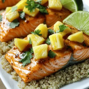 - 4 salmon fillets - 1 cup fresh pineapple, diced - 1/4 cup honey - 2 tablespoons soy sauce - 2 tablespoons olive oil - 2 cloves garlic, minced - 1 teaspoon fresh ginger, grated - Salt and pepper to taste - Fresh cilantro for garnish - Lime wedges for serving When it comes to making honey pineapple salmon, the right ingredients matter. Let’s start with the salmon. I always choose fresh salmon fillets for the best taste. They should be firm and look bright. Next, fresh pineapple brings a sweet and tangy flavor. I love dicing it myself. It adds a burst of freshness. Honey is the next star. It gives a nice glaze and a touch of sweetness. For the savory notes, I use soy sauce. It adds depth and umami. Olive oil keeps everything moist while baking. For seasoning, minced garlic and fresh ginger add bold flavors. Salt and pepper help enhance all these tastes. Finally, fresh cilantro adds a pop of color and flavor. Lime wedges are perfect for squeezing over the dish before serving. This mix of ingredients creates a perfect balance of sweet and savory. You can find the full recipe for these delicious flavors in the Full Recipe section. To start, gather your ingredients. You will need fresh pineapple, honey, soy sauce, olive oil, garlic, and ginger. In a mixing bowl, mix the diced pineapple with the honey. Add the soy sauce, olive oil, minced garlic, and grated ginger. Stir well until everything blends nicely. This marinade gives your salmon a sweet and tangy flavor. Now, take your salmon fillets. Season them with salt and pepper on both sides. This step is key for enhancing the taste. Make sure each fillet gets some love from the seasoning. Once seasoned, place the fillets in a baking dish. Next, pour the marinade over the salmon fillets. Ensure they are well coated. Let the salmon marinate for about 15-20 minutes. This waiting time allows the flavors to soak in. Preheat your oven to 400°F (200°C). After marinating, place the salmon in the oven. Bake for 15-20 minutes. The salmon should be cooked through and flake easily with a fork. Enjoy this simple yet flavorful dish. For the full recipe, refer to the earlier section! Allow the salmon to marinate for at least 15-20 minutes for maximum flavor. This step helps the fish absorb the sweet and tangy notes of the honey and pineapple. The longer it sits, the more tasty the salmon will be. You can even marinate it overnight for deeper flavor. Check salmon doneness by ensuring it flakes easily with a fork. Use a fork to poke the fish gently. If it falls apart, it is ready to eat. If not, let it cook a bit longer. Aim for an internal temperature of 145°F (63°C) for the best texture and taste. Best served over rice or quinoa with extra pineapple. The rice or quinoa soaks up the sauce, making each bite delightful. Add some fresh cilantro on top for a colorful touch. Lime wedges on the side add a zesty kick that brightens the dish. For a full experience, check out the Full Recipe to guide you through every step. {{image_2}} You can swap honey for maple syrup. This change gives the dish a new flavor. Maple syrup adds a nice sweetness. It pairs well with the salmon and pineapple. Try it if you want a twist! Grilling the salmon is a great choice. It adds a smoky flavor that many love. Just preheat your grill and cook the salmon for about 6-8 minutes per side. This method gives the dish a wonderful char. Make sure to watch it closely! Adding more veggies is fun and tasty! Try bell peppers or snap peas in your dish. They bring color and nutrition. Just toss them in with the salmon before baking. This makes the meal more vibrant and healthy. You can mix and match as you like! Store leftovers in an airtight container in the fridge for up to 3 days. This keeps the salmon fresh and safe to eat. Before you put it away, let the salmon cool down. This helps keep the texture nice. When you're ready to enjoy it again, just take it out and check for any strong smells. You can freeze cooked salmon for up to 2 months. To freeze it, wrap it tightly in foil or plastic wrap. This prevents freezer burn. When you want to eat it, defrost the salmon in the fridge overnight. This method keeps the flavor intact. Never refreeze thawed salmon, as it can ruin the taste and texture. To reheat, do it gently in the oven or microwave. If you use the oven, set it to a low temp, around 300°F (150°C). This warms it through without drying it out. In the microwave, use a lower power setting and cover the salmon with a damp paper towel. This helps it stay moist and tasty. Enjoy your honey pineapple salmon just like it was fresh! The salmon should flake easily with a fork and be opaque in color. This means it is fully cooked. If it is still pink in the center, it needs more time. Always check in the thickest part of the fillet for doneness. Yes, but fresh pineapple gives a better texture and flavor. Canned pineapple can be softer and sweeter, which might change the dish's taste. Fresh pineapple adds a nice crunch and bright flavor. Steamed vegetables, rice, or a fresh salad are great options. These sides balance the sweet and savory flavors of the salmon. You can also serve it over quinoa for a healthy twist. Salmon is rich in omega-3 fatty acids and paired with pineapple, it’s a nutritious option. Omega-3s are good for your heart and brain. Pineapple adds vitamins and minerals, making this dish a healthy choice. For more details on the recipe, check the Full Recipe. This blog post showed you how to make honey pineapple salmon. We covered the main ingredients and how to prepare them. You'll marinate the salmon to enhance its taste. Baking brings out the perfect texture, and a few simple tips can help you get it just right. In the end, this dish offers great flavor and healthy benefits. Enjoy making your own honey pineapple salmon!