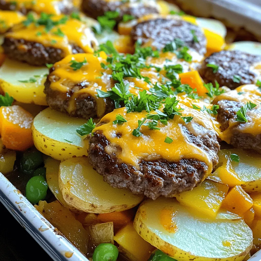Main Ingredients for Amish Hamburger Steak Bake To make this dish, you will need: - 1 pound ground beef - 1 small onion, finely chopped - 2 cloves garlic, minced - 1 teaspoon Worcestershire sauce - Salt and pepper to taste - 2 cups frozen mixed vegetables (carrots, peas, corn) - 4 medium potatoes, peeled and sliced thin - 2 cups beef broth - 1 cup shredded cheddar cheese - 1 tablespoon olive oil - Fresh parsley, chopped (for garnish) These ingredients blend well to create a hearty meal. The ground beef gives the dish its rich flavor. Onions and garlic add depth, while the mixed veggies lend color and nutrition. Potatoes form a comforting base, soaking up the beef broth. Optional Ingredients for Customization You can add or swap some ingredients to suit your taste. Consider: - Mushrooms for an earthy flavor - Bell peppers for extra crunch - Different cheese varieties like mozzarella or pepper jack These optional ingredients let you make the dish your own. Feel free to experiment! Substitutions for Dietary Preferences If you have dietary needs, here are some substitutions: - Use ground turkey or chicken instead of beef for a leaner option. - Swap beef broth with vegetable broth for a vegetarian twist. - Use dairy-free cheese to make it lactose-free. These swaps keep the spirit of the dish while catering to your needs. The Amish Hamburger Steak Bake is flexible, making it a great choice for any family. Preparation of Ground Beef Mixture Start by taking 1 pound of ground beef. In a large bowl, mix it with 1 small onion, chopped finely. Add 2 cloves of minced garlic and 1 teaspoon of Worcestershire sauce. Season with salt and pepper to taste. Mix all ingredients well. Shape the mixture into four equal patties. Searing the Hamburger Patties Heat 1 tablespoon of olive oil in a large skillet over medium-high heat. Once the oil is hot, add the patties. Sear each side for about 3-4 minutes until they turn brown. This gives them a nice crust. After searing, take the patties out and set them aside. Layering the Ingredients in Baking Dish In the same skillet, add 2 cups of frozen mixed vegetables. Sauté them for about 3-4 minutes until they are warmed through. Take a greased 9x13 inch baking dish and layer the potatoes first. Spread the sliced potatoes evenly across the bottom. Next, add the sautéed vegetables on top of the potatoes. Finally, place the browned hamburger patties over the vegetables. Covering and Initial Baking Now, pour 2 cups of beef broth evenly over the entire dish. This will help the potatoes cook well. Cover the dish tightly with aluminum foil. Bake it in the preheated oven at 375°F (190°C) for 45 minutes. Final Touch with Cheddar Cheese After 45 minutes, take off the foil. Sprinkle 1 cup of shredded cheddar cheese on top. Bake it uncovered for another 15 minutes. This will melt the cheese, making it bubbly and golden. Tips for Perfect Cooking To ensure everything cooks evenly, make sure the patties are browned well. Use thinly sliced potatoes for faster cooking. Keep an eye on the cheese while it melts, so it doesn’t burn. Enjoy your delicious Amish Hamburger Steak Bake! For the full recipe, check out the link. Importance of Browning Burger Patties Browning the burger patties adds flavor. This step makes a big difference. Use medium-high heat to get a nice crust. Sear for about 3-4 minutes on each side. This locks in juices and enhances taste. Choosing the Right Potatoes Select starchy potatoes like Russets or Yukon Golds. These types become soft and creamy when baked. Thinly slice the potatoes for even cooking. This ensures they cook through while the meat and veggies bake. Timing for Perfectly Cooked Vegetables Sauté the frozen mixed vegetables before layering. This warms them up and adds flavor. Sauté for 3-4 minutes until heated through. This way, they will not be cold in the final bake. Pairing with Side Dishes Serve your Amish Hamburger Steak Bake with a fresh salad or bread. A crisp green salad adds freshness. Garlic bread or dinner rolls help soak up the delicious juices. Ideal Condiments for Serving Ketchup and mustard are classic choices. You can also offer hot sauce for a kick. For a gourmet touch, serve with a drizzle of balsamic reduction. Presentation Ideas for Guests Garnish with chopped fresh parsley for color. Serve in the baking dish for a rustic look. This makes it feel homey and inviting. {{image_2}} Alternative Protein Options You can easily swap beef for turkey or chicken. Ground turkey works well in this dish. It has a lighter flavor but still gives you that hearty feel. You can also use plant-based crumbles for a meatless option. Vegetarian Adaptation To make this dish vegetarian, omit the beef entirely. Instead, use lentils or mushrooms. They add great texture and flavor. Replace the beef broth with vegetable broth to keep it rich. Flavor Variations with Spices Experiment with spices to change the taste. Try adding paprika for a smoky kick. A pinch of thyme or rosemary can bring in a fresh herb flavor. You can also use Italian seasoning for a different twist. Slow Cooker Version of Amish Hamburger Steak Bake To make this dish in a slow cooker, first brown the patties in a skillet. Then, layer everything into the slow cooker. Add the potatoes, vegetables, and broth. Cook on low for 6 to 8 hours. This method makes the meat tender and flavorful. Instant Pot Method Overview Using an Instant Pot speeds up cooking time. Brown the patties using the sauté function. Then layer ingredients as before. Add broth and secure the lid. Cook on high pressure for about 15 minutes. Let the pressure release naturally for best results. Freezer-Friendly Preparation This dish is great for the freezer. You can prepare it ahead and freeze it before baking. Just wrap it tightly in foil. When ready to enjoy, thaw it overnight in the fridge. Then bake as usual. This is a perfect meal for busy nights. For the full recipe, check the section above. Enjoy your cooking adventure! To store leftovers from your Amish Hamburger Steak Bake, let it cool first. Place the dish in the fridge within two hours of cooking. Use airtight containers for best results. These containers keep the food fresh and reduce odors. You can also use glass containers, which work well for both storage and reheating. - How to Store Leftovers Properly - Cool the dish to room temperature. - Transfer to airtight containers. - Store in the fridge for up to three days. - Recommended Containers for Storage - Glass containers with lids for easy reheating. - Plastic containers that are BPA-free for safety. - Shelf Life and Freezing Tips - This dish lasts for three days in the fridge. - For longer storage, freeze for up to three months. - Wrap the dish tightly in plastic wrap before freezing. To enjoy your leftovers, reheating them properly is key. You want to keep them juicy and flavorful. - Best Methods to Reheat without Drying Out - Use the oven for even heating. - Consider covering the dish with foil to trap moisture. - Microwave vs. Oven Reheating - The microwave is faster but may dry out parts. - The oven takes longer but keeps the dish moist. - Tips for Maintaining Flavor and Texture - Add a splash of beef broth before reheating. - Heat until it reaches 165°F (74°C) for safety. What can I substitute for beef broth? You can use vegetable broth or chicken broth instead. Both options give good flavor. If you want a richer taste, try using a mix of water and soy sauce. Can I prepare Amish Hamburger Steak Bake ahead of time? Yes! You can make it a day before. Just store it in the fridge. Before baking, let it sit at room temperature for about 30 minutes. Is this dish suitable for meal prepping? Absolutely! It stores well and reheats easily. You can make several batches and freeze them. This way, you have a quick meal ready anytime. How do I make Amish Hamburger Steak Bake less salty? To reduce salt, use low-sodium broth. You can also cut back on Worcestershire sauce. Adding more vegetables can help balance the saltiness too. Can I add more vegetables to this recipe? Yes! Feel free to add bell peppers, zucchini, or green beans. Just chop them small, so they cook evenly with the potatoes. What is the history of Amish Hamburger Steak Bake? This dish comes from the Amish tradition of hearty, simple meals. It reflects their love for fresh ingredients and comfort food. Many families enjoy it at gatherings. This blog post covered how to make Amish Hamburger Steak Bake. We discussed key ingredients, preparation steps, and baking tips. I shared storage methods and reheating strategies to keep your dish tasty. Remember, you can modify this recipe to fit your diet and taste. Try different proteins or spices to make it your own. Embrace this classic dish, and enjoy making it for family and friends. Happy cooking!