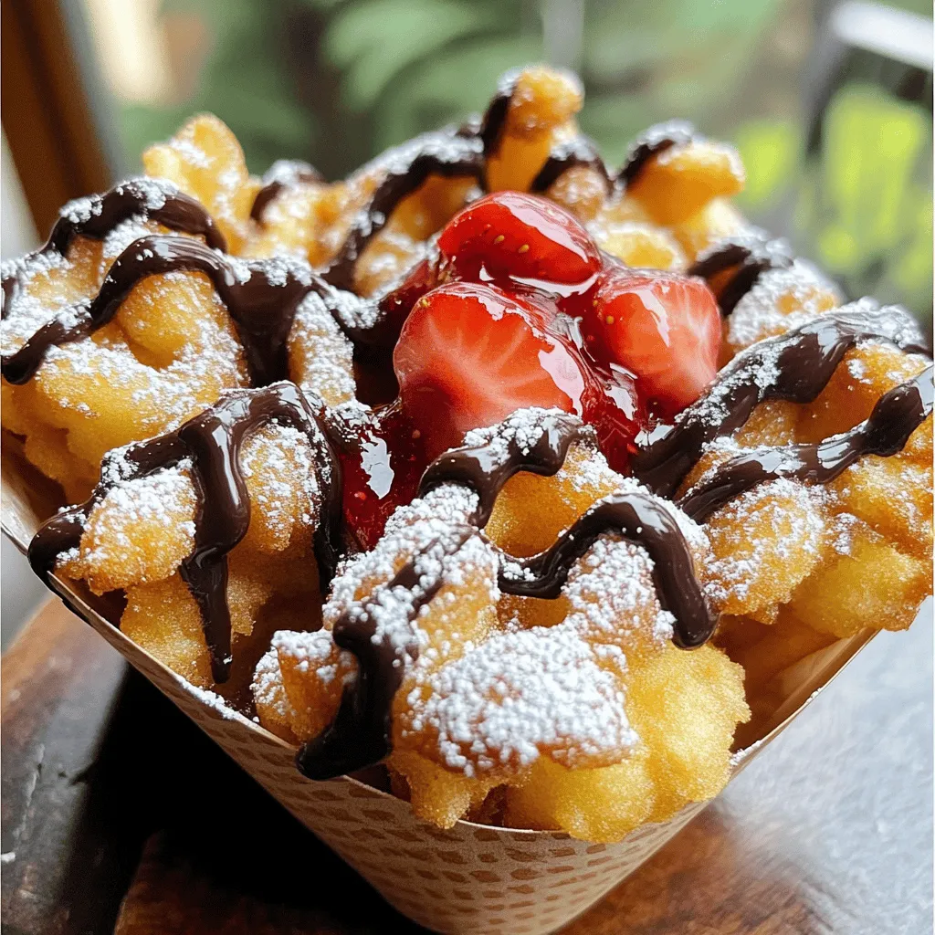To make delicious funnel cake bites, you need a few simple ingredients. These items are easy to find and make the process fun. Here’s what you need: - 1 cup all-purpose flour - 2 tablespoons granulated sugar - 1/2 teaspoon baking powder - 1/4 teaspoon baking soda - 1/4 teaspoon salt - 1 large egg - 1 cup buttermilk - 1 teaspoon vanilla extract - Oil for frying - Powdered sugar for dusting - Optional toppings: chocolate sauce, strawberry jam, or whipped cream These ingredients come together to create a sweet treat. Each one plays an important role. The flour gives structure. The sugar adds sweetness. The baking powder and baking soda help them rise and become light. The egg and buttermilk keep the bites moist and tasty. You can choose your toppings based on what you like. Chocolate sauce is rich and sweet, while strawberry jam adds fruity flavor. Whipped cream is light and fluffy, making it a great choice too. You can mix and match for your own perfect bite! For the full recipe, check out the details above. Enjoy making these funnel cake bites! First, grab a mixing bowl. Sift together the flour, sugar, baking powder, baking soda, and salt. This step helps blend the dry ingredients well. Mixing them well keeps the bites light and fluffy. In another bowl, whisk the egg until it’s smooth. Add in the buttermilk and vanilla extract. Mix these ingredients until they blend nicely. The liquid mix brings moisture to the bites. Now, pour the wet mix into the dry bowl. Stir gently until just combined. You want a few lumps; don’t overmix. This keeps the bites tender and delicious. Heat about 2 inches of oil in a deep pot. Aim for 350°F (175°C). Use a piping bag or a squeeze bottle to drizzle the batter into the hot oil. Make small spirals about 2-3 inches wide. Fry for 1-2 minutes until golden brown, turning halfway for even cooking. After frying, use a slotted spoon to lift the bites from the oil. Place them on a plate lined with paper towels to drain. Dust with powdered sugar and add your favorite toppings. Try chocolate sauce, strawberry jam, or whipped cream for extra fun. Enjoy your funnel cake bites! For the complete recipe, check [Full Recipe]. - Temperature control for perfect bites: Heat the oil to 350°F (175°C). This keeps the bites crispy. If the oil is too hot, they will burn. If it’s too cold, they will soak up oil and become greasy. Use a thermometer for accuracy. - Using the right oil for frying: Choose oils with high smoke points, like vegetable or canola oil. These oils work best for frying because they can handle high heat without burning. To get that light and airy texture, mix your batter gently. Overmixing can make the bites tough. Letting the batter rest for a few minutes helps too. This allows the ingredients to meld. You want a thick but pourable batter. Serve your funnel cake bites warm. Dust them with powdered sugar for a sweet touch. You can also offer toppings like chocolate sauce, strawberry jam, or whipped cream. For a fun twist, try serving them in small paper cones for easy snacking. Add a side of fresh fruit for a burst of flavor. For the full experience, check out the Full Recipe. {{image_2}} Funnel cake bites are fun to make, and you can change them up in many ways. Here are some tasty variations you can try. You can make your funnel cake bites even better with fun toppings. Here are a few ideas: - Chocolate sauce - Strawberry jam - Whipped cream These toppings add sweetness. They also make your bites look pretty. Drizzle chocolate sauce on top for a rich taste. Use strawberry jam for a fruity twist. A dollop of whipped cream adds a creamy finish. You can add more flavor to the batter. Here are some options: - Cinnamon - Nutmeg - Fruit purees Cinnamon gives a warm spice. Nutmeg adds depth. Fruit purees like berry or banana can make your bites fruity and fresh. Mix these into the batter before frying for a new twist. Try serving your funnel cake bites in fun ways. Here are some ideas: - With a scoop of ice cream - With fresh fruit on the side Ice cream makes them a great dessert. Fresh fruit adds a healthy touch. You can even create a mini dessert platter for guests. These ideas make your bites more exciting and delicious. For the full recipe, check out the [Full Recipe]. Enjoy making your funnel cake bites! Store leftover funnel cake bites in an airtight container. Place a paper towel at the bottom to absorb moisture. This helps keep them crispy. You can keep them at room temperature for one day. If you want to keep them longer, move them to the fridge. They stay fresh for up to three days. To reheat your funnel cake bites, use an oven or an air fryer. Preheat the oven to 350°F (175°C). Place the bites in a single layer on a baking sheet. Heat for about five to seven minutes. If using an air fryer, set it to 350°F and heat for three to five minutes. This keeps them crunchy and warm. You can freeze funnel cake bites if you have leftovers. First, let them cool completely. Then, place them in a single layer on a baking sheet. Freeze them for about an hour. Once frozen, transfer them to a freezer bag. They can last for up to three months. When ready to eat, reheat them straight from the freezer. Enjoy your tasty treat anytime! Yes, you can make Funnel Cake Bites in an air fryer. First, prepare the batter as usual. Then, spoon small amounts of batter onto the air fryer basket. Make sure to space them out. Cook them at 350°F for about 8-10 minutes. Keep an eye on them. They will turn golden brown. This method uses less oil, making it a lighter option. To check if the oil is hot enough, use a thermometer. Heat the oil to 350°F (175°C). If you don’t have a thermometer, drop a small piece of batter into the oil. If it bubbles and rises, the oil is ready. If it sinks, let it heat longer. This step is crucial for crispy bites. Funnel cake is a larger, flat cake made by drizzling batter into hot oil. It often looks like a big web. In contrast, Funnel Cake Bites are smaller, bite-sized pieces. They are easier to eat and perfect for sharing. Both have a similar taste but offer different eating experiences. Yes, you can make Funnel Cake Bites gluten-free. Simply swap the all-purpose flour for a gluten-free flour blend. Make sure to check other ingredients too. Some baking powders may contain gluten. This way, everyone can enjoy them, regardless of dietary needs. You can find Funnel Cake Bites at fairs, carnivals, and some festivals. Many food trucks also sell them. If you prefer, you can make them at home with the Full Recipe. This way, you can enjoy them anytime! In this post, we covered how to make tasty funnel cake bites. We started with the ingredients, followed by step-by-step mixing and frying instructions. Then, I shared helpful tips for perfect frying and serving ideas. You can also try fun variations, such as adding different toppings and flavors. Making these bites is easy and fun. Enjoy sharing them with friends and family. Remember, you can always get creative with your toppings and flavors!