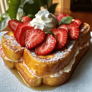 To make this delightful dish, you will need the following ingredients: - 8 slices of thick-cut brioche bread - 8 oz cream cheese, softened - 1/4 cup powdered sugar - 1 teaspoon vanilla extract - 1 cup fresh strawberries, hulled and sliced - 4 large eggs - 1 cup milk - 1 teaspoon cinnamon - 1 tablespoon butter (for frying) - Optional: Additional sliced strawberries and whipped cream for serving Having the right tools makes cooking easier. Here are the tools I recommend: - Mixing bowl - Hand mixer or whisk - Shallow dish - Skillet or griddle - Spatula - Measuring cups and spoons - Knife and cutting board Accurate measurements matter for tasty results. Here are some tips: - Use dry measuring cups for powdered sugar and flour. - Spoon cream cheese lightly into the cup before leveling it off. - Use large eggs for best results. - When measuring milk, check at eye level for accuracy. - Consider using a kitchen scale for precise ingredient amounts. For more cooking details, check the Full Recipe. To make Strawberry Cheesecake Stuffed French Toast, start with the cream cheese filling. In a mixing bowl, mix the softened cream cheese, powdered sugar, and vanilla extract. Use a hand mixer or whisk to blend these until smooth. Next, fold in the sliced strawberries gently. Now, take four slices of thick-cut brioche bread. Spread a thick layer of the strawberry cream cheese mixture on each slice. Top them with another slice of brioche, making a sandwich. In a shallow dish, beat the eggs. Mix in the milk and cinnamon until smooth. Heat a skillet over medium heat and melt a tablespoon of butter. Dip each stuffed sandwich in the egg mixture, making sure to soak both sides lightly. Let any extra drip off. Cook each sandwich in the skillet for 3-4 minutes on each side. They should turn golden brown and cooked through. Repeat with the rest of the sandwiches. Serve warm, and add sliced strawberries and whipped cream on top if you like. For the best cream cheese filling, make sure the cream cheese is soft. You can leave it out at room temperature for about 30 minutes. If you forget, microwave it for 10-15 seconds. Use a hand mixer for a smooth, creamy texture. When mixing in the strawberries, fold them in gently. This keeps the berries whole and adds nice pops of flavor. Adjust the sweetness to your taste. If you want it sweeter, add more powdered sugar. If you want it less sweet, use less. To ensure perfect French toast, use thick slices of brioche or challah bread. They soak up the egg mixture well without falling apart. When cooking, keep the heat at medium. If the pan is too hot, the outside will burn before the inside cooks. Make sure to let excess egg mixture drip off before cooking. This prevents sogginess. If you feel the need for a little extra flavor, sprinkle some cinnamon on top while cooking. It adds a lovely aroma. Follow these steps and tips for a delicious breakfast treat. You can find the Full Recipe for more details. Making French toast can be easy, but mistakes can happen. Here are some common issues to watch for: - Using stale bread: Fresh bread works best. Stale bread absorbs the egg mixture too much. - Not soaking the bread enough: Make sure to soak the bread until it’s slightly soggy but not falling apart. - Cooking at too high heat: This can burn the outside while leaving the inside raw. Keep the heat medium. - Skipping the cinnamon: Cinnamon adds great flavor. Do not skip it! A golden brown color makes your French toast look and taste great. Here’s how to get there: - Use enough butter: Butter gives flavor and helps achieve that golden color. - Don’t overcrowd the pan: Cooking too many at once can reduce the heat. This affects color and texture. - Flip at the right time: Wait until you see a golden color on the bottom before flipping. This usually takes about 3-4 minutes. Serving your Strawberry Cheesecake Stuffed French Toast well can impress anyone. Here are some ideas: - Platter presentation: Arrange the French toast on a large platter. Dust with powdered sugar for a pretty touch. - Add fresh fruit: Use sliced strawberries on top for color and freshness. They make a great visual pop. - Whipped cream on the side: Serve with a dollop of whipped cream. It adds creaminess and sweetness. - Drizzle chocolate or syrup: A light drizzle of chocolate sauce or maple syrup brings extra flavor. For the complete cooking process, check out the Full Recipe. {{image_2}} You can switch up the filling for your stuffed French toast. Instead of cream cheese, try using ricotta or mascarpone. You can mix in berries like blueberries or raspberries for a new flavor. For a chocolate twist, blend in some cocoa powder or mini chocolate chips. You can also experiment with nut butter. Almond or peanut butter adds a rich taste. Use banana slices for a fun and tasty change. If you want a gluten-free option, use gluten-free bread. Many brands offer good choices that work well in French toast. For a vegan version, replace the eggs with flaxseed meal or a banana. Use plant-based milk, like almond or oat milk, in the egg mixture. You can also use vegan cream cheese for the filling. These swaps keep the dish delicious while meeting dietary needs. You can enhance the flavor of your stuffed French toast by adding spices. A sprinkle of nutmeg or cardamom adds warmth and depth. Adding different fruits can change the whole dish. Try peaches, apples, or even mangoes for a yummy twist. You might also add a bit of citrus zest for brightness. These little changes can make your French toast feel fresh and exciting every time you make it. For the full recipe, check out the details above. To keep your leftover strawberry cheesecake stuffed French toast fresh, place it in an airtight container. Make sure it cools down to room temperature first. This helps prevent moisture buildup. Store it in the fridge for up to three days. For best results, keep it separate from toppings like strawberries or whipped cream. When you’re ready to enjoy leftovers, use the oven for the best texture. Preheat your oven to 350°F (175°C). Place the French toast on a baking sheet. Heat for about 10-15 minutes until warm and crispy. You can also use a toaster oven for a quick fix. Just watch it closely to avoid burning. If you want to save some for later, freezing works well. First, let the French toast cool completely. Wrap each piece tightly in plastic wrap. Then, place them in a freezer-safe bag. Label the bag with the date. You can freeze it for up to two months. When you’re ready to eat, thaw in the fridge overnight and reheat as mentioned above. Yes, you can! Prepare the cream cheese filling and the sandwiches the night before. Store them in the fridge. When you're ready to cook, dip the sandwiches in the egg mixture and fry them. This saves time on busy mornings. Thick-cut brioche bread is my favorite for this recipe. It’s soft and sweet. Other good options include challah or Texas toast. These breads soak up the egg mixture well, giving you a rich flavor. To keep your French toast from becoming soggy, don’t soak the bread too long. Dip it in the egg mixture quickly. Also, use a hot skillet to cook the toast fast. This helps create a nice crust that keeps the inside fluffy. You learned how to make Strawberry Cheesecake Stuffed French Toast. We covered key ingredients and helpful tools. I provided step-by-step instructions and tips for a perfect dish. Remember to avoid common mistakes to achieve that golden brown color. We explored tasty variations and storage tips. Now, you can enjoy this delicious treat anytime. Experiment with your favorite flavors and impress your friends and family! This dish is fun to make and enjoy.