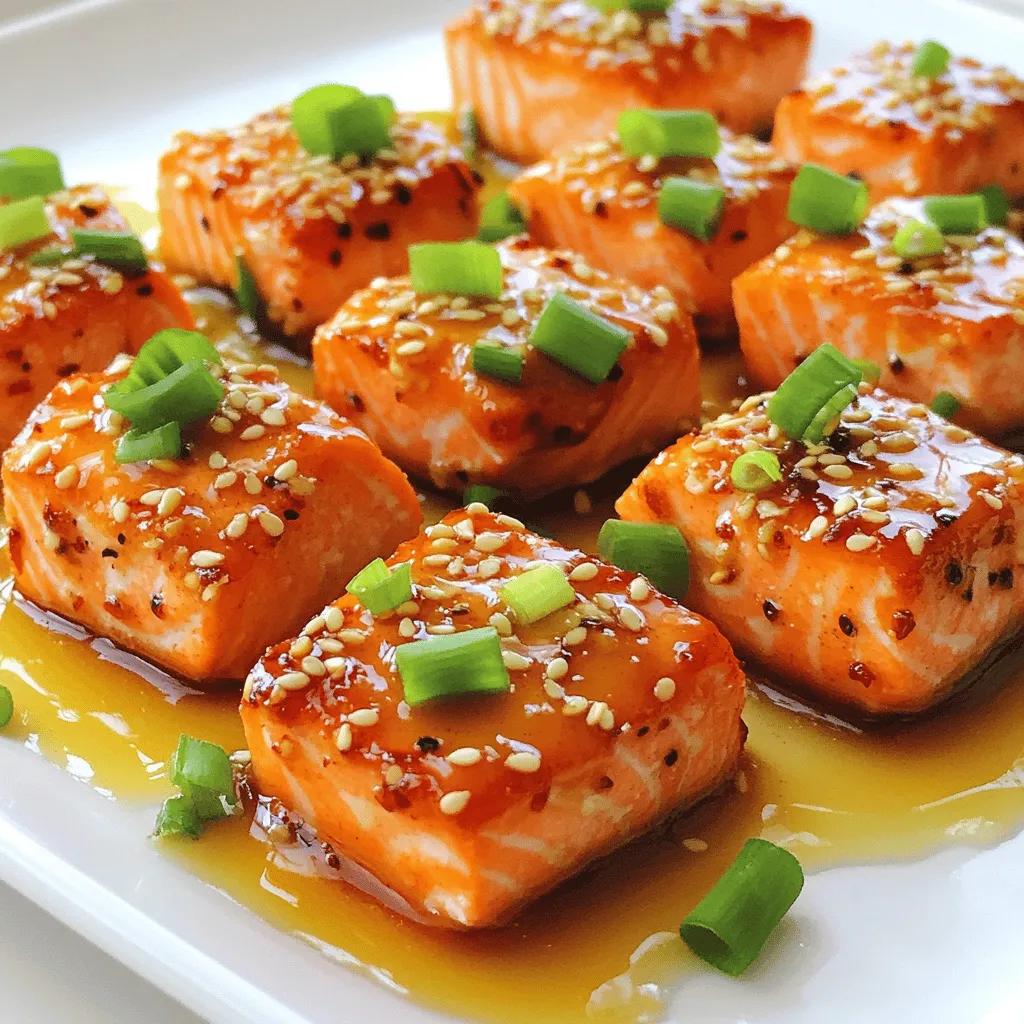 - 1 lb salmon fillet, skin removed and cut into bite-sized cubes - 1/2 cup cornstarch - 1/4 cup honey - 1/2 teaspoon salt - 1/2 teaspoon black pepper - 1/2 teaspoon garlic powder - 1 tablespoon fresh ginger, grated - 2 tablespoons soy sauce (low sodium) - 1 tablespoon sesame oil - 2 garlic cloves, minced - 2 green onions, chopped (for garnish) - Sesame seeds (for garnish) Crispy Honey Garlic Salmon Bites start with fresh salmon. I love using a firm fillet, as it holds its shape well when cooked. The cornstarch gives the bites a crunchy outer layer. Honey adds a sweet touch, balancing the savory flavors. For seasoning, salt and pepper are must-haves. They enhance the natural taste of the salmon. Garlic powder adds a nice depth. Fresh ginger brings a zing that brightens the dish. The sauce is where the real magic happens. Soy sauce gives it a rich umami kick. Sesame oil adds a nutty flavor, while minced garlic rounds everything out. Don't forget to garnish with green onions and sesame seeds for extra texture and color. For the full recipe, check out the instructions provided. You will enjoy making these tasty bites! Coating the salmon bites First, take your salmon fillet and cut it into bite-sized cubes. In a bowl, mix cornstarch, salt, black pepper, and garlic powder. Add the salmon cubes to the bowl. Toss them gently until each piece is fully coated. The cornstarch helps create that crispy texture you want. Making the honey garlic sauce Now, let's make the sauce. In another bowl, whisk together honey, soy sauce, grated ginger, minced garlic, and sesame oil. This sauce will give your salmon bites a delicious flavor. Make sure to blend it well so all the flavors mix together. Heating the skillet Heat a non-stick skillet over medium-high heat. Once it’s hot, add about two tablespoons of oil. You can use vegetable or olive oil. This oil helps the salmon get crispy. Cooking times for crispy texture Carefully place the coated salmon bites in the skillet. Don't overcrowd them; this helps them cook evenly. Cook for about 2-3 minutes on each side. You want them golden brown and crispy. Once done, remove them from the skillet and place them on a paper towel to absorb any extra oil. Tossing in the sauce In the same skillet, pour in your honey garlic sauce. Let it simmer for about 2-3 minutes while stirring. This thickens the sauce and enhances the flavor. Final presentation tips Return the crispy salmon bites to the skillet. Toss them in the sauce until they are well-coated. Cook for one more minute to heat through. Finally, place the honey garlic salmon bites on a serving platter. Garnish with chopped green onions and sesame seeds for that perfect touch. For the full recipe, check out the details above. To get that crispy outside, choose the right oil. I suggest using vegetable oil or canola oil. Both have high smoke points, which means they fry well. Avoid overcrowding the skillet. If you add too many salmon bites at once, they will steam instead of fry. Cook them in batches. This will keep them crispy and golden. You can adjust the sweetness and saltiness of the sauce. If you want it sweeter, add more honey. For a saltier taste, add a little more soy sauce. Taste it as you go! If you need a substitute for soy sauce, try coconut aminos or tamari. Both give a nice flavor without gluten. For side dishes, steamed broccoli or rice works great. These sides complement the salmon bites well. If you have leftovers, try making a salmon salad. Just flake the salmon and mix it with greens and a light dressing. It’s a quick and tasty meal! For the full recipe, check out the Crispy Honey Garlic Salmon Bites section. {{image_2}} You can enjoy crispy honey garlic bites with other proteins. If you want to swap salmon, use chicken or tofu. Both options work well. Chicken gives a hearty flavor, while tofu absorbs the sauce nicely. Shrimp is another great choice. Just peel and devein fresh shrimp. Cook them in the same way as salmon. They will become crispy and flavorful. Each protein brings a unique taste to this dish. Want to spice things up? Add chili sauce to your honey garlic mix. This will give a nice kick. You can adjust the heat level based on your taste. Incorporating vegetables can also enhance flavor. Try bell peppers, snap peas, or carrots. They add color and crunch. Stir them into the sauce or cook them alongside your protein. If you're looking for a gluten-free option, use tamari instead of soy sauce. This simple swap keeps the dish tasty without gluten. For vegetarian adaptations, replace the salmon with eggplant or cauliflower. Both can soak up the honey garlic sauce. They deliver a satisfying, flavorful bite. For the full recipe, check out the details above. To store leftovers, let the salmon bites cool to room temperature. Place them in an airtight container. This helps keep them fresh. Try to use them within 2-3 days for the best taste. Recommended containers include glass or BPA-free plastic. These materials prevent leaks and keep your food safe. Avoid using metal containers, as they can react with the sauce. To freeze salmon bites, first, let them cool completely. Arrange the bites in a single layer on a baking sheet. Freeze them for about 1-2 hours until solid. After that, transfer the bites to a freezer-safe bag. Remove as much air as possible to prevent freezer burn. For reheating, you can bake or pan-fry them. If baking, preheat your oven to 375°F (190°C). Place the bites on a baking sheet and heat for about 10-15 minutes. This method keeps them crispy. If pan-frying, use a little oil in a hot skillet for about 3-5 minutes. Enjoy your crispy honey garlic salmon bites again! For the full recipe, check out [Full Recipe]. To make your salmon bites crispy, follow these key steps: - Use cornstarch: This helps create a nice crust. Toss the salmon in a mix of cornstarch and spices. - Preheat your skillet: Make sure it’s hot before adding the salmon. This sears the outside quickly. - Avoid overcrowding: Cook in batches. If you add too much salmon, it will steam instead of fry. - Use enough oil: This helps achieve that golden brown color. Following these steps will give you perfectly crispy salmon bites every time! Yes, you can make the sauce ahead of time! Here’s how to store it: - Cool it down: Let the sauce reach room temperature first. - Use an airtight container: This keeps flavors fresh and prevents spills. - Refrigerate: The sauce can last for up to a week in the fridge. When you’re ready to use it, just heat it on the stove. It’s simple and saves time! Pair your salmon bites with these tasty sides: - Steamed rice: The simple flavor balances the sauce well. - Roasted vegetables: Broccoli or snap peas add some crunch. - Salad: A fresh green salad can lighten the meal. These options will complete your dinner and make it even more enjoyable! For the full recipe, check out the details above. In this blog post, we covered how to make crispy honey garlic salmon bites step by step. You learned about the essential ingredients, from salmon and cornstarch to soy sauce and sesame oil. We explored key tips for perfect texture and ways to customize your dish. Finally, remember that cooking should be fun and creative. Try different proteins, flavors, and sides. With these techniques, your meals will impress and satisfy. Enjoy your cooking adventure!