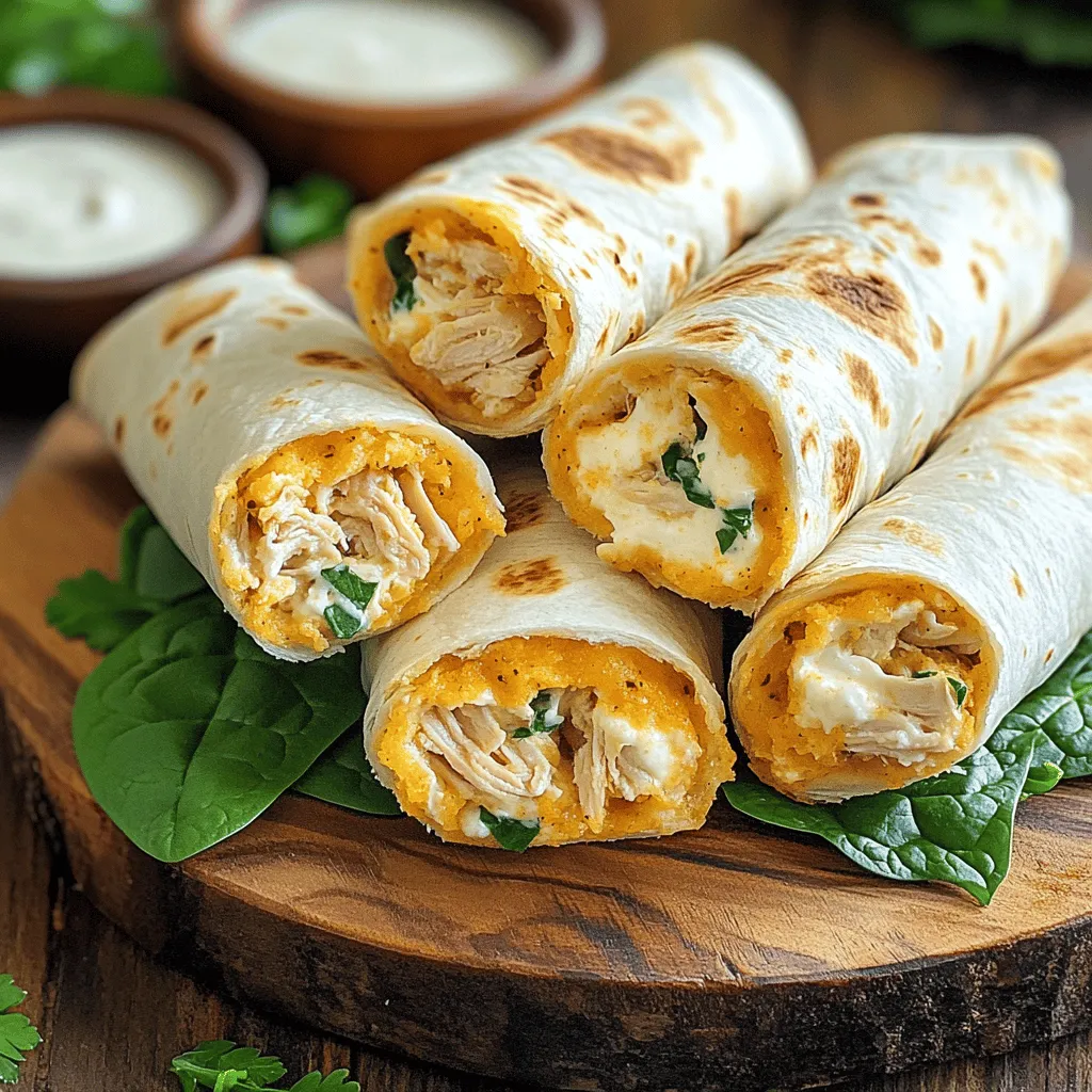 To make cheesy garlic chicken wraps, gather these ingredients: - 2 cups cooked chicken, shredded - 1 cup shredded mozzarella cheese - 1/2 cup cream cheese, softened - 3 cloves garlic, minced - 1 tablespoon olive oil - 1/2 teaspoon garlic powder - 1/2 teaspoon paprika - 4 large flour tortillas - 1 cup fresh spinach leaves - Salt and pepper to taste You can add these ingredients for a twist: - Chopped green onions for a fresh crunch - Sliced jalapeños for some heat - Diced bell peppers for sweetness - A sprinkle of Italian herbs for extra aroma Here’s what you will need to make these wraps: - Large mixing bowl - Non-stick skillet - Spatula or tongs - Measuring cups and spoons - Knife and cutting board These tools will help you create tasty wraps with ease. Check out the Full Recipe for more details on preparation and cooking! Start with a large mixing bowl. You will mix the main filling here. Add 2 cups of shredded chicken. Next, include 1 cup of shredded mozzarella cheese. This cheese gives a nice stretch. Then, add 1/2 cup of softened cream cheese. Cream cheese adds creaminess. Now, include 3 cloves of minced garlic for that strong flavor. Drizzle in 1 tablespoon of olive oil to keep it moist. Sprinkle in 1/2 teaspoon of garlic powder and 1/2 teaspoon of paprika for extra taste. Don’t forget to add salt and pepper to your liking. Mix it all together until smooth and combined. This cheesy chicken mixture is the heart of your wrap. Now, lay a large tortilla flat on a clean surface. Place a handful of fresh spinach leaves in the center. The spinach adds color and freshness. Spoon a generous amount of the cheesy chicken mixture on top of the spinach. Make sure it’s a good scoop! Next, fold the sides of the tortilla in. This keeps all the tasty filling inside. Roll the tortilla tightly from the bottom to the top. Repeat this step with the other tortillas and the rest of the filling. Each wrap should be full and secure. Preheat a non-stick skillet over medium heat. This step is key for a crispy wrap. Once hot, place the wraps seam-side down in the skillet. Cook for about 3-4 minutes on one side. You want them golden brown. Then, flip and cook the other side for the same time. Both sides should be crispy and warm. After cooking, remove the wraps from the skillet. Let them cool for a moment. Then, slice each wrap in half diagonally. The melted cheese will ooze out, making it look delicious. Serve them warm and enjoy! For the full recipe, check out the details above. To get that perfect crunch, heat your skillet well before cooking. A non-stick skillet works best. Make sure you use medium heat. This allows the wraps to brown without burning. Cook each side for about 3-4 minutes. Look for a golden brown color. If you want extra crunch, brush the wraps lightly with olive oil before cooking. This adds flavor and crispiness. Serve these cheesy garlic chicken wraps warm for the best taste. Slice them in half to show off the filling. Arrange them on a nice platter. A sprinkle of fresh parsley makes them look great. You can also add dips like ranch or garlic sauce on the side. These dips enhance the wrap's flavor and make it even more fun to eat. Pair your wraps with simple sides to make a full meal. A fresh salad with mixed greens works well. You can also serve them with crunchy carrot sticks or sliced cucumbers. For something warm, try oven-baked fries or sweet potato wedges. These sides complement the cheesy garlic chicken wraps perfectly. Plus, they add more color and texture to your plate. {{image_2}} You can make a tasty vegetarian version of these wraps. Start by swapping out the chicken for 2 cups of cooked mushrooms or lentils. Mushrooms add a nice umami flavor. Lentils are packed with protein. Use the same cheese and garlic mix. The fresh spinach adds a crisp texture. These wraps stay just as cheesy and delicious. You can enjoy them without any meat. If you like some heat, try spicy cheesy garlic chicken wraps. Add 1 teaspoon of red pepper flakes to the chicken mixture. You can also mix in some diced jalapeños. This adds great flavor and a kick. Use pepper jack cheese instead of mozzarella for extra spice. Serve with a cooling dip like ranch or sour cream. This combo balances the heat and keeps it tasty. For a low-carb option, use lettuce leaves instead of tortillas. Romaine or butter lettuce works well. Simply place the cheesy chicken mix in the center of the leaf. Wrap it like a burrito. This keeps the wrap light and fresh. You can still enjoy all the flavors without the added carbs. It’s a great choice for those watching their carb intake. For the full recipe, check out the details above. To store leftover cheesy garlic chicken wraps, let them cool first. Once cool, wrap each one in plastic wrap or foil. This keeps them fresh. Place the wrapped wraps in an airtight container. Store them in the fridge for up to three days. If you want to eat them later, freezing is a great option. When you're ready to enjoy your wraps again, I suggest reheating them in a skillet. Heat a non-stick skillet over medium heat. Place the wraps seam-side down in the skillet. Cook for about 3-4 minutes on each side. This restores their crispiness and warms them through. You can also use a microwave if you're short on time. Just heat them for 30 seconds to 1 minute. However, the skillet gives the best texture. Freezing wraps is easy and smart for meal prep. After you make the wraps, let them cool completely. Then, wrap each wrap in plastic wrap. Place them in a freezer-safe bag or container. Label them with the date. You can freeze them for up to three months. When you're ready to eat, thaw in the fridge overnight. Then, reheat them in a skillet for the best taste. If you want, you can check out the Full Recipe for more tips. Yes, you can! Feel free to mix and match cheeses. Cheddar and pepper jack add a nice kick. You could also try gouda for a smoky flavor. The key is to use cheese that melts well. This way, your wraps will stay gooey and delicious. You can prepare the chicken mixture a day before. Just store it in the fridge. When you are ready, assemble the wraps. You can also roll them up and keep them wrapped in plastic. Just cook them right before serving. This keeps them fresh and warm. Each wrap has about 400 calories. It contains protein from the chicken and cheese. You also get vitamins from the spinach. The wraps have about 20 grams of fat and 30 grams of carbs. For exact numbers, check the Full Recipe. Nutrition can vary based on the ingredients you choose. You learned how to make cheesy garlic wraps with simple steps and ingredients. We discussed flavors, cooking tips, and storage ideas. I shared variations like spicy and vegetarian options for everyone. Now, you can enjoy tasty wraps that fit your taste and needs. These wraps are easy to make and fun to eat. Try them out and share with friends! Enjoy your cooking adventure!