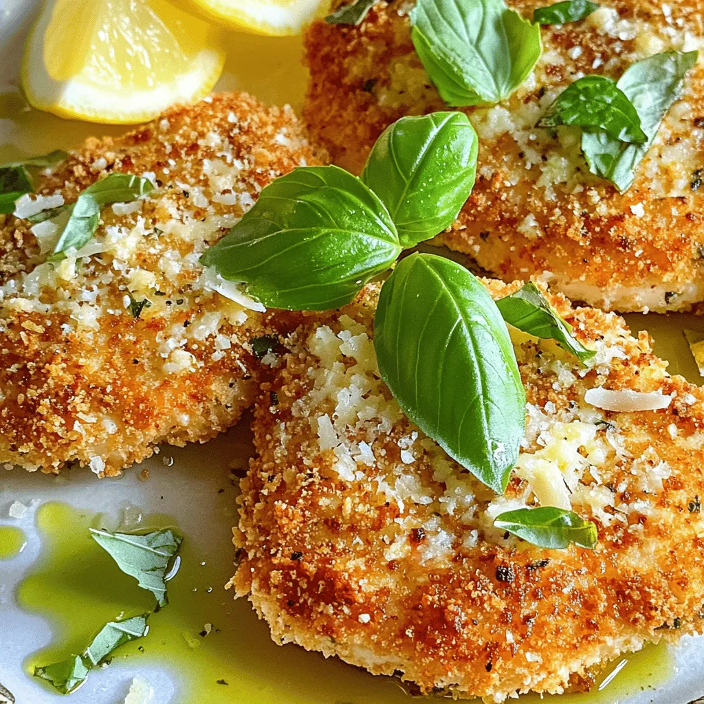 - 4 boneless, skinless chicken breasts - 1 cup fresh basil leaves, chopped - 1/2 cup grated Parmesan cheese - 1 cup breadcrumbs (panko for extra crunch) - 2 large eggs - 1/4 cup all-purpose flour - 2 cloves garlic, minced - 1 teaspoon dried oregano - Salt and pepper to taste - Olive oil, for frying - Lemon wedges, for serving These ingredients create a simple and tasty dish. Fresh basil gives a bright flavor. The chicken stays juicy, while the Parmesan adds richness. Breadcrumbs give a nice crunch. For more detailed steps, be sure to check the Full Recipe. When you gather these items, the fun begins. Use fresh basil for the best taste. Grated cheese melts well and adds a savory touch. Garlic brings a warm aroma. Each ingredient plays a role in the final dish. Cooking with these fresh items makes your meal feel special. It’s easy to make, and you will love the flavors! First, prep the chicken. Place each chicken breast between two sheets of plastic wrap. This helps to keep the mess down. Using a meat mallet or a rolling pin, gently pound the chicken. Aim for an even thickness of about 1/2 inch. This step is key for even cooking. If the chicken is uneven, some parts may cook faster than others. Next, set up your breading stations. You will need three bowls. In the first bowl, mix flour with a pinch of salt and pepper. This adds flavor to the chicken. In the second bowl, crack the eggs and whisk them until smooth. This will help the breadcrumbs stick. In the third bowl, mix breadcrumbs with grated Parmesan cheese, chopped basil, minced garlic, and oregano. This blend gives the cutlets a tasty crust. Now it's time to coat the chicken. Take one cutlet and dip it into the flour, shaking off any extra. Then, dip it into the egg mixture. Make sure it is well-coated. Finally, press it into the breadcrumb mix, so it sticks nicely. Repeat this for all the cutlets. Heat about 1/4 inch deep of olive oil in a large skillet over medium heat. To check if the oil is hot, drop in a piece of breadcrumb. It should sizzle. Carefully add the breaded chicken cutlets to the pan. Cook them for about 4-5 minutes on each side. Look for a golden brown color and ensure they are cooked through. If the pan feels crowded, work in batches to avoid soggy cutlets. These steps will help you make Italian Basil Chicken Cutlets that are crispy and full of flavor. For the full recipe, check the details above. Using fresh herbs like basil makes a big difference. Fresh basil gives a bright taste. You can also add more herbs if you want. Adjust seasoning to your taste. Taste the mixture before breading the chicken. A little extra salt or pepper can really help. Panko breadcrumbs are key for a crunchy finish. They give a light and crispy texture. Be sure to coat the chicken well. The right oil temperature matters too. Heat the oil until it sizzles when you add a breadcrumb. This means it’s hot enough for frying. Garnish your cutlets with more chopped basil for color. A squeeze of lemon adds a nice zing. For side dishes, consider a fresh salad or roasted veggies. These pair well and add balance to the meal. Check the Full Recipe for more details on serving. {{image_2}} You can easily adjust this recipe for different diets. If you want a vegan option, use tofu or tempeh instead of chicken. Marinate it in a mix of soy sauce, lemon juice, and basil for great flavor. For a gluten-free meal, swap regular breadcrumbs for gluten-free panko. You can also use almond flour as a coating. Both options keep the dish tasty and enjoyable. You have choices when it comes to cooking these cutlets. Baking is a great way to make them healthier. Simply preheat your oven to 400°F. Place the breaded cutlets on a baking sheet lined with parchment paper. Bake for 20-25 minutes, flipping halfway through. If you prefer air frying, set your air fryer to 375°F. Cook the cutlets for about 12-15 minutes, flipping them halfway. This method gives you a nice crisp without much oil. Adding different herbs can change the whole dish. Try using parsley, thyme, or even rosemary for a fresh twist. You can also spice things up. Adding red pepper flakes gives your cutlets a kick. For a zesty touch, mix in some lemon zest with the breadcrumbs. These small changes can make a big difference in flavor. To keep your Italian Basil Chicken Cutlets fresh, place them in an airtight container. This helps prevent moisture loss. Store them in the fridge right after they cool down. You can keep them in the fridge for up to three days. The chicken may lose some crispiness over time, but it will still taste great. When reheating, you want to keep that crunch. I recommend using an oven or an air fryer. Preheat your oven to 375°F (190°C). Place the cutlets on a baking sheet and heat for about 10 minutes. Check them halfway through to ensure even heating. If using a microwave, cover the cutlets with a damp paper towel. This helps avoid dryness, but they may not stay crispy. Always check that the chicken is hot in the center before eating. If you want to save some for later, freezing is a good option. Let the cutlets cool completely before freezing. Wrap each cutlet tightly in plastic wrap, then place them in a freezer bag. This prevents freezer burn. You can freeze them for up to three months. When you're ready to eat, thaw them in the fridge overnight. Reheat them using the oven or air fryer for best results. Enjoy your flavorful cutlets anytime! For the full recipe, check out the [Full Recipe]. To boost flavor, use fresh herbs and spices. You can add thyme or rosemary for depth. A pinch of crushed red pepper gives a nice kick. Mix in lemon zest for brightness. You can also try a splash of balsamic vinegar for sweetness. These simple tweaks make a big difference. Yes, you can use chicken thighs. They are juicier and more flavorful. However, they take a bit longer to cook. Chicken breasts are leaner and cook faster. If you want a richer taste, go for thighs. For a lighter meal, stick with breasts. Great sides include roasted veggies or a fresh salad. Garlic mashed potatoes add creaminess. Pasta with olive oil and herbs is another tasty choice. You might also serve it with a slice of crusty bread to soak up juices. These sides balance the dish well. To make this gluten-free, swap out the all-purpose flour for a gluten-free blend. Use gluten-free breadcrumbs instead of regular ones. Many brands offer tasty options. Always check the label to ensure it's certified gluten-free. This way, you can enjoy the dish without worry. In this blog post, we covered how to make delicious Italian Basil Chicken Cutlets. We discussed the key ingredients, preparation steps, and effective frying methods. I shared tips for enhancing flavors and achieving a crispy texture. We also explored storage options and answered common questions. In conclusion, you can create a tasty meal with easy steps and options. Enjoy experimenting with this recipe to make it your own!