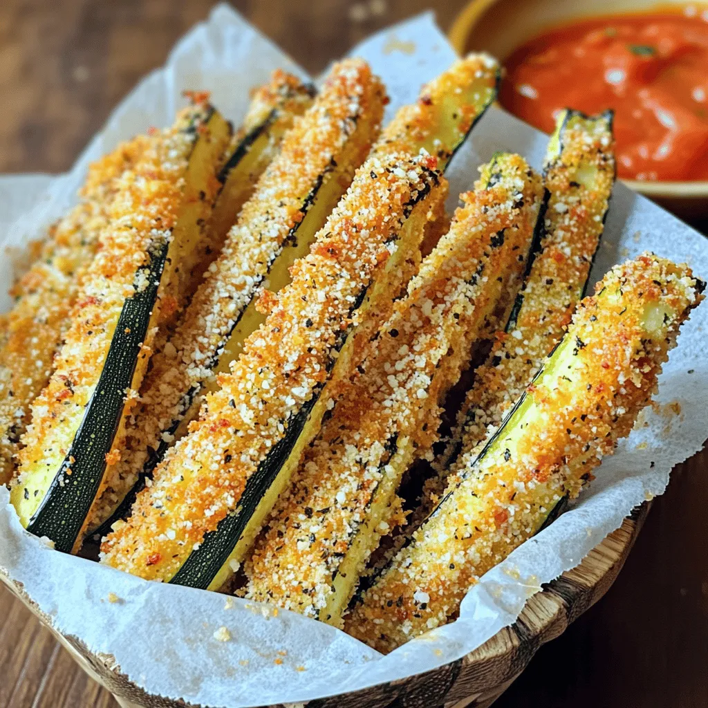 - 2 medium zucchinis - 1 cup almond flour - 1/2 cup grated Parmesan cheese - 2 large eggs - Garlic powder - Onion powder - Dried oregano - Salt and pepper - Olive oil spray - Parchment paper - Baking sheet To make gluten free low carb zucchini fries, you need fresh, crisp zucchinis. I like to use two medium zucchinis, cut into fry-shaped sticks to make them easy to eat. Next, I choose almond flour and grated Parmesan cheese for coating. Almond flour gives a nice crunch, while the cheese adds flavor. For seasoning, I mix two large eggs with garlic powder, onion powder, dried oregano, salt, and pepper. This blend makes the fries full of taste. For cooking, I use olive oil spray. It helps the fries get crispy without soaking them in oil. Parchment paper on the baking sheet keeps the fries from sticking. With these simple ingredients, you can create delicious zucchini fries! Check the [Full Recipe](#) for step-by-step instructions and tips. Start by preheating your oven to 425°F (220°C). This high temperature helps make the fries crispy. While the oven heats, line a baking sheet with parchment paper. This keeps the fries from sticking and makes cleanup easy. In a shallow dish, mix together the almond flour, grated Parmesan cheese, garlic powder, onion powder, dried oregano, salt, and pepper. This blend gives the fries a tasty crust. Make sure to mix well so every bite is flavorful. Take each zucchini stick and dip it in the whisked eggs. Make sure each side is coated. Next, roll the zucchini sticks in the almond flour mixture. Press lightly to ensure they are well coated. This step is key for a crunchy texture. Place the coated zucchini fries on your prepared baking sheet. Arrange them in a single layer for even cooking. Lightly spray them with olive oil to enhance crispiness. Bake in your preheated oven for 20-25 minutes. Flip them halfway through to ensure both sides get golden brown. Once done, let them cool for a few minutes before serving. For the full recipe, check out the steps above. To make your zucchini fries extra crispy, follow these tips: - Proper oven temperature and placement: Always preheat your oven to 425°F (220°C). This high heat helps to crisp the fries. Place the baking sheet in the middle of the oven. This ensures even cooking. - Importance of coating the fries thoroughly: After dipping the zucchini in eggs, coat them well in the almond flour mixture. Make sure every side has a good layer. This creates a nice crunch when baked. Zucchini fries are more than just a snack; they shine when served right. Here are some ideas: - Ideal dipping sauces: Try marinara sauce for a classic touch. Ranch or garlic aioli also work well. They add flavor and moisture. - Presentation tips for an appealing look: Serve the fries in a basket lined with parchment paper. This adds a rustic feel. Arrange them neatly for a beautiful display. Want to make the recipe fit your needs? Here are some easy swaps: - Vegan substitutions for eggs: You can use flaxseed meal mixed with water instead of eggs. Mix 1 tablespoon of flaxseed meal with 2.5 tablespoons of water. Let it sit until it thickens. - Nut-free alternatives to almond flour: If you need a nut-free option, use sunflower seed flour. It gives a similar texture without the nuts. {{image_2}} You can easily change the taste of your zucchini fries by using different herbs or spices. Try adding smoked paprika for a smoky kick. You might also like using Italian herbs like basil or thyme for a fresh twist. Another great option is to sprinkle in some chili powder if you enjoy heat. For a cheesier flavor, add nutritional yeast to your almond flour mix. This will give your fries a nice umami taste without using dairy. You can also mix in some grated cheese to enhance the flavor even more. If you want a healthier option, try cooking your zucchini fries in an air fryer. Set your air fryer to 400°F (200°C) for about 10 to 15 minutes. Shake the basket halfway through for even crispiness. If you prefer a traditional method, you can pan-fry your zucchini fries. Heat some olive oil in a skillet over medium heat. Fry the coated zucchini sticks for about 3 to 4 minutes on each side until golden brown. Zucchini isn’t the only vegetable you can use for this recipe. Eggplant makes a great substitute, giving a rich and hearty texture. Just slice it into fry shapes and follow the same steps. Carrots are another fun option; they add a sweet crunch. You can adapt the recipe to fit your taste. Each vegetable will bring its own flavor and texture, so feel free to experiment! For the full recipe, check the earlier sections. To keep your leftover zucchini fries fresh, store them in an airtight container. Make sure the fries are completely cool before sealing. This helps keep moisture out and keeps them crispy. You can store them in the fridge for up to three days. If you want to enjoy them later, it's best to reheat them instead of eating them cold. To bring back the crispiness of your fries, use the oven or an air fryer. Preheat your oven to 400°F (200°C). Spread the fries evenly on a baking sheet. Heat them for about 10 minutes, flipping halfway through. This method helps to keep them crispy. Avoid using the microwave, as it makes them soggy. You can freeze zucchini fries before or after cooking. If you freeze them before cooking, lay them out on a baking sheet. Freeze until solid, then transfer to a freezer bag. They can last up to three months this way. If you prefer to freeze them cooked, let them cool completely first. Then, store them in an airtight container. Just remember, the texture may change a bit after freezing. To make zucchini fries crispy, follow these tips: - Use almond flour for a crunchy coating. - Coat the zucchini well in the egg and flour mixtures. - Bake at 425°F (220°C) for the best crunch. - Flip the fries halfway through baking for even crisping. These steps help achieve a perfect crunch. I find that using a light spray of olive oil also helps. Yes, you can prepare zucchini fries ahead of time. Here’s how: - Cut the zucchini and bread them as per the recipe. - Place them on a baking sheet in a single layer. - Cover and refrigerate for up to 24 hours. - When ready, bake them straight from the fridge. Making them ahead saves time and keeps them fresh. Zucchini fries pair well with various dips. Here are a few great options: - Marinara sauce for a classic touch. - Ranch dressing for a creamy flavor. - Garlic aioli for a bold taste. - Spicy sriracha mayo for a kick. These dips add fun and flavor to your zucchini fries. Gluten-free zucchini fries are low in carbs. Here’s a quick breakdown: - Each serving has about 10 grams of carbs. - The almond flour and zucchini are the main sources. This makes zucchini fries a great choice for low-carb diets. Yes, you can use other flours. Here are some alternatives: - Coconut flour gives a slightly sweet taste. - Chickpea flour adds protein and fiber. - Oat flour works well for a different texture. Each flour will change the flavor and crunch, so choose based on your taste! For the best results, stick to the original recipe using almond flour. For more details, check the Full Recipe. Zucchini fries are easy to make and delicious. You learned about key ingredients, steps, and tips that help you create crispy fries. Remember to coat the zucchini well and serve with your favorite dips. You can use different vegetables or cooking methods for fun twists. Storing and reheating them properly keeps your fries tasty. Feel free to explore flavors and share with others. Enjoy your zucchini fries as a healthy snack or side dish!