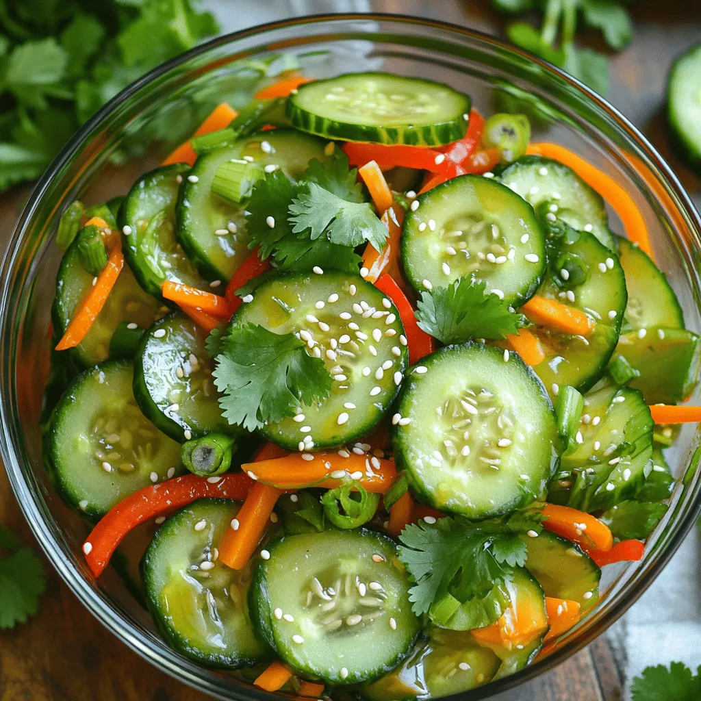 - Cucumbers - Carrots - Red bell pepper - Green onions - Fresh cilantro - Rice vinegar - Soy sauce - Honey (or maple syrup) - Sesame oil - Ginger - Garlic You can add more veggies or proteins to make the salad even better. Try snap peas, shredded cabbage, or diced chicken for a heartier dish. If you like, add nuts for crunch. Peanuts or cashews work well and add flavor. You can also mix in cooked shrimp or tofu for a protein boost. Each choice adds a new twist to this salad, so feel free to experiment and find your favorite combination. For the full recipe, refer to the Crunchy Asian Cucumber Salad. Start with your cucumbers. I like to use large ones for this salad. Slice them thinly. You can use a knife or a mandoline for even cuts. If you want, sprinkle salt on the slices and let them sit in a colander for 15 minutes. This draws out extra moisture, making your salad crispier. Rinse the slices and pat them dry with a towel. Next, prepare the carrots. Cut them into thin sticks, also known as julienne. Then, take the red bell pepper and slice it thinly. Finally, chop the green onions and fresh cilantro. All these veggies will add great color and crunch. Now, let’s make the dressing. Grab a small bowl and whisk together the rice vinegar, soy sauce, honey or maple syrup, and sesame oil. Add grated ginger and minced garlic to the bowl. You can season it with a little salt and pepper too. Mix everything well until you have a smooth dressing. This will bring out all the flavors in your salad. It’s time to put everything together. In a large bowl, combine your sliced cucumbers, julienned carrots, sliced red bell pepper, chopped green onions, and cilantro. Pour the dressing over the veggies. Toss everything gently, so all the pieces get coated. This is where the magic happens! Let the salad rest for at least 10 minutes. This helps the flavors meld together. Before serving, give it another gentle toss and sprinkle sesame seeds on top. You can find the full recipe for this crunchy Asian cucumber salad to enjoy with your family or friends! To make your cucumbers crunchy, start with fresh ones. Look for firm cucumbers without soft spots. You can sprinkle salt on sliced cucumbers. Let them sit in a colander for 15 minutes. This helps draw out water. Afterward, rinse them and pat them dry. This technique prevents a soggy salad. You can adjust the salad's flavor easily. Add chili flakes for heat if you like spice. You can also try a splash of lime juice for a zesty touch. If you want a sweeter taste, increase the honey or maple syrup. Taste the dressing as you mix. This way, you can find the right balance for your palate. Presentation matters when serving your salad. A glass bowl shows off the bright colors. Consider garnishing with extra cilantro leaves. A sprinkle of sesame seeds on top adds crunch and flair. You can also serve it chilled for a refreshing bite. The way you serve can make the dish more appealing. {{image_2}} You can make this salad heartier by adding protein. Here are some options: - Chicken: Grilled or rotisserie chicken works well. Slice it thinly and add it on top. - Tofu: Use firm tofu. Press it, cube it, and pan-fry until golden for a tasty crunch. - Shrimp: Cooked shrimp adds a sweet, seafood flavor. Toss it in right before serving. Adding protein not only boosts the taste but also makes the salad more filling. Changing the dressing can give this salad a new twist. Here are some ideas to try: - Lime Juice: Swap rice vinegar for fresh lime juice for a zesty kick. - Herbs: Use mint or basil instead of cilantro for a different flavor. - Spicy Sauces: Add sriracha or chili garlic sauce if you like heat. Just a little will spice things up. Experimenting with flavors can make this salad your own. Fresh, seasonal veggies can enhance this salad. Consider these options: - Radishes: They add a nice crunch and a peppery bite. - Bell Peppers: Use yellow or orange peppers for sweetness and color. - Snap Peas: These add a crisp texture and bright flavor. Incorporating seasonal ingredients keeps your salad fresh and exciting. To keep your salad fresh, store it in an airtight container. This helps lock in flavor and crispness. If you have leftovers, avoid adding the dressing until you are ready to eat. This will keep the salad crunchy. In the fridge, the salad lasts about 3 days. After that, the cucumbers may become soggy. If you notice any off smells or colors, it’s best to toss it out. Always check before you eat. Freezing cucumber salad isn’t recommended. The texture changes when thawed. If you want to freeze it, try freezing just the dressing. You can use the dressing later on a fresh batch of salad. This way, you can enjoy the flavors without losing quality. Yes, you can! To keep it fresh, prep the veggies first. Slice the cucumbers and carrots, then store them in an airtight container. Keep the dressing separate until you're ready to serve. This way, the salad won’t get soggy. When you are ready to eat, mix the veggies with the dressing. This keeps all the crunch intact. This salad is full of good stuff. Cucumbers are hydrating and low in calories. Carrots add fiber and vitamin A. Red bell peppers pack in vitamin C. Green onions and cilantro are herbs that add flavor and nutrients. Sesame seeds provide healthy fats and protein. Together, these ingredients make a tasty dish that’s good for your body. You can easily change this recipe. For gluten-free, use tamari instead of soy sauce. To make it vegan, swap honey for maple syrup. If you want to cut sugar, use less honey or maple syrup. You can also add more veggies or proteins to fit your needs. This recipe is flexible and can fit many diets. This blog post covers how to make a tasty salad from fresh ingredients. You learned about the main ingredients, dressing, and optional add-ins to customize your dish. I shared step-by-step instructions for preparing, dressing, and assembling your salad. You also discovered tips for perfect texture and flavor, plus ideas for variations. Finally, I outlined how to store your salad. Now you can create a delicious, healthy dish that suits your taste and needs. Enjoy your salad-making journey!