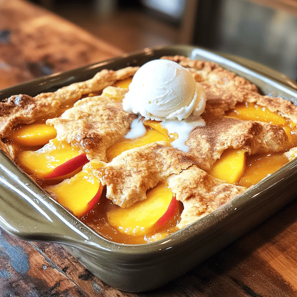 To make a great peach cobbler, you need good peaches. Use 4 cups of fresh peaches. Peel and slice them well. Sweeten the peaches with 1 cup of granulated sugar, divided into two parts. Add 2 tablespoons of lemon juice to brighten the flavor. A touch of 1 teaspoon of vanilla extract adds warmth. Finally, mix in 1 tablespoon of cornstarch to help the juices thicken. Now, let’s gather our baking staples. You will need 1 ½ cups of all-purpose flour to create the base. The 1 tablespoon of baking powder helps the dough rise. Don’t forget to add ½ teaspoon of salt for balance and ¼ teaspoon of ground cinnamon for warmth. To add some caramel flavor, include ½ cup of unsalted butter, melted. And for the perfect topping, use ½ cup of brown sugar, packed. For the wet part of the batter, you’ll need 1 cup of milk and 1 egg. These will give the cobbler a rich texture. The combination of wet and dry helps create a lovely batter. Once combined, this mix will sit on top of the peach layer. Finally, remember to have 1 cup of boiling water ready. This water creates a nice, crisp top as the cobbler bakes. For the full recipe, check out the complete instructions above. Start by washing the peaches. Use fresh, ripe peaches for the best flavor. I like to peel them, but you can keep the skin on if you prefer. Slice the peaches into thin pieces. In a large bowl, mix the peach slices with ½ cup of granulated sugar, lemon juice, vanilla extract, and cornstarch. Toss gently until the peaches are well coated. This helps to sweeten the fruit and thicken the juices. Once mixed, pour the peach mixture into your buttered baking dish. In another bowl, combine the dry ingredients. Whisk together the flour, baking powder, salt, cinnamon, and the remaining ½ cup of granulated sugar. In a separate small bowl, mix the melted butter, milk, and egg. Pour the wet mixture into the dry ingredients. Stir until just combined. You want to keep it simple. Do not overmix; lumps are okay. Now it’s time to layer the cobbler. Pour the batter evenly over the peaches in the baking dish. Do not stir; let the batter float on top. This creates a nice layer. Next, sprinkle brown sugar evenly over the batter. Carefully pour 1 cup of boiling water over the entire cobbler. It may seem odd, but this step is key. The hot water helps create that crispy layer on top while keeping the peaches juicy. Do not stir; just let it sit. Now, it's ready to bake. To get the best peach cobbler, focus on the batter. Mix it just enough to blend. Overmixing can make it tough. The batter should be thick but pourable. When you add boiling water, it helps create a nice crust. Bake until the top is golden brown and crisp. Fresh peaches make a huge difference. Look for ripe, fragrant peaches. They should feel slightly soft when you press gently. Avoid peaches that are hard or have blemishes. If peaches are out of season, you can use frozen ones. Just thaw and drain excess juice before using. Serve your peach cobbler warm. It tastes best fresh from the oven. A scoop of vanilla ice cream on top adds a creamy contrast. You can also use whipped cream for extra sweetness. A sprinkle of cinnamon on top makes it look great too. - Presentation Tips for the Cobbler: - Use a shallow dish for even cooking. - Cut into squares for neat servings. - Place on a dessert plate for a nice touch. - Garnish with fresh peach slices or mint leaves. Try these tips for a perfect peach cobbler every time. For the complete recipe, check out the Full Recipe section. {{image_2}} You can change up the fruit in your peach cobbler. Try using ripe blueberries, tart cherries, or sweet strawberries. Each fruit gives a new taste. You can mix different fruits too. A mix of peaches and blackberries works well. Just make sure you keep the same amount of fruit when you switch. Making gluten-free peach cobbler is easy and tasty. Use a gluten-free flour blend instead of all-purpose flour. Look for blends that have a mix of rice flour, potato starch, and tapioca flour. This will give you a nice texture. You might need to add a bit more baking powder for lift. The rest of the recipe stays the same. Your gluten-free cobbler will taste great! Adding spices can bring new life to your peach cobbler. Try adding a little nutmeg or ginger to the batter. These spices can add warmth and depth. You can also mix in some chopped nuts or granola. This adds a nice crunch and flavor. Just sprinkle them on top of the batter before you bake. The nuts will toast and give a great texture contrast to the soft peaches. If you want to explore more, check out the Full Recipe for all the details! To store leftover peach cobbler, let it cool first. Cover the dish with plastic wrap or foil. You can also transfer slices to an airtight container. Store it in the fridge for up to four days. This keeps it fresh and tasty for later. When you want to enjoy the cobbler again, preheat your oven to 350°F (175°C). Place the cobbler in an oven-safe dish. Cover it with foil to keep it moist. Heat for about 15-20 minutes. You can also use the microwave. Just heat a slice for 30 seconds to 1 minute, depending on your microwave. If you want to freeze the peach cobbler, let it cool completely. Wrap it tightly in plastic wrap and then foil. This prevents freezer burn. You can freeze it for up to three months. When you're ready to eat it, move it from the freezer to the fridge for a night to thaw. - Tips for Thawing and Serving Later: After thawing, reheat it in the oven as mentioned above. This helps restore the crisp top. Serve it warm with ice cream or whipped cream. Enjoy the sweet, peachy goodness! For the complete recipe, check out the Full Recipe section. Yes, you can use canned peaches. They save time and effort. Just be sure to drain them well. This prevents extra juice from making your cobbler soggy. Canned peaches may be sweeter than fresh ones, so adjust the sugar if needed. Use about four cups of drained canned peaches for this recipe. You can prepare the peach filling in advance. Mix the peaches with sugar, lemon juice, and cornstarch. Store it in the fridge for up to two days. You can also prepare the batter ahead of time. Keep it covered in the fridge. When you are ready, simply assemble and bake. This way, you’ll have a hot dessert in no time! Peach cobbler is best served warm. I love it with a scoop of vanilla ice cream or a dollop of whipped cream. The cool creaminess pairs so well with the warm cobbler. You can also sprinkle some cinnamon on top for added flavor. A cobbler has a thick, biscuit-like topping. It's soft and fluffy. A crisp has a crunchy topping made of oats or nuts. It’s often more crumbly. A crumble is similar but usually has a softer texture. All three desserts are delicious, but each has its unique charm. In this post, I covered all you need to make a great peach cobbler. From selecting fresh peaches to perfecting the batter, each step matters. I shared tips for the best texture and tasty variations like gluten-free options. Don't forget how to store and reheat leftovers for later enjoyment. Explore creativity in your cobbler and impress family and friends. With these tips, you’ll craft a dessert that everyone will love. Enjoy every bite!
