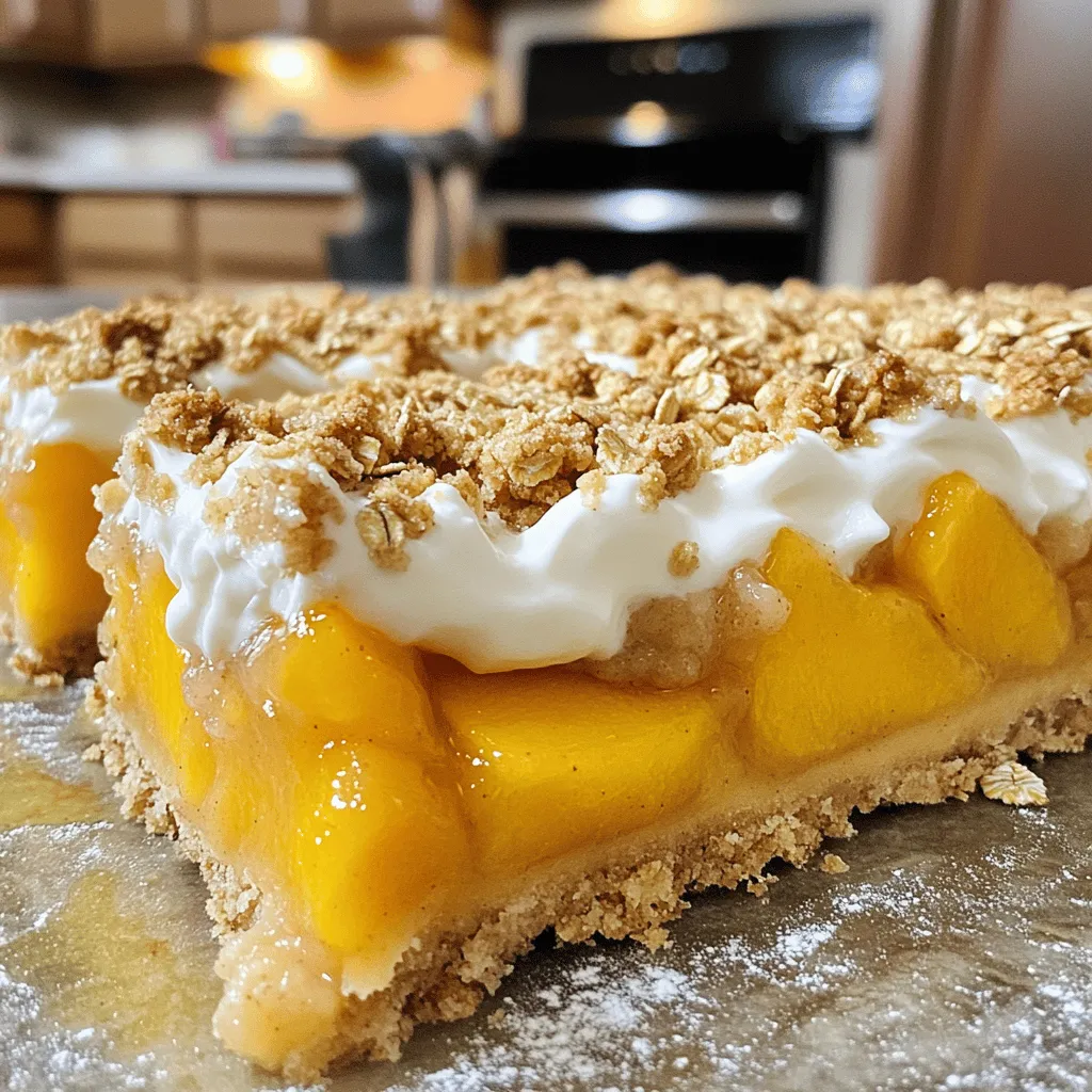 - Ripe peaches: You need 4 ripe peaches. Peel and slice them thinly. Fresh peaches give the best flavor and texture. - Essential baking ingredients: Gather 2 cups of all-purpose flour, 1 cup of old-fashioned oats, 1 cup of granulated sugar, 1/2 cup of brown sugar, 1/2 teaspoon of baking powder, and 1/4 teaspoon of salt. These create the perfect base for the crumbly topping and crust. - Flavor enhancers: Use 1 teaspoon of vanilla extract, 1/2 teaspoon of almond extract, and the zest of 1 lemon. These add bright flavors that make the bars stand out. This simple list of ingredients will help you make the best Peaches and Cream Crumble Bars. You can find the Full Recipe for more detailed steps and tips. First, you need to prepare the peaches. Slice the ripe peaches and put them in a bowl. Toss the peaches with lemon zest, cornstarch, and a bit of sugar. This action helps the peaches release their juices and makes them sweet. Let the mixture sit for about 15 minutes. This step is key because it enhances the flavor and thickens the filling. Next, you’ll make the crust and topping. In a large bowl, mix the flour, oats, brown sugar, baking powder, and salt together. These dry ingredients create a great base. Pour in the melted butter and stir until it becomes crumbly. You want it to look like coarse crumbs. This texture will give your crumble bars a nice crunch. Now it’s time to layer everything in the baking dish. Start by pressing half of your oat mixture firmly into the bottom. This forms the crust. After that, spoon the peach mixture over the crust evenly. Spread it out gently so every bite has peach goodness. In a separate bowl, whip the heavy cream until soft peaks form. Fold in vanilla and almond extracts for added flavor. Carefully spread this whipped cream mixture over the peaches. Finally, sprinkle the remaining crumble on top. Preheat your oven to 350°F (175°C). Bake the bars for 30 to 35 minutes. You will know they are done when the top is golden brown and the peaches are bubbly. Remember, watching the color is important for perfect results. Allow the bars to cool completely. Use parchment paper to lift them out of the pan and cut them into squares. Enjoy your Peaches and Cream Crumble Bars warm or chilled. For the full recipe, refer to the earlier section. To get the best texture in your Peaches and Cream Crumble Bars, pay close attention to ingredient temperatures. Use cold butter for the crumble to keep it crumbly. If your butter is warm, it can lead to a dense topping. Additionally, let your heavy cream chill before whipping. This helps it reach soft peaks faster. Baking adjustments may be needed for different ovens. Each oven heats differently and can affect baking time. Check your bars a few minutes early. If they look golden brown and bubbly, they are likely done. If not, give them a few more minutes. These bars shine with a scoop of vanilla ice cream on the side. The creaminess of the ice cream complements the sweet peaches well. You can also drizzle a bit of caramel sauce for extra sweetness. For serving temperature, I suggest enjoying them warm. The warm bars melt the ice cream just right. However, chilled bars are also delicious and refreshing, especially on a hot day. One common mistake is overmixing the crumble. Mix just until the butter combines with the dry ingredients. If you mix too long, the texture will become tough. Another mistake is baking time. Under-baking leads to soggy bars, while over-baking makes them dry. Aim for a golden top and bubbly peaches. This means they are just right. {{image_2}} You can use many fruits in crumble bars. Try ripe apricots, sweet plums, or juicy berries. Each fruit brings its own flavor and texture. When using different fruits, adjust the sweetness. Some fruits, like strawberries, are sweeter. Others, like rhubarb, are more tart. Taste the fruit before adding sugar for the best result. For gluten-free options, use almond or coconut flour instead of all-purpose flour. You can also swap oats for gluten-free oats. This keeps the recipe safe for those with gluten issues. If you want a dairy-free cream layer, use coconut cream. It gives a nice, rich taste without dairy. Add spices like cinnamon or nutmeg for extra warmth. They make the bars feel cozy and inviting. You can also mix in chopped nuts for crunch. Walnuts or pecans work well. For a sweet twist, drizzle chocolate or caramel on top before serving. It adds a fun layer of flavor. These enhancements make your bars unique and delightful. To keep your Peaches and Cream Crumble Bars fresh, store them in the fridge. Place them in an airtight container. This will help maintain their moisture and flavor. They can stay good for about 3 to 5 days. If you want to store them longer, freeze the bars. Cut them into squares first. Wrap each square in plastic wrap, then place them in a freezer-safe bag. They can last up to 3 months in the freezer. When you're ready to eat them, just thaw them in the fridge overnight. To reheat the crumble bars, use the oven for the best results. Preheat your oven to 350°F (175°C). Place the bars on a baking sheet lined with parchment paper. Heat them for about 10-15 minutes. This method keeps the topping crunchy and the filling warm. If you're in a hurry, you can use the microwave. Heat the bars for 15-20 seconds at a time until warm. However, this method may make the crumble less crisp. To keep the crumble fresh longer, always store it properly and avoid leaving it out at room temperature. Peaches and Cream Crumble Bars stay fresh for about 3 to 5 days in the fridge. Store them in an airtight container to keep them moist. If you want to save them longer, freezing is a good option. In the freezer, they can last for up to 2 months. Just make sure to wrap them well in plastic wrap or foil. When you want to enjoy them again, let them thaw in the fridge overnight. You can use canned peaches if fresh ones are not available. Canned peaches are convenient and save time. However, they may be softer and have extra syrup. This can make your crumble bars too wet. If you choose canned peaches, drain them well and reduce the added sugar. Fresh peaches have a firmer texture and better flavor, making them the best choice for this recipe. Yes, you can prep these bars ahead of time. You can make the crust and topping a day before and store them in the fridge. For the peach layer, slice the peaches and toss them with lemon zest and cornstarch. Store them in a covered bowl in the fridge for up to 24 hours. When ready to bake, just layer everything and pop it in the oven. This makes for an easy dessert when you have guests! In this blog post, we explored how to create delightful Peaches and Cream Crumble Bars. We looked at key ingredients, detailed instructions, and essential tips to get the best texture. Remember to choose ripe peaches and get the crust just right. Avoid common mistakes like overmixing and under-baking. You can also try different fruits and dietary options to make the recipe your own. With the right care, your bars will taste amazing and stay fresh longer. Enjoy making this treat that friends and family will love!