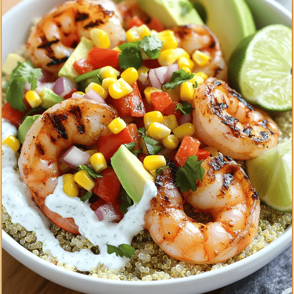 - 1 lb large shrimp, peeled and deveined - 1 ripe avocado, diced - 1 cup fresh corn (or canned/frozen corn) - 2 tablespoons olive oil - 1 teaspoon smoked paprika - 1 teaspoon garlic powder - 1 teaspoon honey - Additional garnishes like cilantro or lime wedges This dish is all about balance. The shrimp brings a sweet and tender bite. The avocado adds creaminess, while the corn adds a pop of sweetness. Each ingredient plays its part. The spices enhance the shrimp, giving it a smoky flavor. Olive oil helps keep the shrimp moist on the grill. Smoked paprika adds depth, and garlic powder infuses a warm taste. You can add honey for a touch of sweetness. It complements the spicy notes of the shrimp. Extra garnishes like fresh cilantro or lime wedges can brighten the dish. For the full recipe, check out the recipe section. This bowl is a delight to make and eat. Enjoy the simple joy of fresh ingredients! To start, gather your ingredients for the shrimp marinade. You will need: - 1 lb large shrimp, peeled and deveined - 2 tablespoons olive oil - 1 teaspoon smoked paprika - 1 teaspoon garlic powder - Salt and pepper to taste In a bowl, mix the shrimp with olive oil, smoked paprika, garlic powder, salt, and pepper. This blend adds great flavor to your shrimp. Let the shrimp marinate for at least 15 minutes. This simple step makes a big difference in taste. Next, let’s make the corn salsa. For this, you will need: - 1 cup fresh corn (or canned/frozen corn) - 1 red bell pepper, diced - 1/4 red onion, finely chopped - 1/4 cup fresh cilantro, chopped - 1 lime, juiced - Salt and pepper to taste In a medium bowl, combine your corn, diced red bell pepper, chopped red onion, cilantro, and lime juice. Stir well to mix all the flavors. Taste the salsa and add salt and pepper as needed. This salsa adds a fresh crunch to your shrimp bowl. Now, let’s whip up the creamy sauce. For this sauce, gather: - 1/2 cup Greek yogurt - 1 tablespoon lime juice (for the creamy sauce) - 1 teaspoon honey (optional) - Salt and pepper to taste In a small bowl, whisk together the Greek yogurt, lime juice, and honey if you choose to use it. This sauce should be creamy and tangy. If it’s too thick, add a bit of water to thin it out. Taste it and adjust the salt and pepper as needed. This sauce ties all the flavors together nicely. It’s time to grill the shrimp. Here are the steps: - Preheat your grill or grill pan to medium-high heat. - Place the marinated shrimp on the grill. Grill the shrimp for about 2-3 minutes on each side. You will know they are done when they turn opaque and curl up. Remove them from the grill and set them aside. Perfectly grilled shrimp is key to a great bowl. Lastly, let’s put everything together. Start by layering the ingredients in each serving bowl. Here’s how: - Add a base of cooked rice or quinoa. - Layer with grilled shrimp. - Top with corn salsa and diced avocado. Drizzle the creamy sauce over the top for extra flavor. For a nice touch, garnish with extra cilantro or lime wedges. This colorful bowl is not only tasty but also looks beautiful on your table. For the full recipe, check out the complete guide. Enjoy your cooking! To make great grilled shrimp, watch out for a few common mistakes. First, don't over-marinate the shrimp. Fifteen minutes is enough time for flavor. If you marinate too long, the shrimp can become mushy. Second, use high heat to grill them. This helps to create that nice char and keeps them juicy. Cook the shrimp for just 2-3 minutes per side. You'll know they’re done when they turn opaque. For optimal flavor, season the shrimp well. Use smoked paprika and garlic powder in the marinade. These spices add depth and smokiness. A touch of salt and pepper brightens the taste. You can also add a squeeze of lime juice before grilling for an extra zing. To make your corn salsa even better, consider adding more ingredients. Try diced jalapeños for heat or chopped tomatoes for freshness. You can also add black beans for protein and texture. Fresh herbs like basil or mint can add a new twist. When serving, pair the salsa with tortilla chips for crunch. It also works great as a topping for tacos or as a fresh side dish. This salsa is versatile and can be enjoyed in many ways. If you want to switch up the creamy sauce, use different ingredients. Swap Greek yogurt for sour cream for a tangy taste. You can also try avocado instead of yogurt for a rich, creamy texture. Customization options are endless. Add hot sauce for heat or garlic for extra flavor. You can even mix in fresh herbs like dill or cilantro to complement the shrimp. Explore these variations to find your favorite twist on this sauce. For the full recipe, check out the detailed instructions above. {{image_2}} You can switch out the shrimp for chicken, tofu, or fish. Each choice brings its own flavor. For chicken, use boneless thighs or breasts, marinated the same way. Tofu works great too! Just press it to remove water and then cube it before marinating. Fish like salmon or tilapia also grill well. Adjust your cooking time to ensure everything is cooked perfectly. While this bowl shines with rice or quinoa, you can use leafy greens too. Spinach or mixed greens add a fresh crunch. If you prefer grains, try farro or barley for a nutty taste. Each base gives a different texture and flavor to the bowl. Feel free to experiment! Change the ingredients based on what's fresh. In summer, add tomatoes or cucumbers for extra crunch. In fall, roasted squash can add warmth. Pair your bowl with seasonal herbs like basil in summer or sage in fall. This keeps your dish exciting and new, no matter the time of year. To keep your grilled shrimp bowl fresh, store leftovers right away. Use airtight containers. This keeps moisture in and air out. The shrimp, salsa, and sauce can all be stored together. However, I suggest keeping the avocado separate to prevent browning. - Best Practices for Refrigeration - Cool the bowl to room temperature before placing it in the fridge. - Consume your leftovers within 2-3 days for best taste. - Freezing Tips - For longer storage, freeze the shrimp and salsa separately. - Use freezer-safe bags and remove as much air as possible. - The sauce can also freeze well in small portions. When you’re ready to enjoy your bowl again, you’ll want to reheat it correctly. This helps maintain the flavors and texture. - Methods to Maintain Quality - Use a microwave for quick warming, but avoid overheating. - Consider reheating on the stove for better texture. - Time and Temperature Recommendations - Heat in the microwave for about 1-2 minutes. - On the stove, warm over low heat for around 5-7 minutes. Knowing how long your ingredients last helps avoid waste. It’s important to check for signs of spoiling. - How Long Ingredients Last - Grilled shrimp lasts about 2-3 days in the fridge. - Corn salsa and creamy sauce can last up to 3-4 days. - Signs of Spoiling - Look for changes in color or smell. - If the shrimp feels slimy, it’s best to discard it. You can find the [Full Recipe] for this delightful grilled shrimp bowl earlier in the article. You can tell shrimp is done when it turns pink and opaque. The texture should be firm but not rubbery. If the shrimp curls tightly, it is overcooked. A good rule is to cook shrimp for about 2-3 minutes on each side. Always check to avoid a tough bite. Yes, frozen shrimp works great! Just make sure to thaw it before cooking. To defrost, place the shrimp in the fridge overnight or run it under cold water for a quick thaw. This keeps the shrimp juicy and tasty. Fresh shrimp has a slight edge in flavor, but frozen shrimp is still delicious. This shrimp bowl pairs well with rice or quinoa as a base. You can also add fresh greens for extra crunch. Consider serving with a side of black beans or a light salad. These options balance flavors and give you a full meal that’s satisfying. Yes, this recipe is gluten-free! All the ingredients used are safe for a gluten-free diet. Always double-check labels on sauces and seasonings. If you use packaged ingredients, ensure they are certified gluten-free to avoid any cross-contamination. You can prep some components ahead of time. Marinate the shrimp a few hours in advance for deeper flavor. You can also make the corn salsa and creamy sauce earlier in the day. However, I recommend grilling the shrimp fresh for the best taste. Enjoy the flavors when they are at their peak! This article covered how to make a delicious shrimp bowl. You learned about the main ingredients like shrimp, avocado, and corn, plus the spices that add flavor. We also discussed step-by-step instructions, from marinating to grilling. I shared tips for perfecting your shrimp and enhancing your corn salsa. In your kitchen, enjoy experimenting with different proteins and bases. Each variation can create a unique twist. Remember, fresh ingredients make a big difference. With practice, you can master this dish and impress your friends and family.