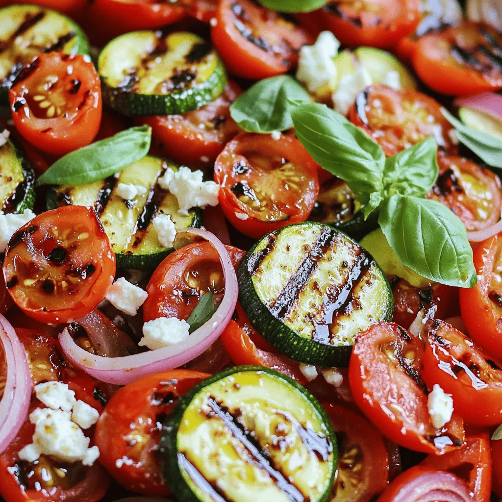 - 3 medium zucchinis, sliced into 1/4-inch rounds - 1 red bell pepper, sliced - 1 cup cherry tomatoes, halved - 1/2 red onion, thinly sliced - 2 tablespoons olive oil - 1 teaspoon garlic powder - Salt and pepper to taste - 1/4 cup crumbled feta cheese - Fresh basil leaves for garnish - Balsamic glaze for drizzling (optional) To make my grilled zucchini salad, I start with fresh, vibrant ingredients. The zucchinis are the star of the show. I slice them into 1/4-inch rounds. This size helps them grill nicely. The red bell pepper adds a sweet crunch. I slice it thin, too. Cherry tomatoes bring juicy bursts of flavor. Halving them lets their sweetness shine. Next, I thinly slice half a red onion. It adds a sharpness that balances the dish. I use olive oil to coat all the veggies. Just two tablespoons is enough. I sprinkle garlic powder for a nice kick. Salt and pepper round it all out. For a final touch, I add crumbled feta cheese. It gives a creamy, salty flavor. Fresh basil leaves make everything look pretty. If you like, drizzle some balsamic glaze on top. It adds a tangy sweetness. You can find the full recipe at the beginning of this article. This salad is colorful, fresh, and easy to make! 1. Preheat the grill to medium heat. This makes sure that the zucchini cooks evenly. 2. In a large bowl, toss together the vegetables with olive oil, garlic powder, salt, and pepper. Make sure every piece gets a good coat. 3. Place the zucchini and bell pepper slices on the grill. Grill them for about 3-4 minutes on each side. Look for nice grill marks and a tender texture. Once done, remove them from the grill and let them cool slightly. 1. Take a large platter or bowl. Arrange the grilled zucchinis, bell peppers, cherry tomatoes, and red onion in it. 2. Sprinkle crumbled feta cheese over the top. This adds a creamy, salty touch. 3. Finish by garnishing with fresh basil leaves. If you want, drizzle with balsamic glaze for extra flavor. - This salad is best served warm or at room temperature. It’s perfect for picnics or casual dinners. - Drizzle with optional balsamic glaze to enhance the taste. This adds a sweet and tangy flavor that complements the veggies well. For the full recipe, check out the [Full Recipe]. - Choosing the right zucchinis: Pick firm zucchinis that feel heavy for their size. Look for bright green skin without blemishes. Smaller zucchinis are sweeter and more tender. - Avoiding mushy texture when grilling: Slice zucchinis into 1/4-inch rounds. This thickness helps them cook evenly. Avoid overcooking; aim for grill marks and a bit of crunch. - Suggested seasonings and spices: Use garlic powder, salt, and pepper for a simple base. Add a pinch of red pepper flakes for heat. Fresh herbs like thyme or oregano also work well. - Recommended dressings or marinades: A light balsamic vinaigrette adds great flavor. You can also try a lemon herb dressing for a fresh twist. Marinade your veggies for 30 minutes to boost taste. - Creative plating ideas: Serve the salad in a large bowl or on a colorful platter. Layer the grilled zucchinis and peppers for height. - Using colorful garnishes: Fresh basil leaves add a pop of green. Crumbled feta cheese brightens the dish. A drizzle of balsamic glaze gives it a shiny finish. For the complete details on how to prepare this dish, check the Full Recipe. {{image_2}} If you want to swap out feta cheese, try using goat cheese or ricotta. These cheeses add creaminess and flavor. If you prefer a dairy-free option, use avocado or a nut-based cheese. For protein, grilled chicken or chickpeas work well. Chicken adds heartiness, while chickpeas provide plant-based protein. Both options pair nicely with the fresh veggies. You can add other veggies for variety. Try corn, asparagus, or eggplant. These vegetables add different textures and flavors. In summer, fresh herbs like dill or mint can brighten the dish. In fall, consider roasted butternut squash or sweet potatoes. Both add warmth and a bit of sweetness. This way, you can enjoy seasonal flavors year-round. Different dressings can change the whole dish. A lemon vinaigrette offers a zesty kick. Combine olive oil, lemon juice, salt, and pepper for a quick mix. For a healthier option, try yogurt-based dressings. They add creaminess without extra fat. You can also use balsamic glaze for a touch of sweetness. It adds a nice finishing touch to your salad. For the full recipe, check out the earlier section. Enjoy making this dish your own! To keep your grilled zucchini salad fresh, store it in an airtight container. This method prevents air from making the salad soggy. Make sure to cool the salad before sealing the container. You can keep the salad in the fridge for up to three days. After that, the veggies may lose their crunch. Grilled vegetables taste best fresh, but you can reheat them. Heat them gently in a pan over low heat. This method helps maintain their texture. Avoid using a microwave, as it can make them mushy. Just warm them until they are heated through. For quick meals, prepare the salad in advance. Chop the veggies and store them separately. Keep the zucchini and bell peppers in one container, and the cherry tomatoes and onions in another. This way, they stay fresh until you're ready to serve. When you're ready to eat, just grill the zucchini and bell peppers, then mix everything together. Grilling zucchini is quick and easy. I suggest grilling for about 3 to 4 minutes on each side. You want them to get nice grill marks. The zucchini should be tender but not mushy. This cooking time gives you the best results for flavor and texture. Yes, you can grill zucchini without oil. Just slice the zucchini and season it with salt and pepper. Place it on the grill. The natural moisture in the zucchini will help it cook. You can also use a non-stick grill mat. This method is great for those who want to cut down on oil. This salad pairs well with many dishes. You can serve it with grilled chicken, fish, or steak. It also goes great with quinoa or rice for a filling meal. For a light lunch, serve it with crusty bread or a side of hummus. Yes, you can easily make this salad vegan. Simply omit the feta cheese or use a plant-based cheese instead. You can also add chickpeas for protein. This makes the salad hearty and filling while keeping it fresh. This blog post showed you how to make a fresh grilled zucchini salad. You learned what ingredients to use and steps to grill the veggies perfectly. I shared tips for flavor and presentation, along with variations to suit your taste. Storing leftovers and meal prep showed how to keep things easy. Enjoy this salad warm or cold. Have fun with the ingredients and make it your own! You now have the tools to impress with a simple, healthy dish.