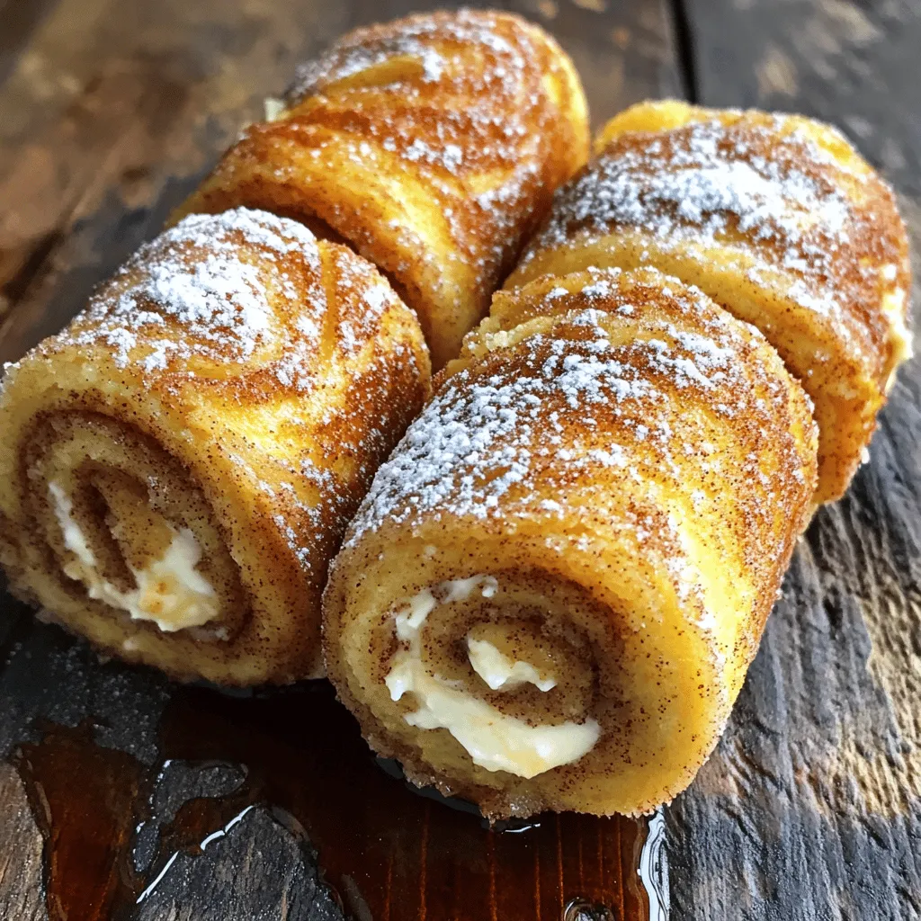 To make Cinnamon Roll French Toast Roll-Ups, you need simple ingredients. Here’s what you will need: - 6 slices of white bread (crusts removed) - 1/4 cup sugar - 2 teaspoons ground cinnamon - 1/4 cup cream cheese, softened - 2 tablespoons butter, melted - 2 large eggs - 1/2 cup milk - 1 teaspoon vanilla extract - Maple syrup (for serving) - Powdered sugar (for dusting) These ingredients come together to create a sweet and creamy treat. The white bread rolls make a perfect base. The cream cheese adds a rich and smooth filling. You’ll mix sugar and cinnamon to give that classic cinnamon roll flavor. Using fresh eggs and milk helps the roll-ups stay fluffy. When you combine the melted butter and vanilla, it adds a nice depth of flavor. Maple syrup and powdered sugar provide the finishing touches. Drizzling syrup and dusting sugar makes each bite even more special. For the full recipe, check out the detailed instructions that guide you through every step. Making Cinnamon Roll French Toast Roll-Ups is fun and simple. Follow these easy steps to create a tasty treat. - Prepare the Cinnamon Sugar: First, mix the sugar and cinnamon in a small bowl. This blend gives a sweet and spicy flavor. Set it aside for later. - Flatten the Bread: Take each slice of white bread and remove the crusts. Use a rolling pin to flatten each slice to about 1/4 inch thick. This makes it easy to roll up. - Spread the Cream Cheese: Take your softened cream cheese. Use a spoon to spread it evenly on one side of each flattened slice. Make sure to cover the whole surface for the best taste. - Roll Them Up: Start at one edge of the bread slice. Roll it tightly, sealing the cream cheese inside. This creates a nice little package of flavor. - Prepare the Egg Mixture: In a bowl, whisk together the eggs, milk, melted butter, and vanilla extract. Mix until it is smooth and well combined. This mixture will coat your roll-ups. - Coat the Roll-Ups: Dip each roll-up into the egg mixture. Make sure each one is fully coated. Then, roll it in the cinnamon sugar mix until it is covered in sweetness. - Cook the Roll-Ups: Heat a non-stick skillet over medium heat. Add a little butter to the skillet. Place the roll-ups seam side down. Cook them for about 2-3 minutes on each side until they are golden brown. - Serve Warm: When cooked, take them out of the skillet. Dust with powdered sugar and drizzle with maple syrup before serving. Enjoy your delicious treat! For the complete recipe, refer to the Full Recipe above. - Use Fresh Ingredients: Fresh bread and cream cheese make a big difference. - Ensure Even Rolling: Roll each slice tightly to keep the filling in. - Adjust Cooking Time: Cook until golden brown, not too long to avoid dryness. - Overfilling the Roll-Ups: Too much filling can cause spills while cooking. - Cooking at Too High a Heat: This can burn the outside before the inside cooks. - Skipping the Dusting: Powdered sugar adds sweetness and a pretty finish. By keeping these tips in mind, you can create delicious Cinnamon Roll French Toast Roll-Ups every time. Each step matters, and avoiding common mistakes will ensure your roll-ups are a hit. Enjoy your cooking adventure with these tasty treats! For a detailed guide, check the Full Recipe. {{image_2}} You can switch up the bread. Try whole wheat or gluten-free bread for a healthier option. Both work great and taste amazing. For cream fillings, use flavored cream cheese or Nutella. These add a fun twist. If you want a unique syrup, use honey or agave instead of maple syrup. Each choice brings a new flavor to your roll-ups. Add spices for more taste. Nutmeg or cardamom can enhance your roll-ups. They bring warmth and depth to the dish. You can also incorporate fruit. Sliced bananas or fresh berries add sweetness and color. If you love chocolate, mix in chocolate chips. They melt perfectly inside the roll-ups, making every bite delightful. Experimenting with these variations makes the Cinnamon Roll French Toast Roll-Ups even more fun. You can create something new each time. For the full recipe, refer to the complete guide on making these tasty treats. To keep your Cinnamon Roll French Toast Roll-Ups fresh, store them properly. - Refrigeration Guidelines: Place any leftover roll-ups in an airtight container. They will stay good in the fridge for up to three days. Make sure they cool down before sealing the container. If you don’t have an airtight container, wrap them tightly in plastic wrap. - Freezing Guidelines: For longer storage, you can freeze the roll-ups. Wrap each roll-up in plastic wrap and then place them in a freezer-safe bag. They will stay fresh for up to two months. When ready to eat, thaw them in the fridge overnight. Reheating is easy and helps keep the flavor intact. - Best Methods for Reheating: The best way to reheat roll-ups is in a skillet over medium heat. This keeps them crispy outside. You can also use an oven set to 350°F. Place them on a baking sheet for about 10 minutes. - Avoid Sogginess: To avoid sogginess, do not microwave them. Microwaving can make them mushy. Always use a dry heat method for the best results. Enjoy your warm, delicious roll-ups! To make these roll-ups, start by gathering your ingredients. You need white bread, sugar, ground cinnamon, cream cheese, butter, eggs, milk, vanilla extract, and toppings like maple syrup and powdered sugar. 1. Mix sugar and cinnamon in a small bowl. 2. Flatten each slice of bread with a rolling pin. 3. Spread cream cheese on one side of each slice. 4. Roll up the bread tightly, encasing the cream cheese. 5. Whisk eggs, milk, melted butter, and vanilla in a bowl. 6. Dip each roll into the egg mixture, then coat with cinnamon sugar. 7. Cook in a skillet with butter until golden brown. 8. Dust with powdered sugar and serve with maple syrup. You can find the full recipe for more details. Yes, you can prepare the roll-ups ahead of time. After rolling them up, place them on a plate and cover with plastic wrap. You can store them in the fridge for a few hours or overnight. When ready to cook, dip them in the egg mixture and proceed as usual. This makes breakfast easy and fun. These roll-ups taste great with various toppings. You can serve them with: - Fresh fruit like strawberries or blueberries. - A drizzle of chocolate sauce for a sweet twist. - A dollop of whipped cream for extra richness. - Nuts for added crunch. You can also serve them alongside bacon or sausage for a complete meal. Absolutely! To make this recipe dairy-free, you can use dairy-free cream cheese. You can also swap regular milk with almond milk, soy milk, or oat milk. Just ensure that your butter is dairy-free as well. If you want to replace cream cheese, here are some great options: - Mascarpone cheese for a rich flavor. - Ricotta cheese for a lighter texture. - Nut butter for a unique twist. - Vegan cream cheese for a dairy-free option. These alternatives will still keep your roll-ups delicious! Cinnamon Roll French Toast Roll-Ups are both fun and easy to make. You learned the key ingredients, step-by-step instructions, and smart tips to avoid mistakes. With a few simple changes, you can customize flavors and use different fillings. Don’t forget how to store leftovers for later enjoyment. Get creative and try new twists on this classic dish. Enjoy your cooking adventure and share these delightful roll-ups with friends and family!