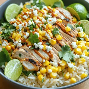 - 1 cup cooked jasmine rice - 2 chicken breasts, grilled and sliced - 1 cup sweet corn kernels (fresh or canned) - 1/2 cup crumbled feta cheese - 1/4 cup mayonnaise - 1 tablespoon lime juice - 1 teaspoon chili powder - 1/2 teaspoon garlic powder - 2 tablespoons fresh cilantro, chopped - Salt and pepper to taste - Lime wedges for garnish You can easily swap chicken for tofu if you're vegan. Instead of feta cheese, try using queso fresco for a fresh taste. For rice, brown rice offers more fiber. You can also use quinoa for a protein boost. If you want a different corn flavor, consider using roasted corn or even black beans for variety. To make this dish, you need a few key tools. A grill or grill pan is essential for cooking the chicken and corn. You will also need a medium bowl for mixing the sauce and a serving bowl for plating. A sharp knife helps with slicing the chicken and corn. Finally, a spoon is great for drizzling the sauce over the bowl. For the full recipe, check the instructions above. Should you grill fresh corn or use canned corn? Grilling fresh corn gives a rich, smoky flavor. It also adds a nice char. When grilling, cook on medium-high heat for about 5-7 minutes. Turn the corn often for even cooking. After grilling, cut the kernels off the cob. Using canned corn is quicker and easy. Just drain and set it aside. If you choose canned, you still get a tasty dish. For the best char, watch the corn closely. You want a golden brown color. This step adds a great crunch to the rice bowl. Now, let's mix the creamy sauce. Start with a small bowl. Combine mayonnaise, lime juice, chili powder, garlic powder, and a pinch of salt and pepper. Stir until everything is well mixed. Want to add a twist? Try adding a bit of smoked paprika or hot sauce. These options boost the flavor. This creamy sauce will bring your rice bowl together and make it rich and tasty. Assembling your rice bowl is fun! Start with a base of cooked jasmine rice. A cup is just right. Next, layer the grilled chicken slices over the rice. Then, add the sweet corn kernels on top. For a great look, arrange the ingredients nicely. This way, every bite has a mix of flavors. Drizzle the creamy sauce generously over the chicken and corn. Sprinkle crumbled feta cheese and chopped cilantro on top. This adds color and taste. For the final touch, serve with lime wedges. A squeeze of lime adds freshness to the bowl. Enjoy your Street Corn Chicken Rice Bowl! For the full recipe, check out the earlier sections. For the best flavor, try marinating your chicken. Use lime juice, chili powder, and garlic powder. This mix adds a nice kick. Let the chicken sit in the marinade for at least 30 minutes. This helps the spices soak in. To keep your chicken juicy, grill it over medium heat. Cook it until it reaches 165°F. Avoid overcooking, as this dries it out. Let the chicken rest for a few minutes before slicing. This allows the juices to settle back in. Pair your Street Corn Chicken Rice Bowl with fresh lime wedges and extra cilantro. The lime juice brightens the flavor. You can also add avocado slices for creaminess. Serve with tortilla chips for a crunchy side. For plating, use a large white bowl. Start with rice, then layer the chicken and corn. Drizzle the creamy sauce over the top. Finish with feta and cilantro. This makes your dish look colorful and inviting. Prep your ingredients in advance. You can grill chicken and corn the day before. Store them in the fridge. This cuts down on cooking time. Chop your cilantro and mix the sauce ahead of time. It’s easy to toss everything together when it’s time to eat. Use a rice cooker for quick jasmine rice. This frees you up for other tasks in the kitchen. For the full recipe, check out the Street Corn Chicken Rice Bowl section. {{image_2}} You can change up your Street Corn Chicken Rice Bowl by adding more colors and flavors. Try mixing in fresh veggies like bell peppers, zucchini, or red onions. They bring crunch and taste. You can also add spices such as cumin or smoked paprika for a kick. If you want a different base, swap jasmine rice for quinoa or brown rice. These grains add a nutty taste and more fiber. You can even use cauliflower rice for a low-carb option that still fills you up. To make this dish gluten-free, ensure your sauces are gluten-free. For a vegetarian option, replace chicken with grilled tofu or black beans. These choices keep the protein high while making the dish plant-based. If you want a vegan meal, switch the feta for a dairy-free cheese. You can also use a mix of avocado and lime juice as a creamy topping. To make it healthier, try using less mayo or substitute it with Greek yogurt for a tangy twist. Adding toppings can really make your bowl pop! Consider fresh avocado slices, pickled onions, or crunchy tortilla strips. These toppings not only taste great but also add fun textures. For a flavor boost, try different sauces. A drizzle of sriracha or a homemade cilantro-lime dressing can elevate the taste. You can also play with hot sauces or even barbecue sauce for a unique twist. Explore these variations to keep your Street Corn Chicken Rice Bowl exciting. Each change can bring new tastes and fun to your meal! For the full recipe, check out the recipe section above. To store your leftovers, place them in an airtight container. This keeps moisture in and air out. Make sure to cool the bowl to room temperature before sealing it. For best taste, eat the leftovers within three days. To maintain freshness, reheat only the portion you plan to eat. Avoid reheating multiple times, as it can make the food dry. You can freeze the assembled bowl or its parts. To do this, first, let everything cool. Then, portion out the rice, chicken, and corn into freezer-safe bags. Squeeze out excess air before sealing. When you want to enjoy it again, thaw it overnight in the fridge. For reheating, warm it in a microwave or on the stove. Add a splash of water to keep the rice moist. In the fridge, your Street Corn Chicken Rice Bowl lasts about three days. In the freezer, it can stay good for up to three months. Look for signs of spoilage like off smells or a change in color. If you notice any of these, it's best to toss it. Always trust your senses when it comes to food safety. A Street Corn Chicken Rice Bowl is a tasty meal that mixes grilled chicken, sweet corn, and rice. It features cooked jasmine rice as the base. You layer grilled chicken on top, add sweet corn kernels, and finish it with creamy sauce. The dish gets a kick from lime juice and chili powder, making it fresh and zesty. Crumbled feta cheese and chopped cilantro add flavor and color. Each bite is a mix of textures and tastes that you will love. To kick up the heat, add some chopped jalapeños or diced serrano peppers. You can also use spicy chili powder or hot sauce in the creamy sauce. Another option is to sprinkle red pepper flakes over the top. Start with a little and taste as you go. You can always add more heat, but it’s hard to take it away! Yes, you can prepare parts of this dish ahead of time. Cook the rice and grill the chicken in advance. You can store them in the fridge. Just keep the corn and sauce separate until you are ready to eat. This way, your bowl stays fresh and tasty. When you’re ready, just warm the rice and chicken, and assemble your bowl. It’s a perfect meal prep option! A serving of this dish has about 500 calories. You get protein from the chicken and healthy fats from the feta and mayonnaise. The rice gives you carbs for energy, while the corn adds fiber and vitamins. This bowl is a wholesome meal that can fit into many diets. You can also tweak the ingredients to meet your nutritional goals. You can easily customize this dish. For a gluten-free version, make sure the sauces are gluten-free. If you want it vegetarian, swap chicken for grilled zucchini or mushrooms. You can use dairy-free cheese instead of feta for a vegan option. Feel free to change the rice to quinoa or brown rice for a healthier choice. There are many ways to make this dish fit your needs. For the full recipe, check out the complete details above. This blog post covers everything you need for a delicious Street Corn Chicken Rice Bowl. We explored key ingredients like jasmine rice and grilled chicken, plus tasty substitutes. You learned about essential tools for cooking and tips for perfecting each step. The serving suggestions and meal prep tricks help you save time and impress. With variations and storage info, you can tailor the dish to your taste. Enjoy creating your own version of this flavorful bowl, making it easy to satisfy any craving. Happy cooking!