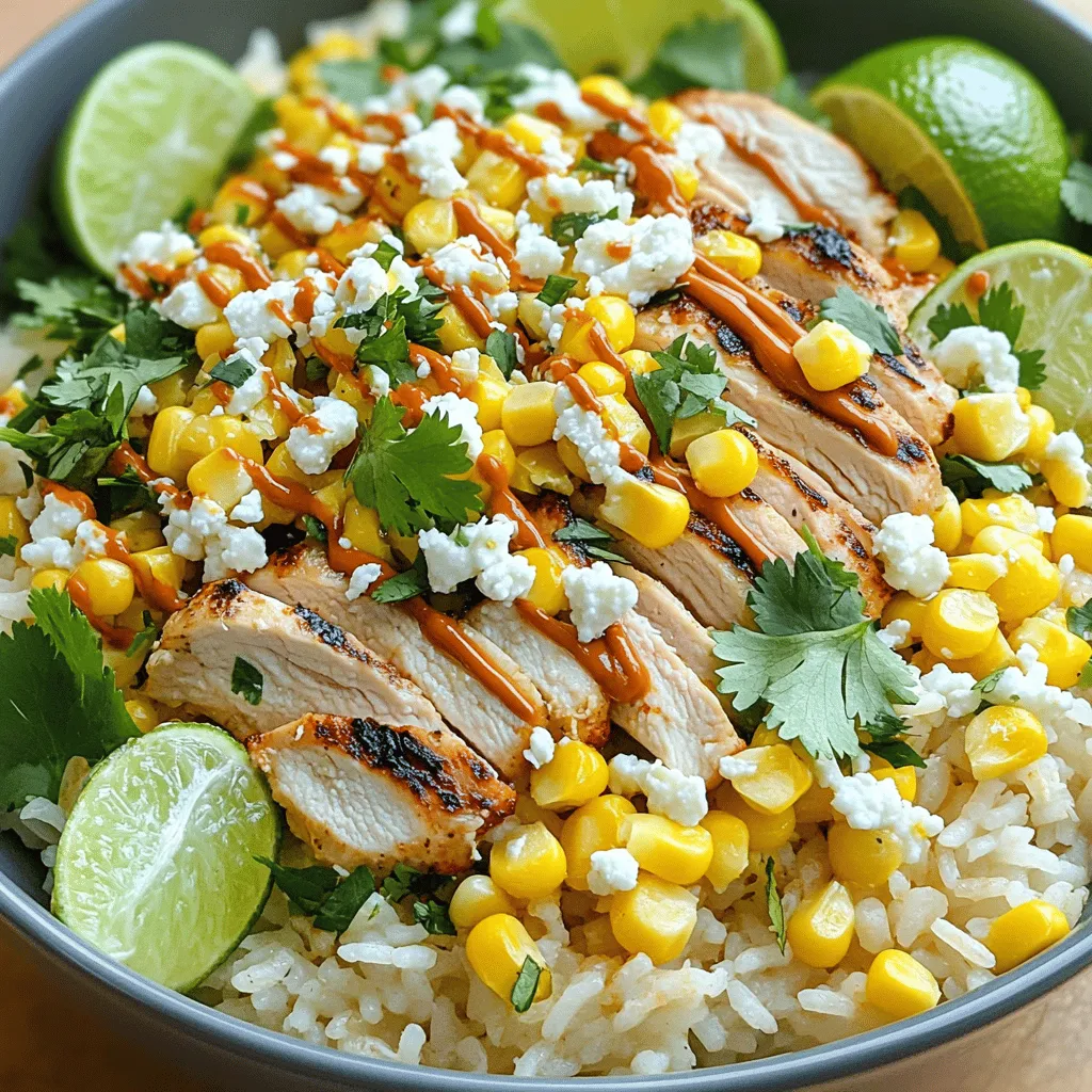 - 1 cup cooked jasmine rice - 2 chicken breasts, grilled and sliced - 1 cup sweet corn kernels (fresh or canned) - 1/2 cup crumbled feta cheese - 1/4 cup mayonnaise - 1 tablespoon lime juice - 1 teaspoon chili powder - 1/2 teaspoon garlic powder - 2 tablespoons fresh cilantro, chopped - Salt and pepper to taste - Lime wedges for garnish You can easily swap chicken for tofu if you're vegan. Instead of feta cheese, try using queso fresco for a fresh taste. For rice, brown rice offers more fiber. You can also use quinoa for a protein boost. If you want a different corn flavor, consider using roasted corn or even black beans for variety. To make this dish, you need a few key tools. A grill or grill pan is essential for cooking the chicken and corn. You will also need a medium bowl for mixing the sauce and a serving bowl for plating. A sharp knife helps with slicing the chicken and corn. Finally, a spoon is great for drizzling the sauce over the bowl. For the full recipe, check the instructions above. Should you grill fresh corn or use canned corn? Grilling fresh corn gives a rich, smoky flavor. It also adds a nice char. When grilling, cook on medium-high heat for about 5-7 minutes. Turn the corn often for even cooking. After grilling, cut the kernels off the cob. Using canned corn is quicker and easy. Just drain and set it aside. If you choose canned, you still get a tasty dish. For the best char, watch the corn closely. You want a golden brown color. This step adds a great crunch to the rice bowl. Now, let's mix the creamy sauce. Start with a small bowl. Combine mayonnaise, lime juice, chili powder, garlic powder, and a pinch of salt and pepper. Stir until everything is well mixed. Want to add a twist? Try adding a bit of smoked paprika or hot sauce. These options boost the flavor. This creamy sauce will bring your rice bowl together and make it rich and tasty. Assembling your rice bowl is fun! Start with a base of cooked jasmine rice. A cup is just right. Next, layer the grilled chicken slices over the rice. Then, add the sweet corn kernels on top. For a great look, arrange the ingredients nicely. This way, every bite has a mix of flavors. Drizzle the creamy sauce generously over the chicken and corn. Sprinkle crumbled feta cheese and chopped cilantro on top. This adds color and taste. For the final touch, serve with lime wedges. A squeeze of lime adds freshness to the bowl. Enjoy your Street Corn Chicken Rice Bowl! For the full recipe, check out the earlier sections. For the best flavor, try marinating your chicken. Use lime juice, chili powder, and garlic powder. This mix adds a nice kick. Let the chicken sit in the marinade for at least 30 minutes. This helps the spices soak in. To keep your chicken juicy, grill it over medium heat. Cook it until it reaches 165°F. Avoid overcooking, as this dries it out. Let the chicken rest for a few minutes before slicing. This allows the juices to settle back in. Pair your Street Corn Chicken Rice Bowl with fresh lime wedges and extra cilantro. The lime juice brightens the flavor. You can also add avocado slices for creaminess. Serve with tortilla chips for a crunchy side. For plating, use a large white bowl. Start with rice, then layer the chicken and corn. Drizzle the creamy sauce over the top. Finish with feta and cilantro. This makes your dish look colorful and inviting. Prep your ingredients in advance. You can grill chicken and corn the day before. Store them in the fridge. This cuts down on cooking time. Chop your cilantro and mix the sauce ahead of time. It’s easy to toss everything together when it’s time to eat. Use a rice cooker for quick jasmine rice. This frees you up for other tasks in the kitchen. For the full recipe, check out the Street Corn Chicken Rice Bowl section. {{image_2}} You can change up your Street Corn Chicken Rice Bowl by adding more colors and flavors. Try mixing in fresh veggies like bell peppers, zucchini, or red onions. They bring crunch and taste. You can also add spices such as cumin or smoked paprika for a kick. If you want a different base, swap jasmine rice for quinoa or brown rice. These grains add a nutty taste and more fiber. You can even use cauliflower rice for a low-carb option that still fills you up. To make this dish gluten-free, ensure your sauces are gluten-free. For a vegetarian option, replace chicken with grilled tofu or black beans. These choices keep the protein high while making the dish plant-based. If you want a vegan meal, switch the feta for a dairy-free cheese. You can also use a mix of avocado and lime juice as a creamy topping. To make it healthier, try using less mayo or substitute it with Greek yogurt for a tangy twist. Adding toppings can really make your bowl pop! Consider fresh avocado slices, pickled onions, or crunchy tortilla strips. These toppings not only taste great but also add fun textures. For a flavor boost, try different sauces. A drizzle of sriracha or a homemade cilantro-lime dressing can elevate the taste. You can also play with hot sauces or even barbecue sauce for a unique twist. Explore these variations to keep your Street Corn Chicken Rice Bowl exciting. Each change can bring new tastes and fun to your meal! For the full recipe, check out the recipe section above. To store your leftovers, place them in an airtight container. This keeps moisture in and air out. Make sure to cool the bowl to room temperature before sealing it. For best taste, eat the leftovers within three days. To maintain freshness, reheat only the portion you plan to eat. Avoid reheating multiple times, as it can make the food dry. You can freeze the assembled bowl or its parts. To do this, first, let everything cool. Then, portion out the rice, chicken, and corn into freezer-safe bags. Squeeze out excess air before sealing. When you want to enjoy it again, thaw it overnight in the fridge. For reheating, warm it in a microwave or on the stove. Add a splash of water to keep the rice moist. In the fridge, your Street Corn Chicken Rice Bowl lasts about three days. In the freezer, it can stay good for up to three months. Look for signs of spoilage like off smells or a change in color. If you notice any of these, it's best to toss it. Always trust your senses when it comes to food safety. A Street Corn Chicken Rice Bowl is a tasty meal that mixes grilled chicken, sweet corn, and rice. It features cooked jasmine rice as the base. You layer grilled chicken on top, add sweet corn kernels, and finish it with creamy sauce. The dish gets a kick from lime juice and chili powder, making it fresh and zesty. Crumbled feta cheese and chopped cilantro add flavor and color. Each bite is a mix of textures and tastes that you will love. To kick up the heat, add some chopped jalapeños or diced serrano peppers. You can also use spicy chili powder or hot sauce in the creamy sauce. Another option is to sprinkle red pepper flakes over the top. Start with a little and taste as you go. You can always add more heat, but it’s hard to take it away! Yes, you can prepare parts of this dish ahead of time. Cook the rice and grill the chicken in advance. You can store them in the fridge. Just keep the corn and sauce separate until you are ready to eat. This way, your bowl stays fresh and tasty. When you’re ready, just warm the rice and chicken, and assemble your bowl. It’s a perfect meal prep option! A serving of this dish has about 500 calories. You get protein from the chicken and healthy fats from the feta and mayonnaise. The rice gives you carbs for energy, while the corn adds fiber and vitamins. This bowl is a wholesome meal that can fit into many diets. You can also tweak the ingredients to meet your nutritional goals. You can easily customize this dish. For a gluten-free version, make sure the sauces are gluten-free. If you want it vegetarian, swap chicken for grilled zucchini or mushrooms. You can use dairy-free cheese instead of feta for a vegan option. Feel free to change the rice to quinoa or brown rice for a healthier choice. There are many ways to make this dish fit your needs. For the full recipe, check out the complete details above. This blog post covers everything you need for a delicious Street Corn Chicken Rice Bowl. We explored key ingredients like jasmine rice and grilled chicken, plus tasty substitutes. You learned about essential tools for cooking and tips for perfecting each step. The serving suggestions and meal prep tricks help you save time and impress. With variations and storage info, you can tailor the dish to your taste. Enjoy creating your own version of this flavorful bowl, making it easy to satisfy any craving. Happy cooking!